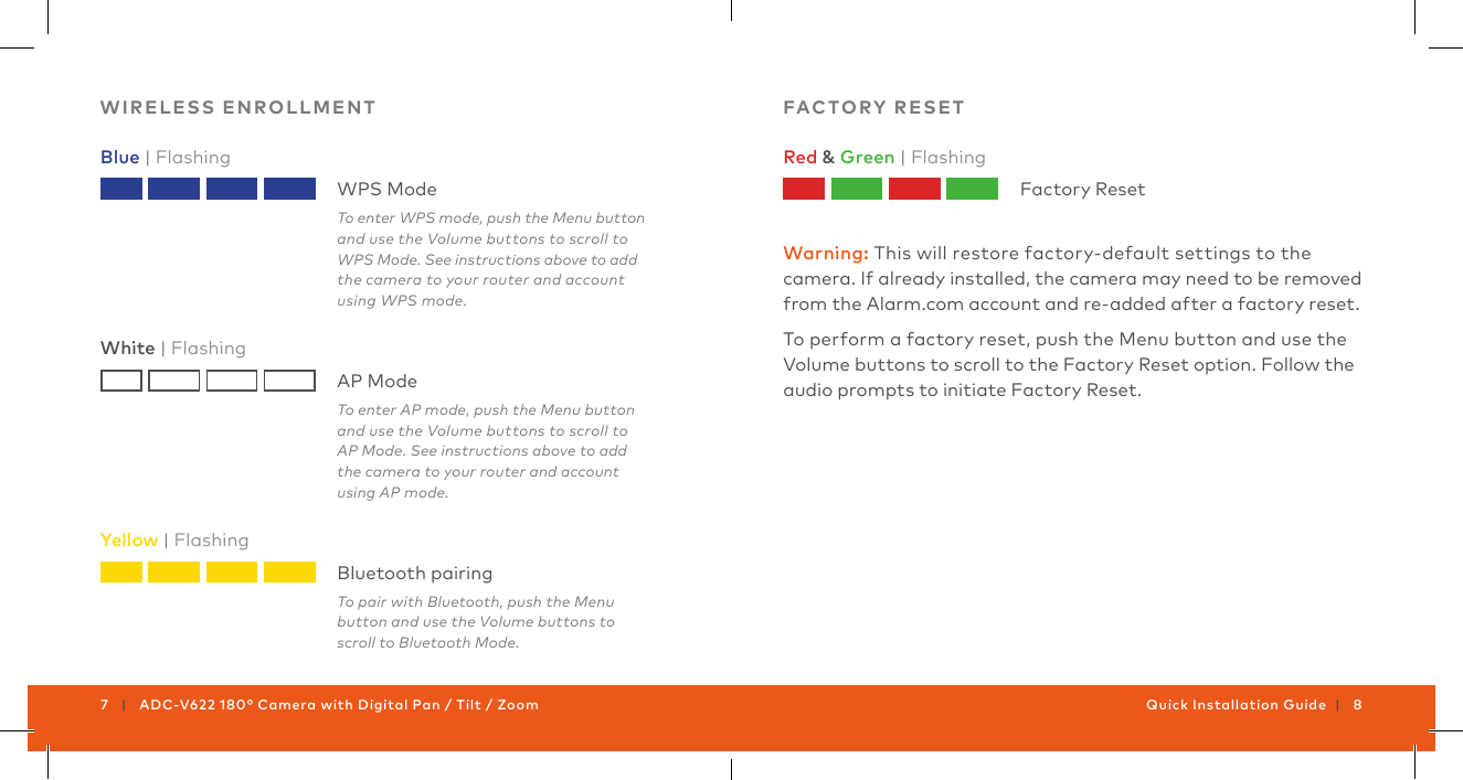 7   |   ADC-V622 180° Camera with Digital Pan / Tilt / Zoom Quick Installation Guide  |   8WIRELESS ENROLLMENTAP ModeWhite | FlashingTo enter AP mode, push the Menu button and use the Volume buttons to scroll to  AP Mode. See instructions above to add the camera to your router and account using AP mode.WPS ModeBlue | FlashingTo enter WPS mode, push the Menu button and use the Volume buttons to scroll to WPS Mode. See instructions above to add the camera to your router and account using WPS mode.Bluetooth pairingYellow | FlashingTo pair with Bluetooth, push the Menu button and use the Volume buttons to scroll to Bluetooth Mode.Factory ResetRed &amp; Green | FlashingFACTORY RESET  Warning: This will restore factory-default settings to the camera. If already installed, the camera may need to be removed from the Alarm.com account and re-added after a factory reset.To perform a factory reset, push the Menu button and use the Volume buttons to scroll to the Factory Reset option. Follow the audio prompts to initiate Factory Reset.