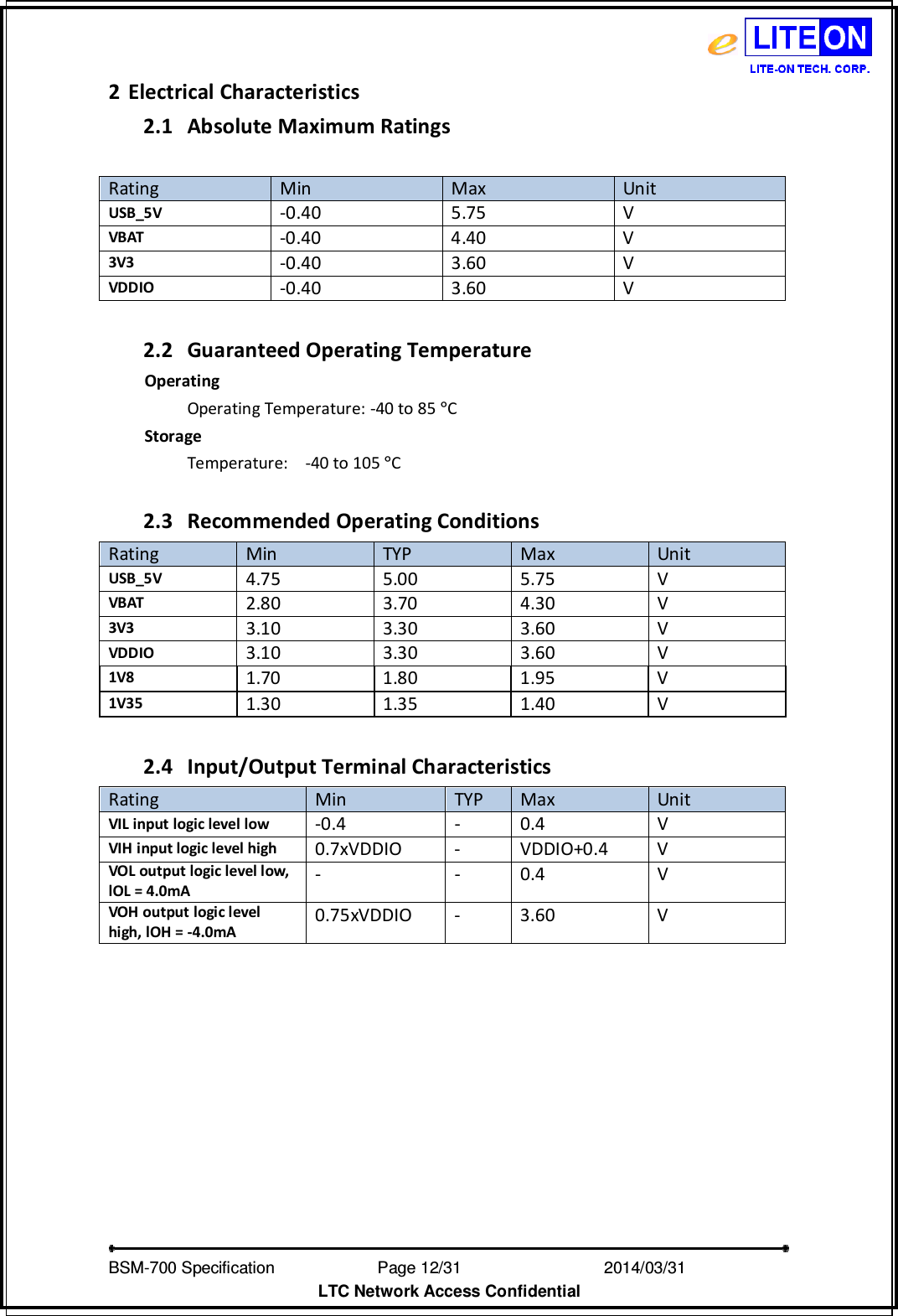   BSM-700 Specification                Page 12/31                           2014/03/31 LTC Network Access Confidential 2 Electrical Characteristics 2.1 Absolute Maximum Ratings  Rating Min Max Unit USB_5V -0.40 5.75 V VBAT  -0.40  4.40  V 3V3 -0.40 3.60 V VDDIO -0.40 3.60 V  2.2 Guaranteed Operating Temperature Operating Operating Temperature: -40 to 85 °C   Storage Temperature:  -40 to 105 °C  2.3 Recommended Operating Conditions Rating  Min  TYP  Max  Unit USB_5V 4.75 5.00 5.75 V VBAT 2.80 3.70 4.30 V 3V3 3.10 3.30 3.60 V VDDIO 3.10 3.30 3.60 V 1V8  1.70  1.80  1.95  V 1V35 1.30 1.35 1.40 V  2.4 Input/Output Terminal Characteristics Rating Min TYP Max Unit VIL input logic level low -0.4 - 0.4 V VIH input logic level high  0.7xVDDIO  -  VDDIO+0.4  V VOL output logic level low, lOL = 4.0mA - - 0.4 V VOH output logic level high, lOH = -4.0mA 0.75xVDDIO  -  3.60  V  