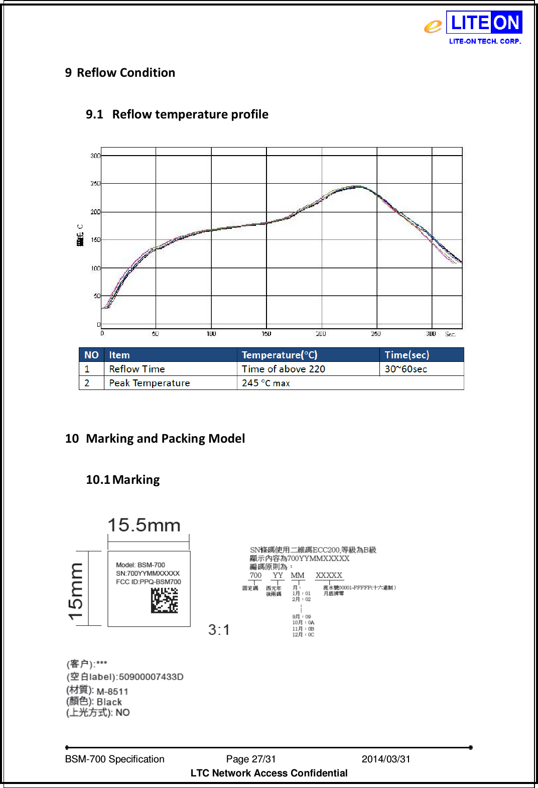   BSM-700 Specification                Page 27/31                           2014/03/31 LTC Network Access Confidential  9 Reflow Condition    9.1 Reflow temperature profile     10 Marking and Packing Model  10.1 Marking      