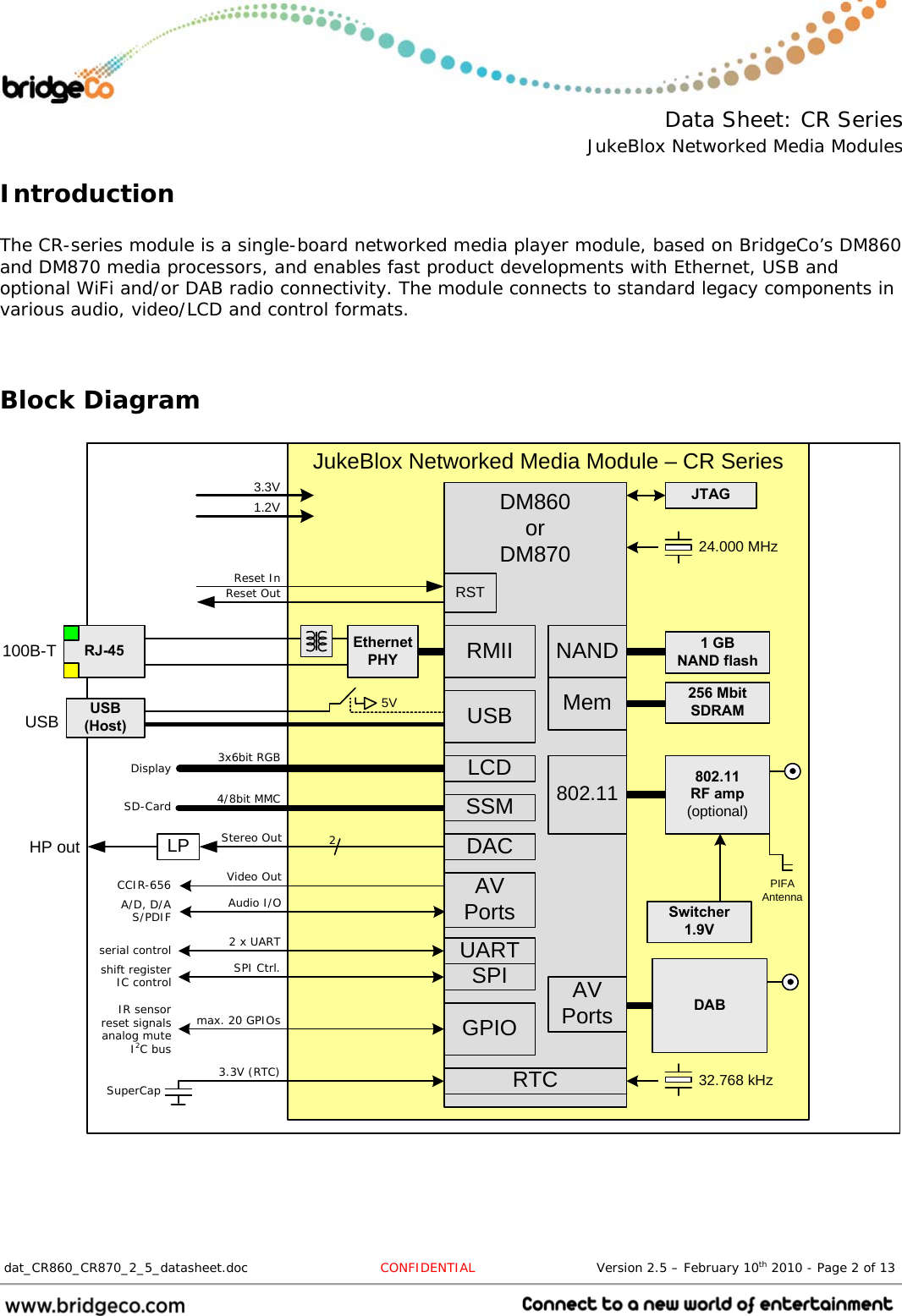  Data Sheet: CR Series JukeBlox Networked Media Modules  dat_CR860_CR870_2_5_datasheet.doc  CONFIDENTIAL                            Version 2.5 – February 10th 2010 - Page 2 of 13                                 Introduction  The CR-series module is a single-board networked media player module, based on BridgeCo’s DM860 and DM870 media processors, and enables fast product developments with Ethernet, USB and optional WiFi and/or DAB radio connectivity. The module connects to standard legacy components in various audio, video/LCD and control formats.   Block Diagram   Ethernet PHYDM860orDM870 256 MbitSDRAMJTAGRJ-45100B-TMemUSBGPIO24.000 MHzReset InNAND 1 GBNAND flash802.11RF amp(optional)802.11RMIISPIRTC 32.768 kHzUSB(Host)USBRSTUART5V3.3VJukeBlox Networked Media Module – CR SeriesReset Out1.2VStereo OutVideo OutAudio I/O4/8bit MMC3x6bit RGB2 x UARTSPI Ctrl.max. 20 GPIOs3.3V (RTC)SuperCapIR sensorreset signalsanalog muteI2C busshift registerIC controlserial controlA/D, D/AS/PDIFCCIR-656LP 2HP outDisplaySD-CardAV PortsLCDSSMDACPIFAAntennaSwitcher 1.9VAV Ports DAB 