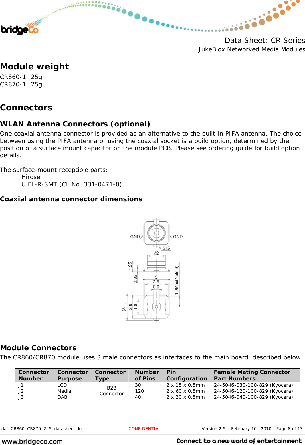  Data Sheet: CR Series JukeBlox Networked Media Modules  dat_CR860_CR870_2_5_datasheet.doc  CONFIDENTIAL                            Version 2.5 – February 10th 2010 - Page 8 of 13                                 Module weight CR860-1: 25g CR870-1: 25g  Connectors WLAN Antenna Connectors (optional) One coaxial antenna connector is provided as an alternative to the built-in PIFA antenna. The choice between using the PIFA antenna or using the coaxial socket is a build option, determined by the position of a surface mount capacitor on the module PCB. Please see ordering guide for build option details.  The surface-mount receptible parts:  Hirose   U.FL-R-SMT (CL No. 331-0471-0) Coaxial antenna connector dimensions                 Module Connectors The CR860/CR870 module uses 3 male connectors as interfaces to the main board, described below.  Connector Number  Connector Purpose  Connector Type  Number of Pins  Pin Configuration Female Mating Connector Part Numbers J1  LCD  30  2 x 15 x 0.5mm  24-5046-030-100-829 (Kyocera) J2  Media  120  2 x 60 x 0.5mm  24-5046-120-100-829 (Kyocera) J3 DAB B2B Connector  40  2 x 20 x 0.5mm  24-5046-040-100-829 (Kyocera)  