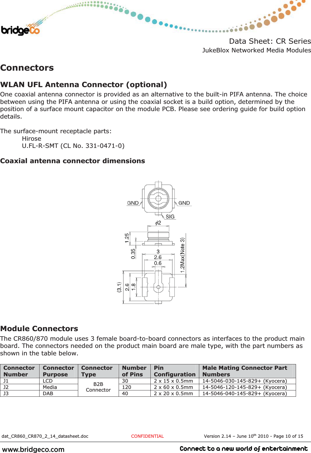 Data Sheet: CR Series JukeBlox Networked Media Modules  dat_CR860_CR870_2_14_datasheet.doc  CONFIDENTIAL                           Version 2.14 – June 10th 2010 - Page 10 of 15                             ConnectorsWLAN UFL Antenna Connector (optional) One coaxial antenna connector is provided as an alternative to the built-in PIFA antenna. The choice between using the PIFA antenna or using the coaxial socket is a build option, determined by the position of a surface mount capacitor on the module PCB. Please see ordering guide for build option details. The surface-mount receptacle parts:  Hirose   U.FL-R-SMT (CL No. 331-0471-0) Coaxial antenna connector dimensions Module Connectors The CR860/870 module uses 3 female board-to-board connectors as interfaces to the product main board. The connectors needed on the product main board are male type, with the part numbers as shown in the table below. ConnectorNumberConnectorPurposeConnectorTypeNumberof Pins PinConfigurationMale Mating Connector Part NumbersJ1  LCD  30  2 x 15 x 0.5mm  14-5046-030-145-829+ (Kyocera) J2  Media  120  2 x 60 x 0.5mm  14-5046-120-145-829+ (Kyocera) J3 DAB B2BConnector  40  2 x 20 x 0.5mm  14-5046-040-145-829+ (Kyocera) 