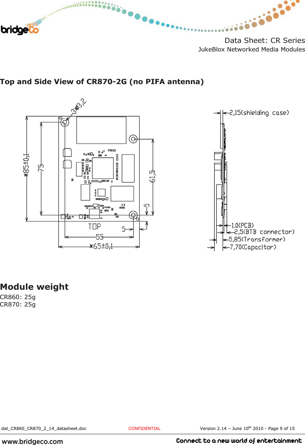 Data Sheet: CR Series JukeBlox Networked Media Modules  dat_CR860_CR870_2_14_datasheet.doc  CONFIDENTIAL                           Version 2.14 – June 10th 2010 - Page 9 of 15                             Top and Side View of CR870-2G (no PIFA antenna)             Module weight CR860: 25g CR870: 25g 