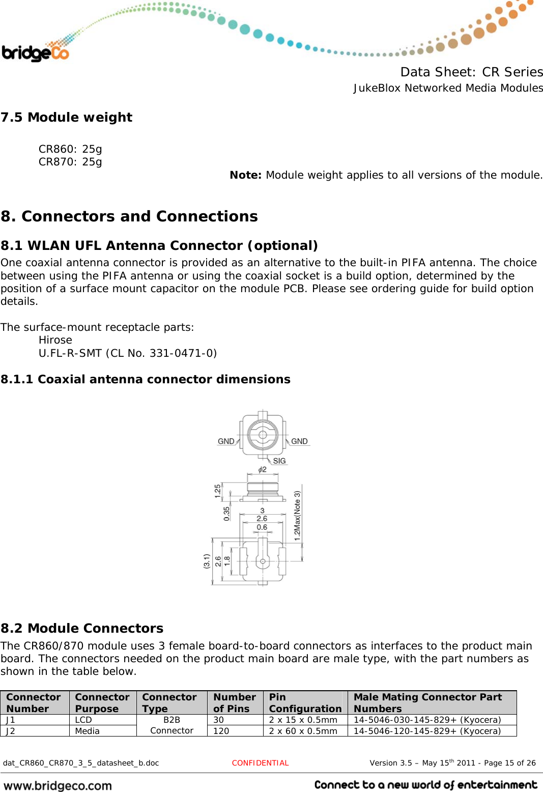  Data Sheet: CR Series JukeBlox Networked Media Modules  dat_CR860_CR870_3_5_datasheet_b.doc   CONFIDENTIAL                               Version 3.5 – May 15th 2011 - Page 15 of 26                                 7.5 Module weight  CR860: 25g CR870: 25g  Note: Module weight applies to all versions of the module.  8. Connectors and Connections 8.1 WLAN UFL Antenna Connector (optional) One coaxial antenna connector is provided as an alternative to the built-in PIFA antenna. The choice between using the PIFA antenna or using the coaxial socket is a build option, determined by the position of a surface mount capacitor on the module PCB. Please see ordering guide for build option details.  The surface-mount receptacle parts:  Hirose   U.FL-R-SMT (CL No. 331-0471-0) 8.1.1 Coaxial antenna connector dimensions               8.2 Module Connectors The CR860/870 module uses 3 female board-to-board connectors as interfaces to the product main board. The connectors needed on the product main board are male type, with the part numbers as shown in the table below.  Connector Number  Connector Purpose  Connector Type  Number of Pins  Pin Configuration Male Mating Connector Part Numbers J1  LCD  30  2 x 15 x 0.5mm  14-5046-030-145-829+ (Kyocera) J2 Media  B2B Connector  120  2 x 60 x 0.5mm  14-5046-120-145-829+ (Kyocera)  