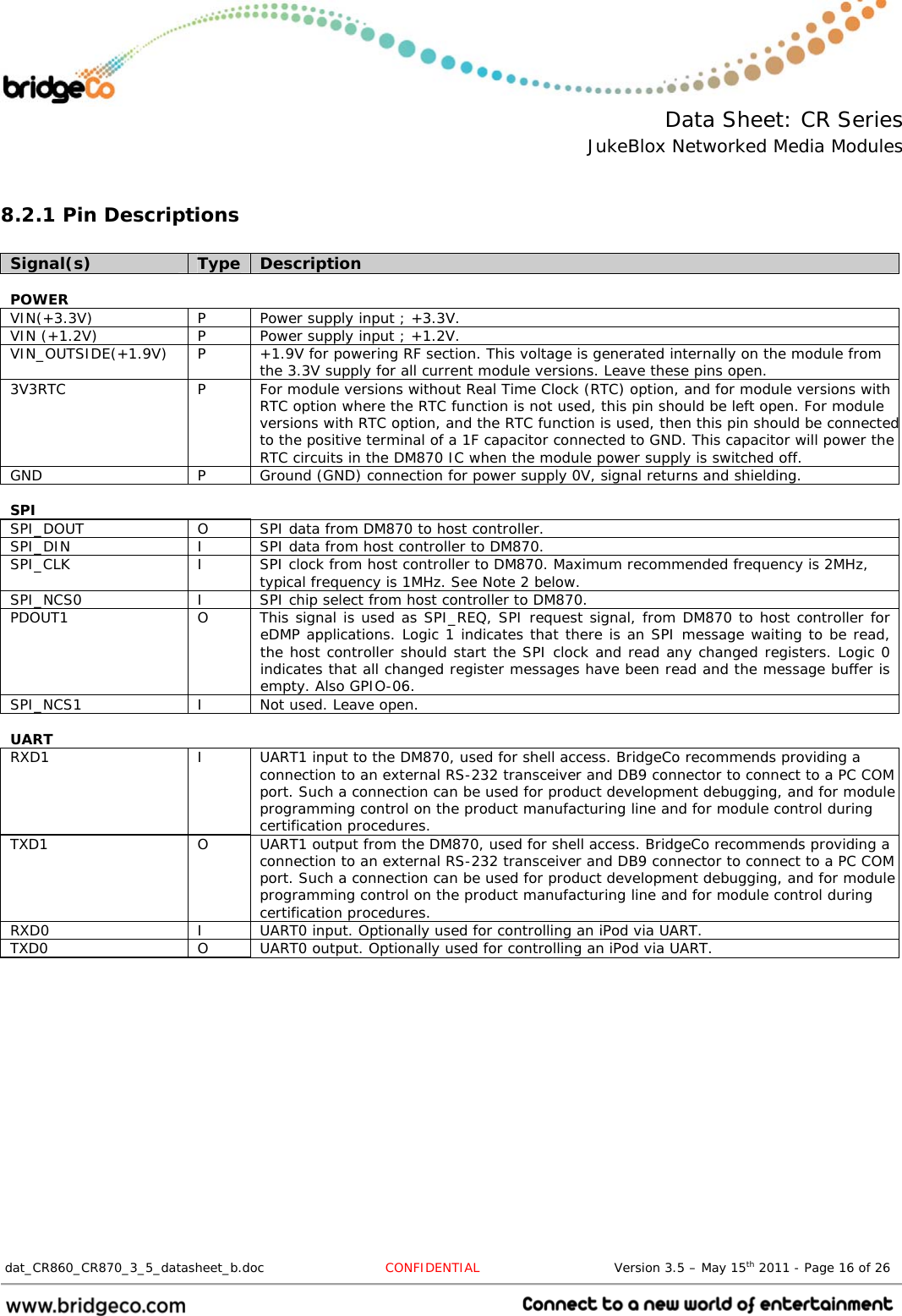  Data Sheet: CR Series JukeBlox Networked Media Modules  dat_CR860_CR870_3_5_datasheet_b.doc   CONFIDENTIAL                               Version 3.5 – May 15th 2011 - Page 16 of 26                                  8.2.1 Pin Descriptions  Signal(s)  Type  Description  POWER    VIN(+3.3V)  P  Power supply input ; +3.3V. VIN (+1.2V)  P  Power supply input ; +1.2V. VIN_OUTSIDE(+1.9V) P  +1.9V for powering RF section. This voltage is generated internally on the module from the 3.3V supply for all current module versions. Leave these pins open. 3V3RTC  P  For module versions without Real Time Clock (RTC) option, and for module versions with RTC option where the RTC function is not used, this pin should be left open. For module versions with RTC option, and the RTC function is used, then this pin should be connectedto the positive terminal of a 1F capacitor connected to GND. This capacitor will power the RTC circuits in the DM870 IC when the module power supply is switched off. GND P Ground (GND) connection for power supply 0V, signal returns and shielding.  SPI    SPI_DOUT  O  SPI data from DM870 to host controller. SPI_DIN  I  SPI data from host controller to DM870. SPI_CLK  I  SPI clock from host controller to DM870. Maximum recommended frequency is 2MHz, typical frequency is 1MHz. See Note 2 below. SPI_NCS0  I  SPI chip select from host controller to DM870. PDOUT1  O  This signal is used as SPI_REQ, SPI request signal, from DM870 to host controller for eDMP applications. Logic 1 indicates that there is an SPI message waiting to be read, the host controller should start the SPI clock and read any changed registers. Logic 0 indicates that all changed register messages have been read and the message buffer is empty. Also GPIO-06. SPI_NCS1  I  Not used. Leave open.  UART    RXD1  I  UART1 input to the DM870, used for shell access. BridgeCo recommends providing a connection to an external RS-232 transceiver and DB9 connector to connect to a PC COM port. Such a connection can be used for product development debugging, and for module programming control on the product manufacturing line and for module control during certification procedures. TXD1  O  UART1 output from the DM870, used for shell access. BridgeCo recommends providing a connection to an external RS-232 transceiver and DB9 connector to connect to a PC COM port. Such a connection can be used for product development debugging, and for module programming control on the product manufacturing line and for module control during certification procedures. RXD0  I  UART0 input. Optionally used for controlling an iPod via UART. TXD0  O  UART0 output. Optionally used for controlling an iPod via UART. 