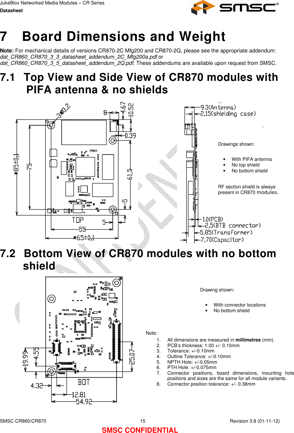 JukeBlox Networked Media Modules – CR Series Datasheet    SMSC CR860/CR870  15    Revision 3.8 (01-11-12) SMSC CONFIDENTIAL 7  Board Dimensions and Weight Note: For mechanical details of versions CR870-2C Mfg200 and CR870-2Q, please see the appropriate addendum: dat_CR860_CR870_3_3_datasheet_addendum_2C_Mfg200a.pdf or dat_CR860_CR870_3_5_datasheet_addendum_2Q.pdf. These addendums are available upon request from SMSC. 7.1  Top View and Side View of CR870 modules with PIFA antenna &amp; no shields                7.2  Bottom View of CR870 modules with no bottom shield              Note: 1.  All dimensions are measured in millimetres (mm). 2.  PCB’s thickness: 1.00 +/- 0.10mm 3.  Tolerance: +/-0.10mm 4.  Outline Tolerance: +/-0.10mm 5.  NPTH Hole: +/-0.05mm 6.  PTH Hole: +/-0.075mm 7.  Connector  positions,  board  dimensions,  mounting  hole positions and sizes are the same for all module variants. 8.  Connector position tolerance: +/- 0.38mm Drawings shown:  •  With PIFA antenna •  No top shield •  No bottom shield   RF section shield is always present in CR870 modules. Drawing shown:  •  With connector locations •  No bottom shield 