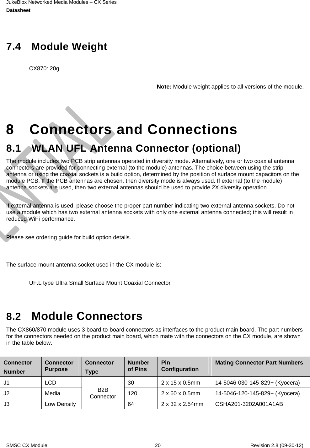 JukeBlox Networked Media Modules – CX Series  Datasheet    SMSC CX Module  20    Revision 2.8 (09-30-12)   7.4 Module Weight  CX870: 20g  Note: Module weight applies to all versions of the module.    8  Connectors and Connections 8.1  WLAN UFL Antenna Connector (optional) The module includes two PCB strip antennas operated in diversity mode. Alternatively, one or two coaxial antenna connectors are provided for connecting external (to the module) antennas. The choice between using the strip antenna or using the coaxial sockets is a build option, determined by the position of surface mount capacitors on the module PCB. If the PCB antennas are chosen, then diversity mode is always used. If external (to the module) antenna sockets are used, then two external antennas should be used to provide 2X diversity operation.  If external antenna is used, please choose the proper part number indicating two external antenna sockets. Do not use a module which has two external antenna sockets with only one external antenna connected; this will result in reduced WiFi performance.  Please see ordering guide for build option details.   The surface-mount antenna socket used in the CX module is:  UF.L type Ultra Small Surface Mount Coaxial Connector   8.2  Module Connectors The CX860/870 module uses 3 board-to-board connectors as interfaces to the product main board. The part numbers for the connectors needed on the product main board, which mate with the connectors on the CX module, are shown in the table below.  Connector Number Connector Purpose  Connector Type Number of Pins  Pin Configuration  Mating Connector Part Numbers J1  LCD  30  2 x 15 x 0.5mm  14-5046-030-145-829+ (Kyocera) J2  Media  120  2 x 60 x 0.5mm  14-5046-120-145-829+ (Kyocera) J3 Low DensityB2B Connector 64  2 x 32 x 2.54mm  CSHA201-3202A001A1AB  