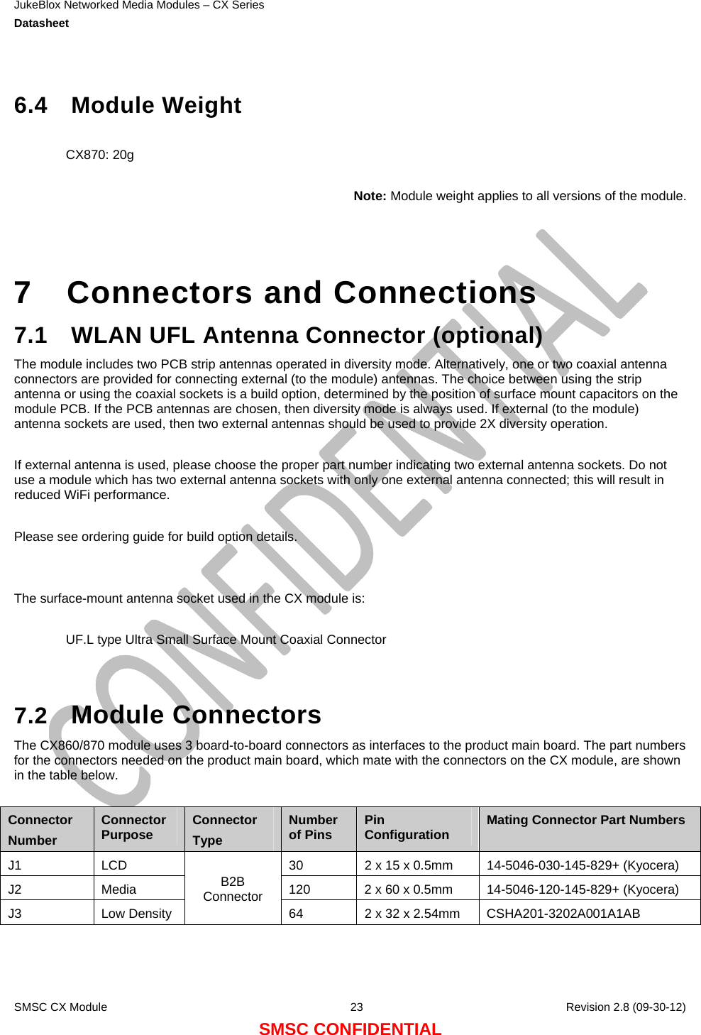 JukeBlox Networked Media Modules – CX Series  Datasheet    SMSC CX Module  23    Revision 2.8 (09-30-12) SMSC CONFIDENTIAL  6.4 Module Weight  CX870: 20g  Note: Module weight applies to all versions of the module.    7  Connectors and Connections 7.1  WLAN UFL Antenna Connector (optional) The module includes two PCB strip antennas operated in diversity mode. Alternatively, one or two coaxial antenna connectors are provided for connecting external (to the module) antennas. The choice between using the strip antenna or using the coaxial sockets is a build option, determined by the position of surface mount capacitors on the module PCB. If the PCB antennas are chosen, then diversity mode is always used. If external (to the module) antenna sockets are used, then two external antennas should be used to provide 2X diversity operation.  If external antenna is used, please choose the proper part number indicating two external antenna sockets. Do not use a module which has two external antenna sockets with only one external antenna connected; this will result in reduced WiFi performance.  Please see ordering guide for build option details.   The surface-mount antenna socket used in the CX module is:  UF.L type Ultra Small Surface Mount Coaxial Connector   7.2  Module Connectors The CX860/870 module uses 3 board-to-board connectors as interfaces to the product main board. The part numbers for the connectors needed on the product main board, which mate with the connectors on the CX module, are shown in the table below.  Connector Number Connector Purpose  Connector Type Number of Pins  Pin Configuration  Mating Connector Part Numbers J1  LCD  30  2 x 15 x 0.5mm  14-5046-030-145-829+ (Kyocera) J2  Media  120  2 x 60 x 0.5mm  14-5046-120-145-829+ (Kyocera) J3 Low DensityB2B Connector 64  2 x 32 x 2.54mm  CSHA201-3202A001A1AB  