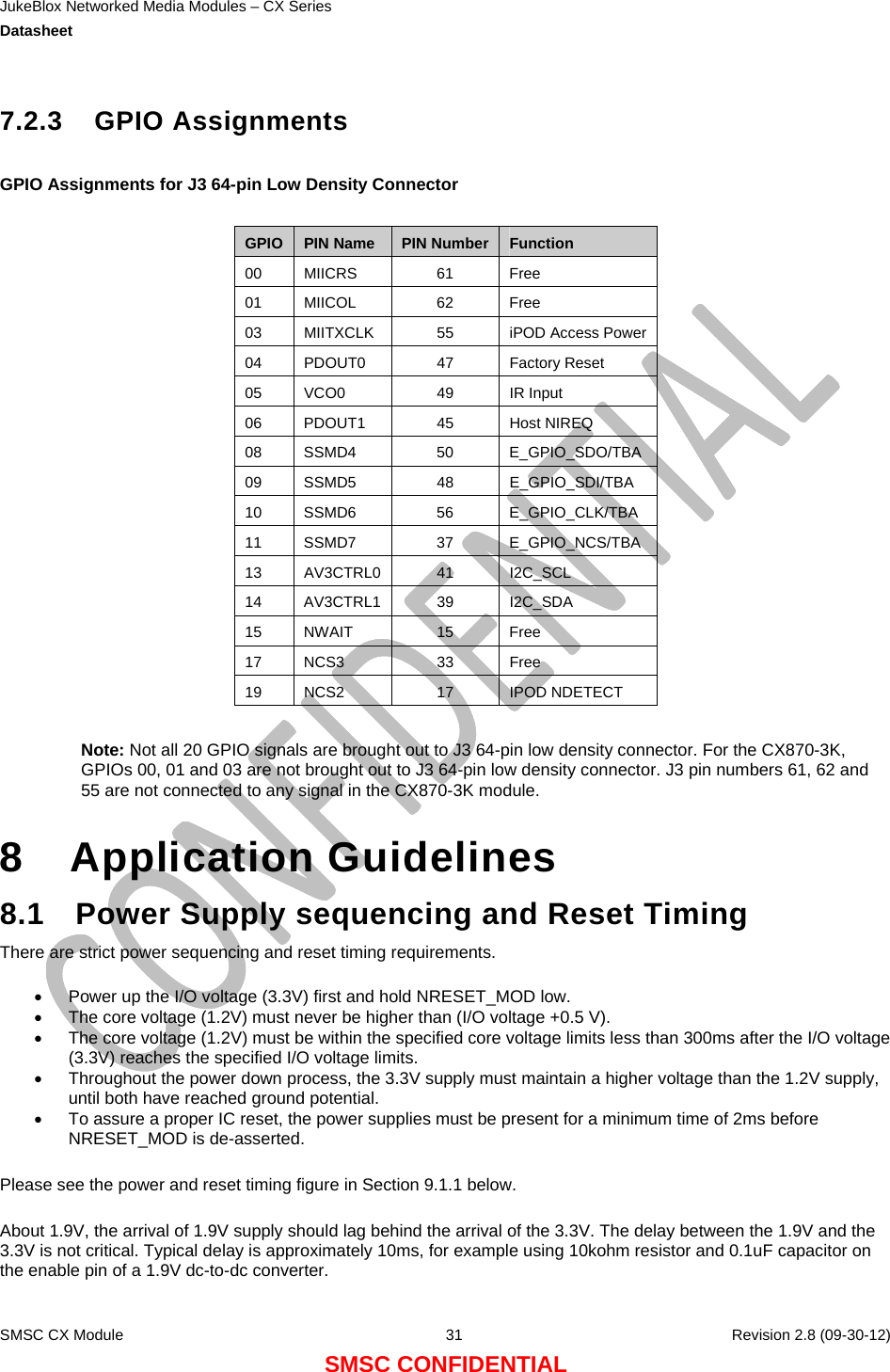 JukeBlox Networked Media Modules – CX Series  Datasheet    SMSC CX Module  31    Revision 2.8 (09-30-12) SMSC CONFIDENTIAL 7.2.3 GPIO Assignments  GPIO Assignments for J3 64-pin Low Density Connector  GPIO  PIN Name PIN Number Function 00 MIICRS  61  Free 01 MIICOL  62  Free 03 MIITXCLK 55  iPOD Access Power04 PDOUT0  47  Factory Reset 05 VCO0  49  IR Input 06 PDOUT1  45  Host NIREQ 08 SSMD4  50  E_GPIO_SDO/TBA09 SSMD5  48  E_GPIO_SDI/TBA 10 SSMD6  56  E_GPIO_CLK/TBA 11 SSMD7  37  E_GPIO_NCS/TBA13 AV3CTRL0 41  I2C_SCL 14 AV3CTRL1 39  I2C_SDA 15 NWAIT  15  Free 17 NCS3  33  Free 19 NCS2  17  IPOD NDETECT  Note: Not all 20 GPIO signals are brought out to J3 64-pin low density connector. For the CX870-3K, GPIOs 00, 01 and 03 are not brought out to J3 64-pin low density connector. J3 pin numbers 61, 62 and 55 are not connected to any signal in the CX870-3K module.  8 Application Guidelines 8.1  Power Supply sequencing and Reset Timing There are strict power sequencing and reset timing requirements.   Power up the I/O voltage (3.3V) first and hold NRESET_MOD low.  The core voltage (1.2V) must never be higher than (I/O voltage +0.5 V).  The core voltage (1.2V) must be within the specified core voltage limits less than 300ms after the I/O voltage (3.3V) reaches the specified I/O voltage limits.  Throughout the power down process, the 3.3V supply must maintain a higher voltage than the 1.2V supply, until both have reached ground potential.  To assure a proper IC reset, the power supplies must be present for a minimum time of 2ms before NRESET_MOD is de-asserted.  Please see the power and reset timing figure in Section 9.1.1 below.  About 1.9V, the arrival of 1.9V supply should lag behind the arrival of the 3.3V. The delay between the 1.9V and the 3.3V is not critical. Typical delay is approximately 10ms, for example using 10kohm resistor and 0.1uF capacitor on the enable pin of a 1.9V dc-to-dc converter. 