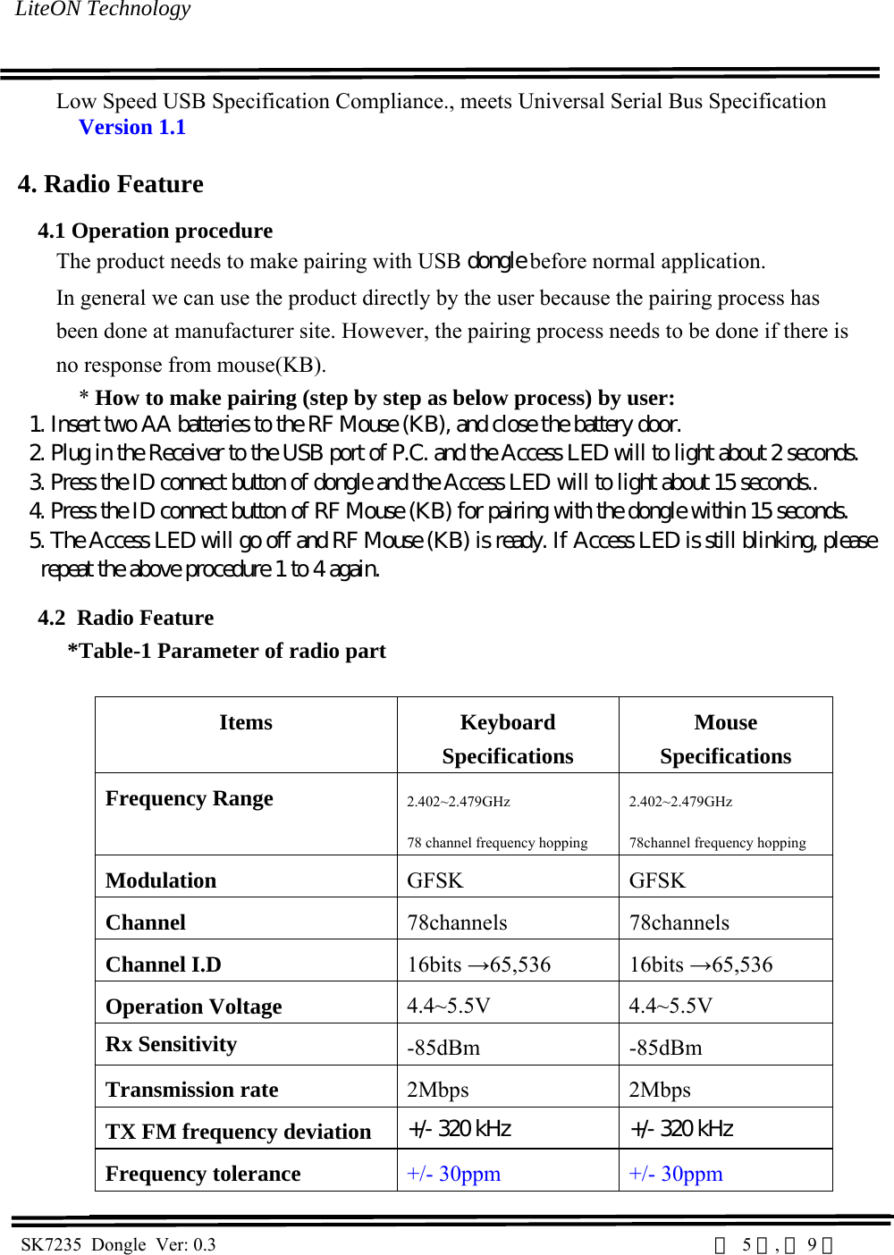  LiteON Technology                                                                                                                                                                                                                                                                                          SK7235  Dongle  Ver: 0.3                                                                                                           第  5 頁, 共 9 頁                                   Low Speed USB Specification Compliance., meets Universal Serial Bus Specification    Version 1.1   4. Radio Feature  4.1 Operation procedure  The product needs to make pairing with USB dongle before normal application. In general we can use the product directly by the user because the pairing process has  been done at manufacturer site. However, the pairing process needs to be done if there is no response from mouse(KB). * How to make pairing (step by step as below process) by user:    1. Insert two AA batteries to the RF Mouse (KB), and close the battery door.    2. Plug in the Receiver to the USB port of P.C. and the Access LED will to light about 2 seconds.     3. Press the ID connect button of dongle and the Access LED will to light about 15 seconds..    4. Press the ID connect button of RF Mouse (KB) for pairing with the dongle within 15 seconds.     5. The Access LED will go off and RF Mouse (KB) is ready. If Access LED is still blinking, please       repeat the above procedure 1 to 4 again. 4.2  Radio Feature *Table-1 Parameter of radio part      Items  Keyboard Specifications Mouse Specifications Frequency Range   2.402~2.479GHz 78 channel frequency hopping 2.402~2.479GHz 78channel frequency hopping Modulation   GFSK   GFSK  Channel   78channels 78channels Channel I.D   16bits →65,536 16bits →65,536  Operation Voltage   4.4~5.5V 4.4~5.5V Rx Sensitivity  -85dBm   -85dBm  Transmission rate   2Mbps   2Mbps  TX FM frequency deviation   +/- 320 kHz   +/- 320 kHz  Frequency tolerance   +/- 30ppm   +/- 30ppm  