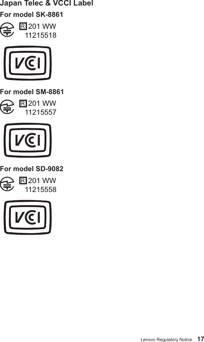 17Lenovo Regulatory NoticeJapan Telec &amp; VCCI LabelFor model SK-8861201 WW     11215518For model SM-8861201 WW     11215557For model SD-9082201 WW     11215558