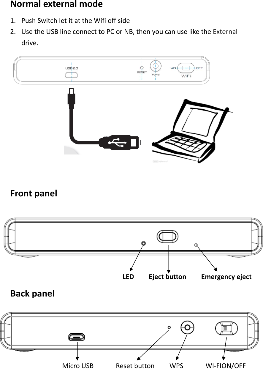 Normalexternalmode1. PushSwitchletitattheWifioffside2. UsetheUSBlineconnecttoPCorNB,thenyoucanuseliketheExternaldrive.FrontpanelLEDEjectbuttonEmergencyejectBackpanelMicroUSBResetbuttonWPSWI‐FION/OFF