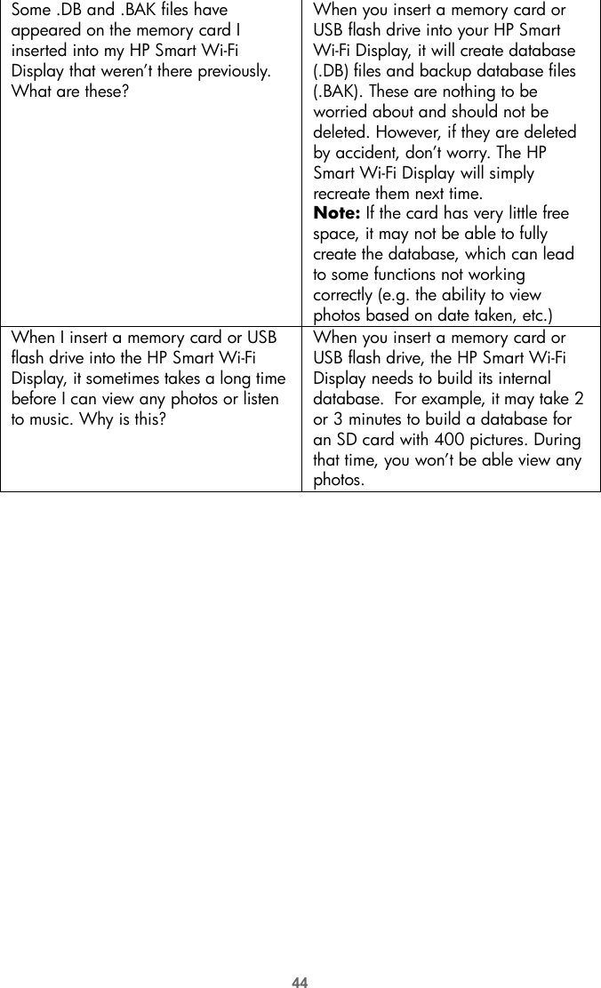 44Some .DB and .BAK files have appeared on the memory card I inserted into my HP Smart Wi-Fi Display that weren’t there previously. What are these?When you insert a memory card or USB flash drive into your HP Smart Wi-Fi Display, it will create database (.DB) files and backup database files (.BAK). These are nothing to be worried about and should not be deleted. However, if they are deleted by accident, don’t worry. The HP Smart Wi-Fi Display will simply recreate them next time.Note: If the card has very little free space, it may not be able to fully create the database, which can lead to some functions not working correctly (e.g. the ability to view photos based on date taken, etc.)When I insert a memory card or USB flash drive into the HP Smart Wi-Fi Display, it sometimes takes a long time before I can view any photos or listen to music. Why is this?When you insert a memory card or USB flash drive, the HP Smart Wi-Fi Display needs to build its internal database.  For example, it may take 2 or 3 minutes to build a database for an SD card with 400 pictures. During that time, you won’t be able view any photos.