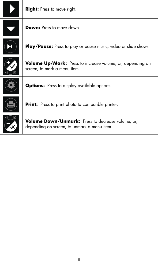 9Right: Press to move right.Down: Press to move down. Play/Pause: Press to play or pause music, video or slide shows.Volume Up/Mark:  Press to increase volume, or, depending on screen, to mark a menu item.Options:  Press to display available options.Print:  Press to print photo to compatible printer.Volume Down/Unmark:  Press to decrease volume, or, depending on screen, to unmark a menu item.