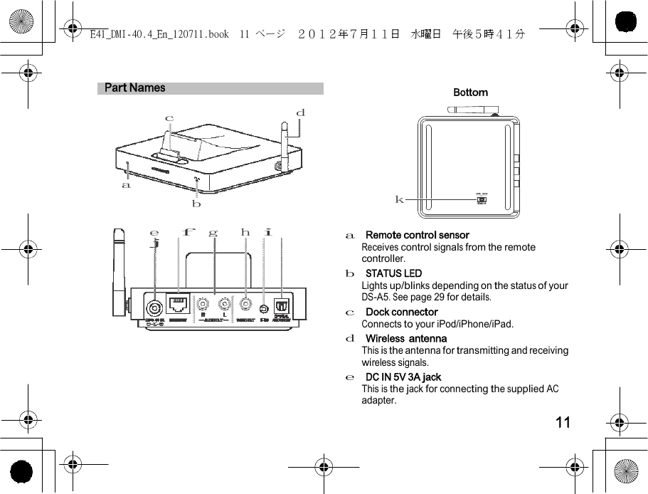 E41_DMI-40.4_En_120711.book  11 ページ  ２０１２年７月１１日  水曜日  午後５時４１分         Part Names   Bottom c d     a b k  e    f g h   i  j a  Remote control sensor Receives control signals from the remote controller. b  STATUS LED Lights up/blinks depending on the status of your DS-A5. See page 29 for details. c  Dock connector Connects to your iPod/iPhone/iPad. d  Wireless antenna This is the antenna for transmitting and receiving wireless signals. e  DC IN 5V 3A jack This is the jack for connecting the supplied AC adapter. 11 