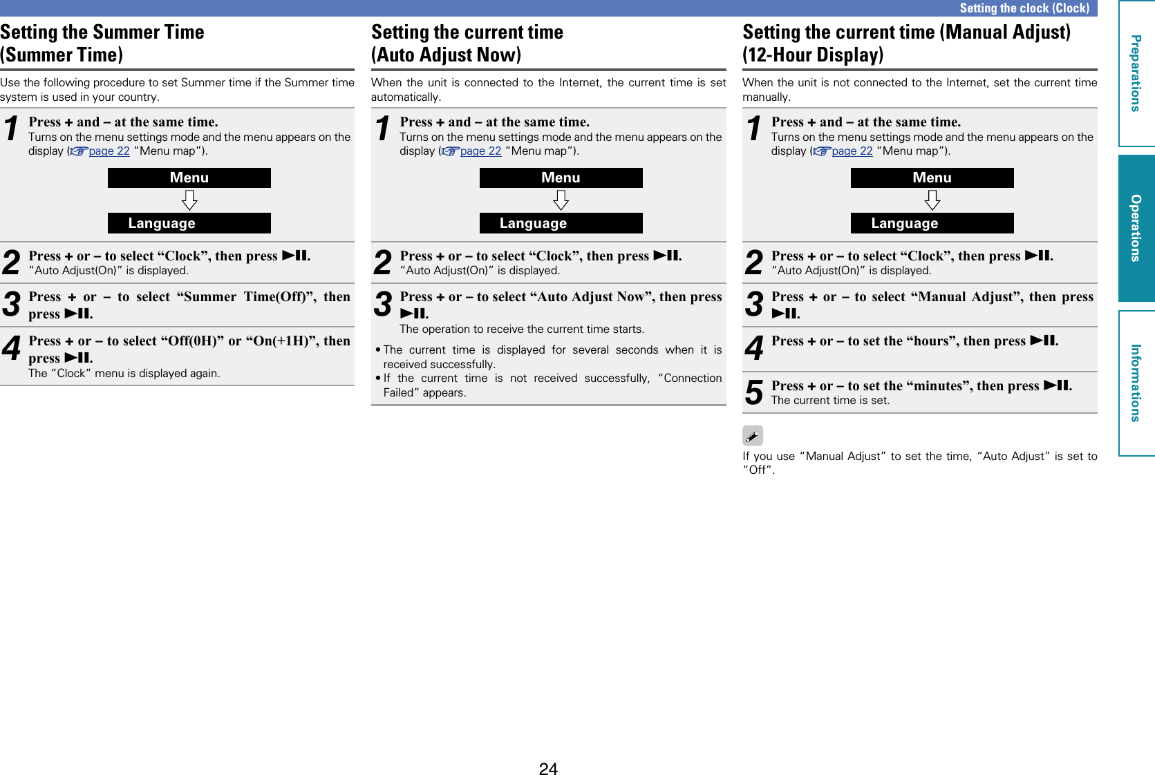 24Setting the clock (Clock)Setting the Summer Time  (Summer Time)Use the following procedure to set Summer time if the Summer time system is used in your country.1Press + and – at the same time.Turns on the menu settings mode and the menu appears on the display (vpage22 “Menu map”).MenuLanguage2Press + or – to select “Clock”, then press 13.“Auto Adjust(On)” is displayed.3Press  + or – to select “Summer Time(Off)”, then press 13.4Press + or – to select “Off(0H)” or “On(+1H)”, then press 13.The “Clock” menu is displayed again.Setting the current time  (Auto Adjust Now)When the unit is connected to the Internet, the current time is set automatically.1Press + and – at the same time.Turns on the menu settings mode and the menu appears on the display (vpage22 “Menu map”).MenuLanguage2Press + or – to select “Clock”, then press 13.“Auto Adjust(On)” is displayed.3Press + or – to select “Auto Adjust Now”, then press 13.The operation to receive the current time starts.•The current time is displayed for several seconds when it is received successfully.•If the current time is not received successfully, “Connection Failed” appears.Setting the current time (Manual Adjust) (12-Hour Display)When the unit is not connected to the Internet, set the current time manually.1Press + and – at the same time.Turns on the menu settings mode and the menu appears on the display (vpage22 “Menu map”).MenuLanguage2Press + or – to select “Clock”, then press 13.“Auto Adjust(On)” is displayed.3Press  + or – to select “Manual Adjust”, then press 13.4Press + or – to set the “hours”, then press 13.5Press + or – to set the “minutes”, then press 13.The current time is set.If you use “Manual Adjust” to set the time, “Auto Adjust” is set to “Off”.PreparationsOperationsInformationsOperations