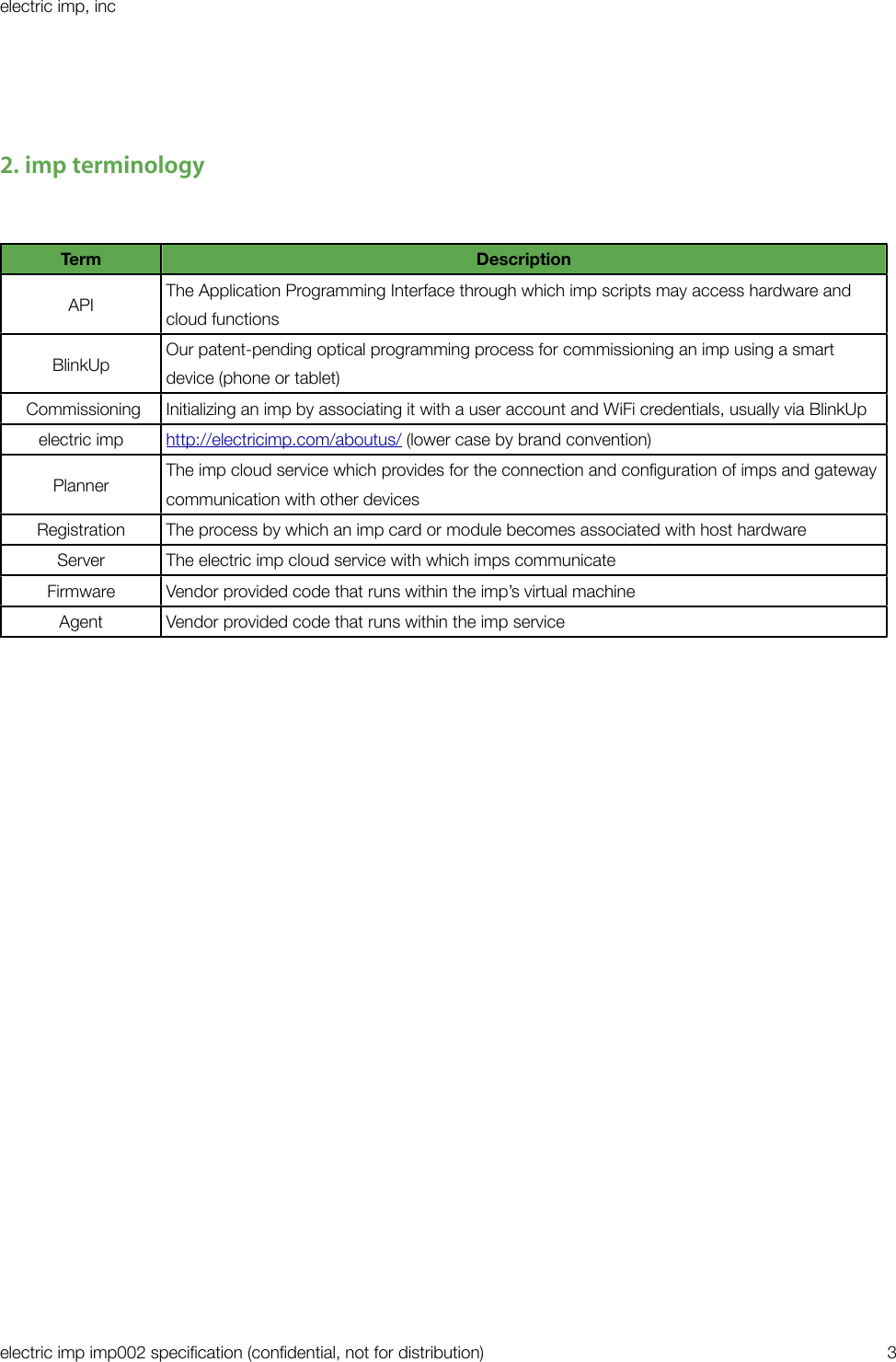2. imp terminologyTermDescriptionAPIThe Application Programming Interface through which imp scripts may access hardware and cloud functionsBlinkUpOur patent-pending optical programming process for commissioning an imp using a smart device (phone or tablet) CommissioningInitializing an imp by associating it with a user account and WiFi credentials, usually via BlinkUpelectric imphttp://electricimp.com/aboutus/ (lower case by brand convention)PlannerThe imp cloud service which provides for the connection and conﬁguration of imps and gateway communication with other devicesRegistrationThe process by which an imp card or module becomes associated with host hardwareServerThe electric imp cloud service with which imps communicateFirmwareVendor provided code that runs within the imp’s virtual machineAgentVendor provided code that runs within the imp serviceelectric imp, incelectric imp imp002 speciﬁcation (conﬁdential, not for distribution)&quot;3