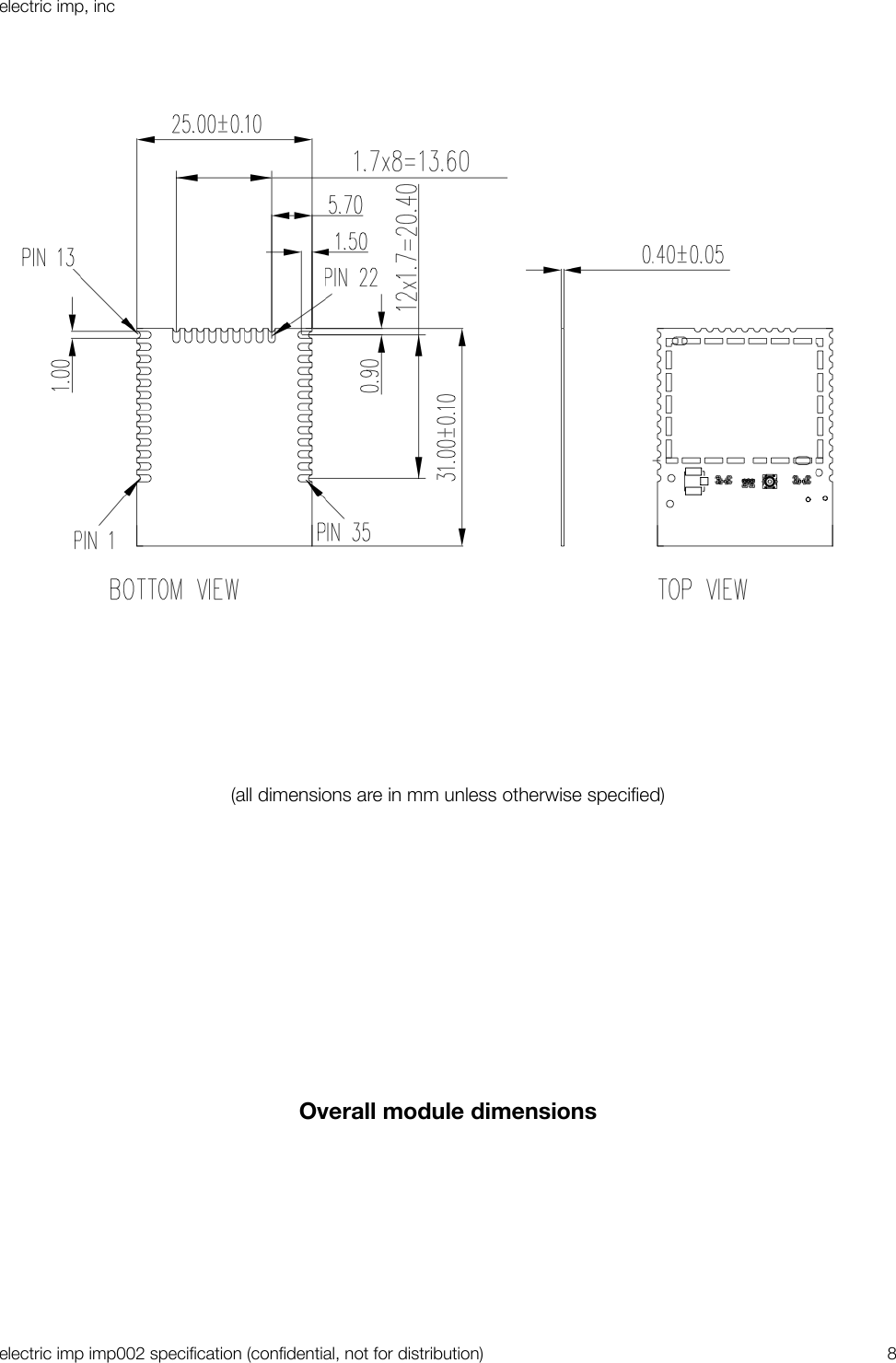 (all dimensions are in mm unless otherwise speciﬁed)Overall module dimensionselectric imp, incelectric imp imp002 speciﬁcation (conﬁdential, not for distribution)&quot;8