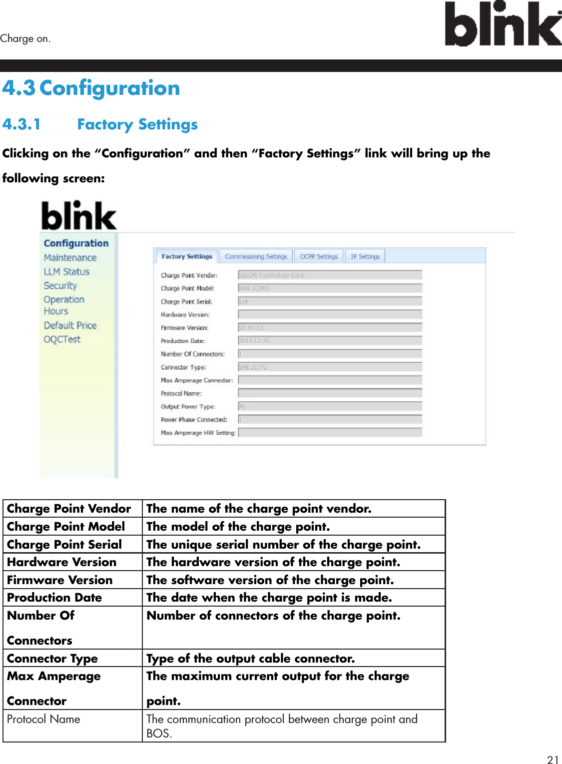        21Charge on.4.3 Conguration4.3.1  Factory SettingsClicking on the “Conguration” and then “Factory Settings” link will bring up the following screen:Charge Point Vendor The name of the charge point vendor.Charge Point Model  The model of the charge point.Charge Point Serial The unique serial number of the charge point.Hardware Version The hardware version of the charge point.Firmware Version The software version of the charge point.Production Date The date when the charge point is made.Number Of ConnectorsNumber of connectors of the charge point.Connector Type Type of the output cable connector.Max Amperage ConnectorThe maximum current output for the charge point.Protocol Name The communication protocol between charge point and BOS.