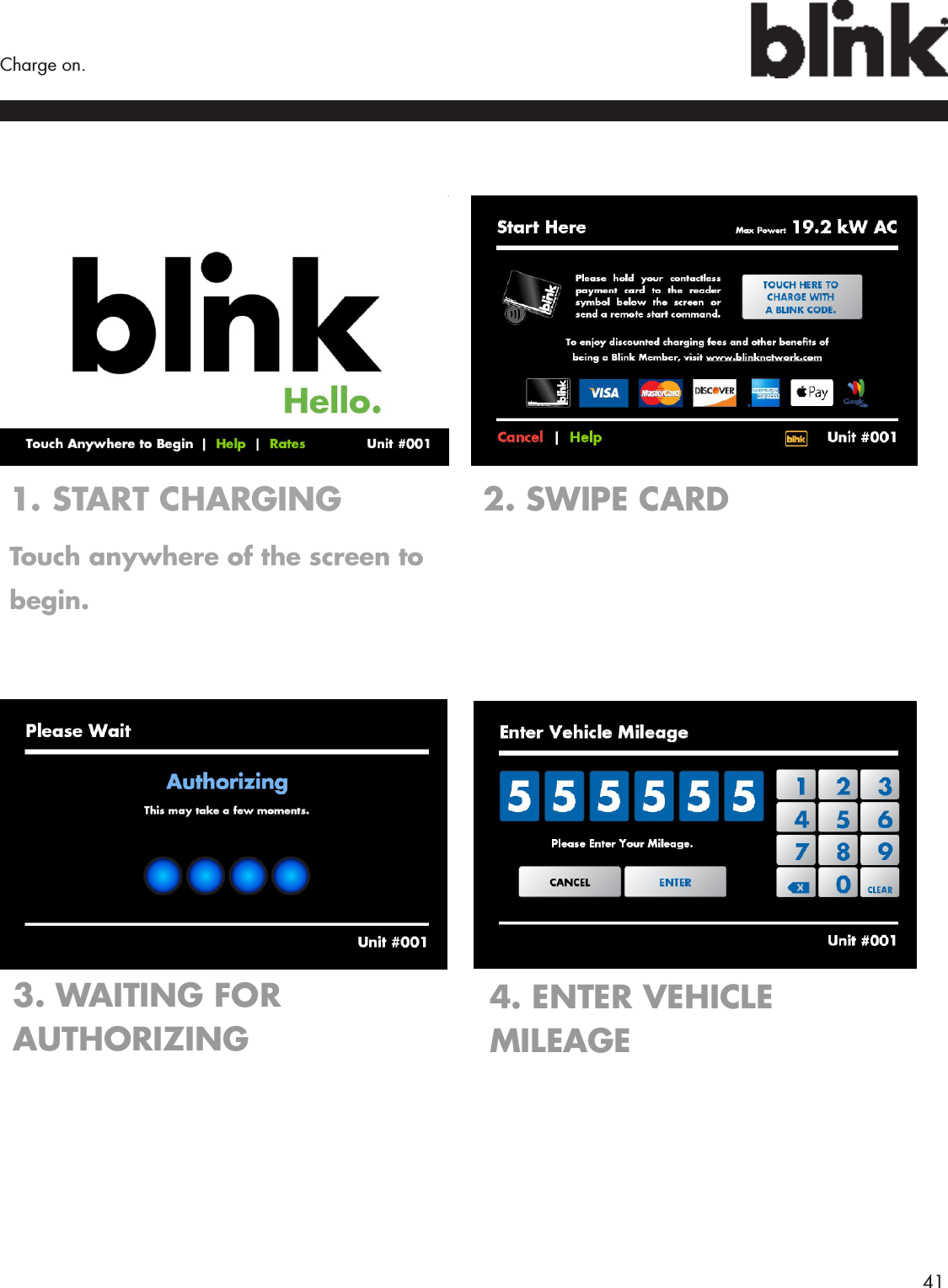        41Charge on.Figure 5-3. Blink Charger screen.2. SWIPE CARD1. START CHARGINGTouch anywhere of the screen to begin.4. ENTER VEHICLE MILEAGE3. WAITING FOR AUTHORIZING