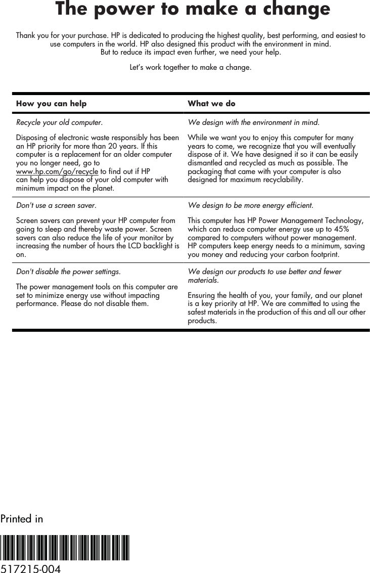Printed in*517215-004**517215-004*517215-004The power to make a changeThank you for your purchase. HP is dedicated to producing the highest quality, best performing, and easiest touse computers in the world. HP also designed this product with the environment in mind.But to reduce its impact even further, we need your help.Let’s work together to make a change.How you can help What we doRecycle your old computer.Disposing of electronic waste responsibly has beenan HP priority for more than 20 years. If thiscomputer is a replacement for an older computeryou no longer need, go towww.hp.com/go/recycle to find out if HP     can help you dispose of your old computer withminimum impact on the planet.We design with the environment in mind.While we want you to enjoy this computer for manyyears to come, we recognize that you will eventuallydispose of it. We have designed it so it can be easilydismantled and recycled as much as possible. Thepackaging that came with your computer is alsodesigned for maximum recyclability.Don&apos;t use a screen saver.Screen savers can prevent your HP computer fromgoing to sleep and thereby waste power. Screensavers can also reduce the life of your monitor byincreasing the number of hours the LCD backlight ison.We design to be more energy efficient.This computer has HP Power Management Technology,which can reduce computer energy use up to 45%compared to computers without power management.HP computers keep energy needs to a minimum, savingyou money and reducing your carbon footprint.Don&apos;t disable the power settings.The power management tools on this computer areset to minimize energy use without impactingperformance. Please do not disable them.We design our products to use better and fewermaterials.Ensuring the health of you, your family, and our planetis a key priority at HP. We are committed to using thesafest materials in the production of this and all our otherproducts.