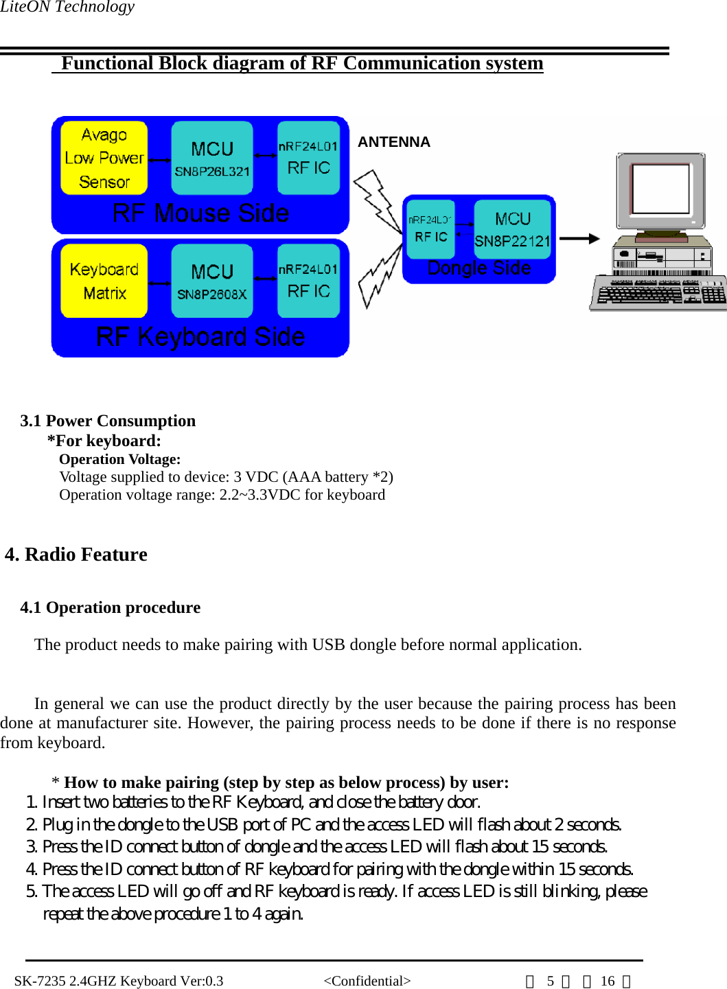 LiteON Technology                                                                                   SK-7235 2.4GHZ Keyboard Ver:0.3              &lt;Confidential&gt;                第 5 頁 共16  頁                  Functional Block diagram of RF Communication system      3.1 Power Consumption   *For keyboard:  Operation Voltage: Voltage supplied to device: 3 VDC (AAA battery *2) Operation voltage range: 2.2~3.3VDC for keyboard    4. Radio Feature    4.1 Operation procedure  The product needs to make pairing with USB dongle before normal application.   In general we can use the product directly by the user because the pairing process has been done at manufacturer site. However, the pairing process needs to be done if there is no response from keyboard.  * How to make pairing (step by step as below process) by user:    1. Insert two batteries to the RF Keyboard, and close the battery door.    2. Plug in the dongle to the USB port of PC and the access LED will flash about 2 seconds.      3. Press the ID connect button of dongle and the access LED will flash about 15 seconds.    4. Press the ID connect button of RF keyboard for pairing with the dongle within 15 seconds.      5. The access LED will go off and RF keyboard is ready. If access LED is still blinking, please        repeat the above procedure 1 to 4 again.  ANTENNA 