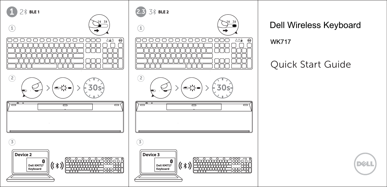 2.2 BLE 1Device 2Dell KM717Keyboard2.3 BLE 2Quick Start Guide 123Device 3Dell KM717Keyboard31130s12130sDell Wireless KeyboardWK717