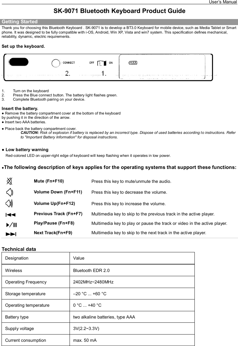 Page 1 of LITE ON TECHNOLOGY KB9071 Bluetooth Keyboard User Manual 