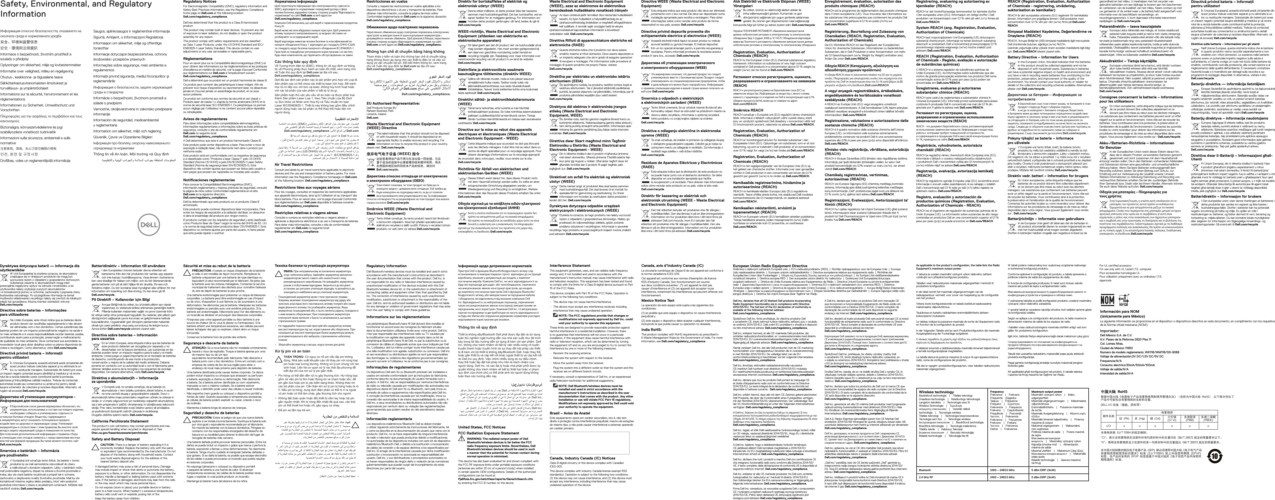 Numero de modelo reglametario: WK118/WM118/SD-9088Safety, Environmental, and Regulatory InformationRegulatory NoticesFor Electromagnetic Compatibility (EMC), regulatory information and Safety Best Practices information, see the Regulatory Compliance home page on Dell.com at the following location: Dell.com/regulatory_compliance.Dell has determined that this product is a Class Bharmonized product.This product may contain built-in laser devices. To prevent any risk of exposure to laser radiation, do not disable or open the product assembly for any reason.The product comply with safety requirements and are classified as Class 1 Laser Products, under the US DHHS Standard and IEC/EN60825-1 Laser Safety Standard. This device contain no user adjustments or any user serviceable or replaceable parts.RéglementationsPour en savoir plus sur la Compatibilité électromagnétique (EMC) et pour obtenir des informations sur les réglementations et les pratiques d’excellence en matière de sécurité, voir la page d’accueil Conformité aux réglementations sur Dell.com à l’emplacement suivant : Dell.com/regulatory_compliance.Dell a déterminé que ce produit est un produit harmonisé de classe B.Ce produit peut contenir des périphériques à laser intégré. Afin de prévenir tout risque d’exposition au rayonnement laser, ne désactivez jamais et n’ouvrez jamais un assemblage de produit, et ce sous aucun prétexte.Ce produit est conforme aux normes de sécurité et est classé « Produits laser de classe 1 » d’après la norme américaine DHHS et la norme de sécurité laser IEC/EN60825-1. Cepériphérique ne permet aucun réglage par l’utilisateur ni ne contient aucune pièce réparable ou remplaçable.Avisos de regulamentaresPara obter informações sobre compatibilidade eletromagnética, informações regulamentares einformações sobre as boas práticas de segurança, consulte o site de conformidade regulamentar em Dell.com no seguinte local: Dell.com/regulatory_compliance.A Dell determinou que este é um produto harmonizado Classe B.Este produto pode conter dispositivos a laser. Para evitar orisco de exposição à radiação laser, não desmonte nem abra o produto por nenhuma razão.Este produto está em conformidade com os requisitos de segurança e é classificado como “Produtos a laser Classe 1” pelo US DHHS Standard (Norma US DHHS) e pelo EN/IEC60825-1 Laser Safety Standard (Norma de segurança laser EN/IEC60825-1). Este dispositivo não contém ajustes que possam ser feitos pelo usuário e nem peças que possam ser reparadas ou trocadas pelo usuário.Notificaciones reglamentariasPara conocer la Compatibilidad Electromagnética (EMC), información reglamentaria y mejores prácticas de seguridad, consulte la página de inicio sobre Conformidad reglamentaria en el sitio Dell.com en la siguiente dirección: Dell.com/regulatory_compliance.Dell ha determinado que este producto es un producto ClaseB armonizado.Este producto puede contener dispositivos láser incorporados. Para evitar los riesgos de exposición a la radiación del láser, no desactive ni abra el ensamblaje del producto por ningún motivo.El producto cumple con los requisitos de seguridad yestá clasificado como Producto láser de Clase 1 según la norma del DHHS de EE. UU. y la norma de seguridad sobre productos láser CEI/EN60825-1. Este dispositivo no contiene ajustes por parte del usuario, ni tiene piezas que este pueda reparar o sustituir.Нормативна інформаціяЩоб переглянути інформацію про електромагнітну сумісність (ЕМС), відповідність нормативам і передовий досвід у сфері техніки безпеки, відкрийте головну сторінку розділу “Відповідність нормативам” на сайті Dell.com за веб-адресою Dell.com/regulatory_compliance.Компанія Dell визначила, що цей виріб є гармонізованим продуктом Класу B.Виріб може містити вбудовані лазерні пристрої. Щоб уникнути впливу лазерного випромінювання, за жодних обставин не розбирайте та не відкривайте виріб.Виріб відповідає вимогам техніки безпеки та класифікований як лазерне обладнання Класу 1 відповідно до стандарту DHHS (США) та стандарту щодо безпеки лазерного обладнання IEC/EN60825-1. Пристрій не передбачає регулювання користувачем і не містить будь-яких компонентів, що підлягають обслуговуванню чи заміні.Cá c thông bá o quy đị nhVề Tương thích điện từ (EMC), thông tin về quy định và thông tin về Phương pháp thực hành an toàn tốt nhất, xem trang chủ về Tuân thủ quy định tại Dell.com tại địa chỉ sau: Dell.com/regulatory_compliance.Dell đã xác định sản phẩm này là sản phẩm phù hợp với Loại B.Sản phẩm này có thể chứa các thiết bị laser tích hợp. Để tránh mọi rủi ro tiếp xúc với bức xạ laser, không hủy kích hoạt hoặc mở các bộ phận của sản phẩm vì bất kỳ lý do gì.Sản phẩm tuân thủ các yêu cầu về an toàn và được phân loại thành Sản phẩm Laser Loại 1, theo Tiêu chuẩn của Bộ Dịch vụ Sức khỏe và Nhân sinh Hoa Kỳ và Tiêu chuẩn An toàn Laser IEC/EN60825-1. Thiết bị này không bao gồm điều chỉnh người dùng hoặc các bộ phận có thể thay thế hoặc tiện ích người dùng.ﺔﯿﻤﯿﻈﻨﺘﻟا تارﺎﻌﺷﻹا ﺔﺻﺎﺨﻟا تﺎﻣﻮﻠﻌﻤﻟاو  (EMC) ﻲﺴﯿﻃﺎﻨﻐﻣوﺮﺘﻜﻟﻹا ﻖﻓاﻮﺘﻟا لﻮﺣ تﺎﻣﻮﻠﻌﻣ ﻰﻠﻋ لﻮﺼﺤﻠﻟ ﻰﻠﻋ ﻲﻤﯿﻈﻨﺘﻟا ﻖﻓاﻮﺘﻟﺎﺑ ﺔﺻﺎﺨﻟا ﺔﯿﺴﯿﺋﺮﻟا ﺔﺤﻔﺼﻟا ﻊﺟار ،نﺎﻣﻷا تﺎﺳرﺎﻤﻣ ﻞﻀﻓﺄﺑ. Dell.com/regulatory_compliance :ﻲﻟﺎﺘﻟا ﻊﻗﻮﻤﻟا ﻲﻓ Dell.com.B ﺔﺟرﺪﻟا ﻒﯿﻨﺼﺗ ﻊﻣ ﻖﻓاﻮﺘﻣ ﺞﺘﻨﻣ ﮫﻧأ ﻰﻠﻋ ﺞﺘﻨﻤﻟا اﺬھ Dell ﺔﻛﺮﺷ تدﺪﺣ ،رﺰﯿﻠﻟا عﺎﻌﺷﻹ ضﺮﻌﺘﻠﻟ ﺮﻄﺧ يأ ﻊﻨﻤﻟ .ﺔﺠﻣﺪﻣ رﺰﯿﻟ ةﺰﮭﺟأ ﻰﻠﻋ ﺞﺘﻨﻤﻟا اﺬھ يﻮﺘﺤﯾ ﺪﻗ.ﺐﺒﺳ يﻷ ﺞﺘﻨﻤﻟا ﺔﻋﻮﻤﺠﻣ ﺢﺘﻓ وأ ﻞﯿﻄﻌﺘﺑ ﻢﻘﺗ ﻻ رﺎﯿﻌﻤﻟ ﺎًﻘﻓو ،1 ﺔﺟرﺪﻟا ﻦﻣ رﺰﯿﻟ ﺞﺘﻨﻣ ﮫﻧأ ﻰﻠﻋ ﻒﻨﺼﯾو نﺎﻣﻷا تﺎﺒﻠﻄﺘﻣ ﻊﻣ ﺞﺘﻨﻤﻟا ﻖﻓاﻮﺘﯾ رﺰﯿﻠﻟا ﻦﻣ ﺔﻣﻼﺴﻟا رﺎﯿﻌﻣو (US DHHS) ﺔﯿﻜﯾﺮﻣﻷا ﺔﯿﻧﺎﺴﻧﻹا تﺎﻣﺪﺨﻟاو ﺔﺤﺼﻟا ةرازو يأ وأ مﺪﺨﺘﺴﻤﻟا ﺎﮭﺑ مﻮﻘﯾ تﻼﯾﺪﻌﺗ ﻰﻠﻋ زﺎﮭﺠﻟا اﺬھ يﻮﺘﺤﯾ ﻻ .IEC/EN60825-1  ﻢﻗر.مﺪﺨﺘﺴﻤﻟا ﻞﺒﻗ ﻦﻣ لاﺪﺒﺘﺳﻻا وأ ﺔﻧﺎﯿﺼﻠﻟ ﺔﻠﺑﺎﻗ ءاﺰﺟأAir Travel RestrictionsConsult and abide by air travel restrictions applicable to electronic devices and the use and transportation of battery packs. For more information see the Regulatory Compliance homepage on Dell.com at the following location: Dell.com/regulatory_compliance.Restrictions liées aux voyages aériensPour les voyages, consultez et respectez les restrictions applicables aux appareils électroniques, ainsi qu’à l’utilisation et au transport des blocs batterie. Pour en savoir plus, voir la page d’accueil Conformité aux réglementations sur Dell.com disponible à l’adresse suivante : Dell.com/regulatory_compliance.Restrições relativas a viagens aéreasConsulte e cumpra as restrições relativas a viagens aéreas e aplicáveis a dispositivos eletrônicos e ao uso e transporte de baterias. Para obter mais informações, consulte o site de conformidade regulamentar em Dell.com no seguinte local: Dell.com/regulatory_compliance.Waste Electrical and Electronic Equipment (WEEE), azaz az elektromos és elektronikus berendezések hulladékaira vonatkozó irányelvAz ilyen címkével jelölt terméket tilos háztartási hulladékként kezelni. Az ilyen hulladékot ahelyreállíthatóság és az újrahasznosíthatóság érdekében a megfelelő elfogadóhelyre kell szállítani. Atermék saját országán belül érvényes újrahasznosításával kapcsolatban információt akövetkező weboldalon talál: Dell.com/recycle.Direttiva Rifiuti di apparecchiature elettriche ed elettroniche (RAEE)Questa etichetta indica che il prodotto non deve essere smaltito insieme ai rifiuti domestici. Deve essere depositato in un impianto adeguato che sia in grado di eseguire operazioni di recupero e riciclaggio. Per informazioni sulle procedure di riciclaggio di questo prodotto nel proprio Paese, visitare: Dell.com/recycle.Direktīva par elektrisko un elektronisko iekārtu atkritumiem (EEIA)Šis apzīmējums norāda, ka produktu nedrīkst izmest kopā ar sadzīves atkritumiem. Tas ir jānodod atbilstošā savākšanas punktā, lai pareizi atjaunotu vai pārstrādātu. Informāciju par šī produkta pārstrādes iespējām jūsu valstī skatiet: Dell.com/recycle.Direktyva dėl elektros ir elektroninės įrangos atliekų (Waste Electrical and Electronic Equipment, WEEE)Šis ženklas rodo, kad šio gaminio negalima išmesti kartu su buitinėmis atliekomis. Nebenaudojamą gaminį reikia atiduoti į tam skirtą punktą atnaujinti arba perdirbti. Informacijos apie tinkamą šio gaminio perdirbimą jūsų šalyje rasite interneto svetainėje: Dell.com/recycle.Direttiva dwar Skart magħmul minn Tagħmir Elettroniku u Elettriku (Waste Electrical and Electronic Equipment- WEEE)Din it-tikketta tindika li dan il-prodott m’għandux jintrema mal-iskart domestiku. Għandu jintrema f’faċilità adatta fejn ikun jista’ jiġi rkuprat u riċiklat. Għal aktar tagħrif dwar kif għandek tirriċikla dan il-prodott fil-pajjiż tiegħek, jekk jogħġbok żur: Dell.com/recycle.Direktivet om avfall fra elektrisk og elektronisk utstyr (WEEE)Dette merket angir at produktet ikke skal kastes sammen med husholdningsavfall. Det skal leveres tilet mottak for spesialavfall for gjenvinning og resirkulering. Du finner informasjon om hvordan du resirkulerer dette produktet i landet ditt her: Dell.com/recycle.Dyrektywa dotycząca odpadów urządzeń elektrycznych i elektronicznych (WEEE)Etykieta ta oznacza, że tego produktu nie należy wyrzucać razem z odpadami z gospodarstwa domowego. Należy go przekazać do odpowiedniego zakładu, gdzie zostanie poddany odzyskowi i recyklingowi. Informacje osposobie recyklingu tego produktu w poszczególnych krajach można znaleźć pod adresem Dell.com/recycle.Directiva WEEE (Waste Electrical and Electronic Equipment)Esta etiqueta indica que esse produto não deve ser eliminado juntamente com o lixo normal. Ele deve ser depositado numa instalação apropriada para recolha ereciclagem. Para obter informações sobre como reciclar este produto de forma responsável no seu país, acesse:Dell.com/recycle.Directiva privind deşeurile provenite din echipamentele electrice şi electronice (WEEE)Această etichetă indică faptul că acest produs nu trebuie aruncat laolaltă cu gunoiul menajer. El trebuie depozitat într-un loc special amenajat pentru a permite recuperarea şi reciclarea. Pentru informaţii privitoare la reciclarea acestui produs în ţara dvs., accesaţi: Dell.com/recycle.Директива об утилизации электрического иэлектронного оборудования (WEEE)Эта маркировка означает, что данный продукт не следует утилизировать вместе с бытовым мусором. Продукт следует утилизировать на специализированном предприятии, чтобы в дальнейшем его можно было переработать. Информацию о правилах утилизации изделия в вашей стране можно получить на веб-узле Dell.com/recycle.Smernica o odpadoch z elektrických aelektronických zariadení (WEEE)Tento štítok znamená, že sa výrobok nesmie likvidovať ako komunálny odpad. Musí sa odovzdať na príslušnom mieste na obnovu alebo recykláciu. Informácie osprávnej recyklácii tohto produktu vo svojej krajine nájdete na stránke: Dell.com/recycle.Direktiva o odlaganju električne in elektronske opreme (WEEE)Ta znak označuje, da izdelek ni primeren za odlaganje skupaj z običajnimi gospodinjskimi odpadki. Odložiti ga je treba na ustreznem mestu za odlaganje in reciklažo. Zainformacije o reciklaži tega izdelka vvaši državi obiščite: Dell.com/recycle.Residuos de Aparatos Eléctricos yElectrónicos (RAEE)Esta etiqueta indica que la eliminación de este producto no se puede hacer junto con el deshecho doméstico. Se debe depositar en una instalación apropiada que facilite larecuperación y el reciclado. Para obtener más información sobre cómo reciclar este producto en su país, visite el sitio web: Dell.com/recycle.Direktiv för kassering av elektrisk och elektronisk utrustning (WEEE - Waste Electrical and Electronic Equipment)Den här etiketten betyder att produkten inte får slängasi hushållsavfallet. Den ska lämnas in på en återvinningsstation. Information om hur produkten återvinns i ditt land finns på adressen Dell.com/recycle. Inom EU betyder den här etiketten att produkten inte får slängas i hushållsavfallet. Den ska lämnas in på en återvinningsstation. Information om hur produkten återvinns iditt land finns på adressen Dell.com/recycle.Restricciones en vuelosConsulte y respete las restricciones en vuelos aplicables a los dispositivos electrónicos y al uso y transporte de baterías. Para obtener más información, consulte la página de inicio sobre Conformidad reglamentaria enDell.com enla siguiente ubicación: Dell.com/regulatory_compliance.Обмеження щодо повітряних перевезеньПерегляньте обмеження щодо повітряних перевезень електронних пристроїв та використання й транспортування акумуляторів і дотримуйтеся чинних обмежень. Щоб дізнатися більше, перегляньте головну сторінку розділу «Відповідність нормативам» на сайті Dell.com за веб-адресою Dell.com/regulatory_compliance.Những hạn chế di chuyển bằng hàng khôngTham khảo ý kiến và tuân thủ những hạn chế di chuyển bằng hàng không được áp dụng cho các thiết bị điện tử và việc sử dụng và vận chuyển bộ pin. Để biết thêm thông tin, xem trang chủ về Tuân thủ quy định tại Dell.com tại địa chỉ sau: Dell.com/regulatory_compliance.يﻮﺠﻟا ﺮﻔﺴﻟا دﻮﯿﻗ ﺔﯿﻧوﺮﺘﻜﻟﻹا ةﺰﮭﺟﻷا ﻰﻠﻋ ﺔﻘﺒﻄﻤﻟا يﻮﺠﻟا ﺮﻔﺴﻟا دﻮﯿﻘﻟ لﺎﺜﺘﻣﻻاو ﺮﺸﺘﺳا ﺔﺤﻔﺻ ﻊﺟار ،تﺎﻣﻮﻠﻌﻤﻟا ﻦﻣ ﺪﯾﺰﻤﻟ .ﺔﯾرﺎﻄﺒﻟا مﺰﺣ ﻞﻘﻧو ماﺪﺨﺘﺳاو:ﻲﻟﺎﺘﻟا ﻊﻗﻮﻤﻟا ﻲﻓ Dell.com ﻊﻗﻮﻣ ﻰﻠﻋ ﻲﻤﯿﻈﻨﺘﻟا لﺎﺜﺘﻣﻻاDell.com/regulatory_compliance.EU Authorised Representative:Dell Products Europe BVRaheen Business ParkLimerick, IrelandDell.comWaste Electrical and Electronic Equipment (WEEE) DirectiveThis label indicates that this product should not be disposed of with household waste. It should be deposited at an appropriate facility to enable recovery and recycling. For information on how to recycle this product in your country, please visit: Dell.com/recycle.废弃电气电子设备 (WEEE) 指令此标签表明该产品不得与生活垃圾一同处理。它应置于适当的设施中以便能够回收和循环利用。有关在贵国和地区如何回收本产品的信息，请访问 Dell.com/recycle。Директива относно отпадъци от електрическо иелектронно оборудване (ОЕЕО)Този етикет означава, че този продукт не бива да се изхвърля заедно с домакинските отпадъци. Той трябва да бъде изхвърлен на подходящо място, за да се позволи възстановяването или рециклирането му. За информация относно отговорността за рециклиране на този продукт във вашата страна посетете: Dell.com/recycle.Směrnice WEEE (Waste Electrical and Electronic Equipment)Tento štítek označuje, že tento produkt nesmí být likvidován s domovním odpadem. Musí být předán specializované sběrně pro recyklaci a další využití. Pokyny o recyklaci tohoto produktu ve vaší zemi viz adresa Dell.com/recycle.Direktiv for bortskaffelse af elektrisk og elektronisk udstyr (WEEE)Denne etiket indikerer, at dette produkt ikke bør kasseres sammen med husholdningsaffald. Det bør bortskaffes ved en egnet facilitet for at muliggøre genbrug. For information om hvordan dette produkt genbruges idit land, bedes du gå til: Dell.com/recycle.WEEE-richtlijn, Waste Electrical and Electronic Equipment (afdanken van elektrische en elektronische apparaten)Dit label geeft aan dat dit product niet via huishoudelijk afval mag worden afgedankt. Het moet worden gedeponeerd bij een daarvoor geschikte voorziening zodat herstel en recycling mogelijk zijn. Raadpleeg voor meer informatie over verantwoorde recycling van dit product in uw land de website: Dell.com/recycle.Elektriliste ja elektrooniliste seadmete kasutusjärgne töötlemine (direktiiv WEEE)Selline silt tähistab toodet, mida ei tohi pärast kasutust olmejäätmete hulka visata. Taoline toode tuleb viia jäätmekäitlusettevõttesse, kusseda nõuetekohaselt töödeldakse. Teavet toote kaitlemise kohta oma kodumaal leiate aadressilt Dell.com/recycle.Direktiivi sähkö- ja elektroniikkalaiteromusta (WEEE)Tämä tarra tarkoittaa, että tuotetta ei tule hävittää kotitalousjätteen joukossa. Se tulee toimittaa asianmukaiseen paikkaan uudelleenkäyttöä tai kierrätystä varten. Tietoja tämän tuotteen kierrättämisestä eri maissa saat seuraavasta osoitteesta: Dell.com/recycle.Directive sur la mise au rebut des appareils électriques et électroniques (Waste Electrical and Electronic Equipment- WEEE)Cette étiquette indique que ce produit ne doit pas être jeté avec les déchets ménagers. Il doit être mis au rebut dans un centre de dépôt spécialisé pour un recyclage approprié. Pour obtenir davantage d’informations sur le recyclage approprié de ce produit dans votre pays, veuillezvous rendre sur le site: Dell.com/recycle.Richtlinie für Abfall von elektrischen und elektronischen Geräten (WEEE)Dieses Etikett weist darauf hin, dass dieses Produkt nicht mit dem Hausmüll entsorgt werden sollte. Essollte an einer entsprechenden Einrichtung abgegeben werden, um Wiedergewinnung und Recycling zu ermöglichen. Weitere Informationen über dasRecyceln dieses Produkts erhalten Sie unter: Dell.com/recycle.Οδηγία σχετικά με τα απόβλητα ειδών ηλεκτρικού και ηλεκτρονικού εξοπλισμού(ΑΗΗΕ)Αυτή η ετικέτα υποδεικνύει ότι το συγκεκριμένο προϊόν δεν πρέπει να απορρίπτεται μαζί με τα οικιακά απορρίμματα. Θα πρέπει να αποκομίζεται σε κατάλληλο χώρο ώστε να είναι δυνατή η ανάκτηση και η ανακύκλωση. Για πληροφορίες σχετικά με την ανακύκλωση αυτού του προϊόντος στη χώρα σας, επισκεφθείτε τη διεύθυνση: Dell.com/recycle.Atık Elektrikli ve Elektronik Ekipman (WEEE) YönergeleriBu etiket, ürünün ev elektroniği aletleri atıkları ile imhaedilemeyeceğini gösterir. Kurtarmak ve geri dönüşümünü sağlamak için uygunşartlarda saklanması gerekir. Bu ürünün geri döşünümünün nasıl sağlanacağı konusunda bilgi içinlütfen şu adresi ziyaret edin: Dell.com/recycle. України ТЕХНІЧНИЙ РЕГЛАМЕНТ обмеження використання деяких небезпечних речовин в електричному та електронному обладнанні (від 3 грудня 2008 р. N 1057): Обладнання відповідає вимогам Технічного регламенту обмеження використання деяких небезпечних речовин в електричному та електронному обладнанні.Registration, Evaluation, Authorization of Chemicals (REACH)REACH is the European Union (EU) chemical substances regulatory framework. Information on substances of very high concern contained in Dell products in a concentration above 0.1 % weight by weight (w/ w) can be found at Dell.com/REACH.Регламент относно регистрацията, оценката, разрешаването и ограничаването на химикали (REACH)REACH е регулаторната рамка на Европейския съюз (ЕС) за химически вещества. Информация за вещества с много голяма важност, съдържащи се в изделия на Dell в концентрация над 0,1% обемни процента (w/ w), може да се намери на адрес Dell.com/REACH.Směrnice REACHREACH označuje v Evropské unii (EU) regulační rámec chemických látek. Informace o látkách vzbuzujících velmi vysoké obavy, které jsou ve výrobcích společnosti Dell obsaženy v koncentraci větší než 0,1 hmotnostních procent, naleznete na adrese Dell.com/REACH.Registration, Evaluation, Authorization of Chemicals (REACH)REACH er forordningsstrukturen for kemiske substanser i den Europæiske Union (EU). Oplysninger om substanser, som er af stor bekymring, og som er indeholdt i Dell-produkter af en koncentration over 0,1 % vægt for vægt (w/ w) kan findes på Dell.com/REACH.Registration, Evaluation, Authorization of Chemicals (REACH)REACH is het regelgevingskader van de Europese Unie (EU) op het gebied van chemische stoffen. Informatie over zeer gevaarlijke stoffen in Dell-producten in een concentratie van boven de 0,1% gewicht per gewicht (w/w) is te vinden op Dell.com/REACH.Kemikaalide registreerimine, hindamine ja autoriseerimine (REACH)REACH on kemikaale käsitlev Euroopa Liidu (ELi) regulatiivne raamistik. Teave ohtlike ainete kohta, mis sisalduvad Delli toodetes kontsentratsioonis üle 0,1 massiprotsendi, on saadaval aadressil Dell.com/REACH.Kemikaalien rekisteröinti, arviointi ja lupamenettelyt (REACH)REACH on Euroopan unionin (EU) kemiallisten aineiden puitekehys. Tietoja haitallisista aineista, joiden massaprosentti (w/ w) Dellin tuotteissa on enemmän kuin 0,1 prosenttia, onosoitteessa Dell.com/REACH.Enregistrement, évaluation, autorisation des produits chimiques (REACH)REACH est le programme de réglementation des produits chimiques dans l’Union européenne (UE). Vous trouverez des informations sur les substances très préoccupantes que contiennent les produits Dell en concentration supérieure à 0,1% en poids (m/ m) sur Dell.com/REACH.Registrierung, Beurteilung und Zulassung von Chemikalien (REACH, Registration, Evaluation, Authorization of Chemicals)Die EU-Richtlinie REACH ist das Regelwerk der Europäischen Union für chemische Substanzen. Informationen zu bedenklichen Substanzen, die in Dell-Produkten in einer Konzentration von mehr als 0,1Gewichtsprozent (w/ w, Weight by Weight) enthalten sind, finden Sie unter Dell.com/REACH.Οδηγία REACH (Καταχώριση, αξιολόγηση και αδειοδότηση χημικών προϊόντων)Η οδηγία REACH είναι το κανονιστικό πλαίσιο της ΕΕ για τις χημικές ουσίες. Πληροφορίες για ανησυχητικές ουσίες που περιέχονται στα προϊόντα της Dell σε συγκέντρωση άνω του 0,1 % κατά βάρος (κ/ β) μπορείτε να βρείτε στη διεύθυνση Dell.com/REACH.A vegyi anyagok regisztrálására, értékelésére, engedélyezésére és korlátozására vonatkozó szabályozás (REACH)A REACH az Európai Unió (EU) vegyi anyagokra vonatkozó szabályozó keretrendszere. A Dell termékekben 0,1% feletti arányban található veszélyes anyagokról a következő címen találhat bővebb információkat: Dell.com/REACH.Registrazione, valutazione e autorizzazione delle sostanze chimiche (REACH)REACH è il quadro normativo delle sostanze chimiche dell’Unione Europea (UE). Le informazioni sulle sostanze estremamente problematiche contenute nei prodotti Dell in una concentrazione superiore allo 0,1% in peso per peso (p/ p) sono disponibili all’indirizzo Dell.com/REACH.Ķīmisko vielu reģistrācija, vērtēšana, autorizācija (REACH)REACH ir Eiropas Savienības (ES) ķīmisko vielu regulēšanas sistēma. Informāciju par īpaši bīstamām ķīmiskajām vielām, ko satur Dell produkti koncentrācijā virs 0,1% svaram uz svaru (w/w), var atrast vietnē Dell.com/REACH.Chemikalų registravimas, vertinimas, autorizavimas (REACH)REACH yra Europos Sąjungos (ES) cheminių medžiagų kontrolės sistema. Informaciją apie didelį susirūpinimą keliančias medžiagas, kurių koncentracija „Dell“ produktuose pagal svorį yra didesnė nei 0,1% svorio (s/s), galima rasti adresu Dell.com/REACH.Registrazzjoni, Evalwazzjoni, Awtorizzazzjoni ta’ Kimiċi (REACH)REACH hu l-qafas regolatorju tal-Unjoni Ewropea (UE) għal sustanzi kimiċi. Informazzjoni dwar sustanzi li jikkawżaw tħassib kbir fi prodotti ta’ Dell f’konċentrazzjoni ta’ iżjed minn 0,1% piż b’piż (w/w) jinsabu fuq Dell.com/REACH.Registrering, evaluering og autorisering av kjemikalier (REACH)REACH er det forskriftsmessige rammeverket for kjemiske stoffer i Den europeiske union (EU). Informasjon om farlige stoffer i Dell-produkter i en konsentrasjon over 0,1% vekt på vekt (v/ v) finnes på Dell.com/REACH.System REACH (ang. Registration, Evaluation, Authorization of Chemicals)REACH jest rozporządzeniem Unii Europejskiej (UE) dotyczącym substancji chemicznych. Informacje na temat istotnych substancji obecnych w produktach Dell wkoncentracji przewyższającej 0,1% procentowego stężenia wagowego (w/ w) można znaleźć pod adresem Dell.com/REACH.REACH (Registration, Evaluation, Authorization of Chemicals - Registo, avaliação e autorização de substâncias químicas)O REACH é o sistema regulador de substâncias químicas da União Europeia (UE). As informações sobre substâncias que são motivo de grande preocupação existentes nos produtos Dell numa concentração acima de 0,1 % peso por peso (p/p) podem ser encontradas em Dell.com/REACH.Înregistrarea, evaluarea şi autorizarea substanţelor chimice (REACH)REACH este cadrul de reglementare a substanţelor chimice în Uniunea Europeană (UE). Informaţii privind substanţele periculoase conţinute în produsele Dell în concentraţii mai mari de 0,1 % din greutate pot fi găsite la adresa web Dell.com/REACH.Регламент по регистрации, оценке, разрешению и ограничению использования химических веществ (REACH)REACH - это документ Европейского союза, регламентирующий использование химических веществ. Информация о веществах, работа с которыми требует повышенной осторожности, и содержащихся в продукции Dell в массовой концентрации более 0,1 %, приведена на сайте Dell.com/REACH.Registrácia, vyhodnotenie, autorizácia chemikálií (REACH)REACH je regulačný rámec chemických látok Európskej únie (EÚ). Informácie o látkach s vysokou nebezpečnosťou obsiahnutých vproduktoch Dell v koncentrácii vyššej ako 0,1 hmotnostných % (w/w) môžete nájsť na adrese Dell.com/REACH.Registracija, evalvacija, avtorizacija kemikalij (REACH)REACH je regulativno ogrodje Evropske unije (EU) za kemične snovi. Informacije o snoveh velike zaskrbljenosti, ki se nahajajo v izdelkih Dell v koncentraciji nad 0,1 % težepo teži (t/t) lahko najdete na spletnem naslovu Dell.com/REACH.Registro, evaluación y autorización de productos químicos (Registration, Evaluation, Authorization of Chemicals - REACH)REACH es el organismo de regulación de sustancias químicas de la Unión Europea (UE). La información sobre sustancias de alto riesgo contenidas en productos Dell en una concentración superior al 0,1% peso por peso (p/p) se puede encontrar en Dell.com/REACH.REACH (Registration, Evaluation, Authorization of Chemicals - registrering, utvädering, auktorisation av kemikalier)REACH är den europeiska unionens (EU) regelverk för kemikaliska ämnen. Information om angelägna ämnen iDell-produkter med koncentration över 0,1 % vikt per vikt(w/w) finns på Dell.com/REACH.Kimyasal Maddeleri Kaydetme, Değerlendirme ve Onaylama (REACH)REACH, Avrupa Birliği’nin (AB) kimyasal maddelerle ilgili mevzuatıdır. Dell ürünlerinde bulunan, ağırlıkça (w/w) %0,1’in üzerinde yoğunluğa sahip yüksek önem arzeden maddelerle ilgili bilgi için: Dell.com/REACH sitesini ziyaretedin.Battery Directive – Information for UsersIn the European Union, this label indicates that the batteries in this product should be collected separately and not be disposed of with household waste. Substances in batteries can have a potential negative impact on health and environment and you have a role in recycling waste batteries thus contributing to the protection, preservation, and improvement of the quality of the environment. You should contact your local authority or retailer for details of the collection and recycling schemes available. Alternatively please visit Dell.com/recycle.Директива за батерии – Информация за потребителитеВ Европейския съюз този етикет указва, че батериите в този продукт следва да бъдат събирани отделно, а не да се изхвърлят с битовите отпадъци. Веществата в батериите може да имат потенциално отрицателно въздействие върху здравето и околната среда и вие участвате в рециклирането на отпадъците от батерии, като по този начин допринасяте за защитата, опазването и подобряването на качеството на околната среда. Следва да се обърнете към местните органи или търговец на дребно за подробности по наличните схеми за събиране и рециклиране. Също така можете да посетите Dell.com/recycle.Pokyny týkající se baterie – informace prouživateleV Evropské unii tento štítek značí, že baterie tohoto produktu by měly být sesbírány odděleně aneměly by být likvidovány s domovním odpadem. Látky vbateriích mohou mít negativní vliv na zdraví aprostředí. Ivy máte svou roli v recyklaci nefunkčních baterií, apřispíváte tak k ochraně prostředí a ke zlepšení jeho kvality. Chcete-li znát podrobnosti o dostupných plánech pro sběr a recyklaci, měli byste kontaktovat orgány místní správy nebo prodejce. Můžete též navštívit stránky Dell.com/recycle.Direktiv vedr. batteri – Information for brugereEn Union européenne, cette étiquette indique que les batteries de ce produit doivent être collectées séparément et ne doivent pas être mises au rebut avec les déchets ménagers. Les substances que contiennent ces batteries peuvent avoir un effet négatif sur la santé et l’environnement. Votre rôle est de recycler les batteries. Vous contribuerez ainsi à la protection, lapréservation et l’améloration de la qualité de l’environnement. Contactez les autorités locales ou votre revendeur pour obtenir des informations sur les procédures de ramassage et de mise au rebut disponibles dans votre région. Vous pouvez également vous rendre sur : Dell.com/recycle.Batterijrichtlijn – Informatie voor gebruikersIn de Europese Unie geeft dit label aan dat de batterijen in dit product afzonderlijk dienen te worden ingezameld en niet met het huishoudelijk afval mogen worden afgedankt. Stoffen in batterijen hebben mogelijk een negatieve invloed op de gezondheid en het milieu. U meehelpen met het recyclen van gebruikte batterijen om een bijdrage te leveren aan het beschermen en verbeteren van de kwaliteit van het milieu. Neem contact op met uw gemeente of de winkel waar ude batterij hebt aangeschaft voor informatie over de beschikbare verzamelings- en recyclingprogramma’s. Ukunt daarnaast informatie hieromtrent raadplegen op Dell.com/recycle.Patareidirektiiv – teave kasutajateleEuroopa Liidus tähendab see märgis, et tootes sisalduvad patareid tuleb koguda eraldi ja neid ei tohi visata olmeprügi hulka. Patareides sisalduvatel ainetel võib olla kahjulik mõju tervisele ja keskkonnale ning vanu patareisid nõuetekohaselt utiliseerides saate aidata keskkonda kaitsta, hoida ja selle olukorda parandada. Üksikasjalikku teavet patareide kogumise ja ringlussevõtu kavade kohta küsige vastavast kohalikust ametiasutusest või edasimüüjalt. Võite kakülastada veebilehte Dell.com/recycle.Akkudirektiivi – Tietoja käyttäjilleEuroopan unionissa tämä tarra kertoo, että tämän tuotteen akut tulee kerätä erikseen eikä niitä saa hävittää talousjätteen mukana. Akuissa olevat aineet voivat vaikuttaa kielteisesti terveyteen ja ympäristöön, ja sinun tulee hoitaa osuutesi akun hävittämisessä. Näin suojelet, säilytät ja parannat ympäristön laatua. Ottamalla yhteyttä paikalliseen viranomaiseen tai jälleenmyyjään saat tietoja olemassa olevista keräys- ja kierrätysjärjestelmistä. Voit vaihtoehtoisesti käydä osoitteessa Dell.com/recycle.Consignes concernant la batterie – Informations pour les utilisateursEn Union européenne, cette étiquette indique que les batteries de ce produit doivent être collectées séparément et ne doivent pas être mises au rebut avec les déchets ménagers. Les substances que contiennent ces batteries peuvent avoir un effet négatif sur la santé et l’environnement. Votre rôle est de recycler les batteries. Vouscontribuerez ainsi à la protection, la préservation et l’améloration de la qualité de l’environnement. Contactez les autorités locales ou votre revendeur pour obtenir des informations sur les procédures de ramassage et de mise au rebut disponibles dans votre région. Vous pouvez également vous rendre sur : Dell.com/recycle.Akku-/Batterien-Richtlinie – Informationen fürBenutzerIn der Europäischen Union weist dieses Etikett darauf hin, dass die in diesem Produkt verwendeten Batterien getrennt gesammelt und nicht zusammen mit dem Haushaltsmüll entsorgt werden sollen. Die in den Batterien vorhandenen Materialien und Substanzen können eine gesundheits- und umweltschädliche Wirkung haben. Wenn Sie leere Batterien ordnungsgemäß dem Recycling zuführen, leisten Sie einen Beitrag zum Schutz, zur Erhaltung und zur Verbesserung der Qualität unserer Umwelt. Weitere Informationen zu Abholung/Sammlung und Recycling von verbrauchten Batterien erhalten Sie bei der zuständigen Behörde Ihrer Gemeinde bzw. Stadt oder bei Ihrem Händler. Alternativ können Sie auch diese Website aufrufen: Dell.com/recycle.Οδηγία για μπαταρίες – Πληροφορίες για τουςχρήστεςΣτην Ευρωπαϊκή Ένωση, η ετικέτα αυτή υποδεικνύει ότι οι μπαταρίες του προϊόντος αυτού πρέπει να συλλέγονται ξεχωριστά και να μην απορρίπτονται μαζί με τα οικιακά απορρίμματα. Ουσίες που περιέχονται στις μπαταρίες μπορεί να έχουν αρνητική επίπτωση στην υγεία και το περιβάλλον, γι’ αυτό είναι σημαντικός ο ρόλος σας στην ανακύκλωση των άχρηστων μπαταριών και η συμβολή σας στην προστασία, τη διατήρηση και τη βελτίωση της ποιότητας του περιβάλλοντος. Γιαλεπτομέρειες σχετικά με τα διαθέσιμα προγράμματα συλλογής και ανακύκλωσης, θα πρέπει να επικοινωνήσετε με τις τοπικές αρχές ή τα καταστήματα λιανικής πώλησης. Εναλλακτικά, επισκεφτείτε τη διεύθυνση Dell.com/recycle.Directivă privind bateria – Informaţii pentruutilizatoriÎn Uniunea Europeană, această etichetă arată că bateriile din acest produs trebuie colectate separat şi nu eliminate la un loc cu reziduurile menajere. Substanţele din baterii pot avea un impact negativ potenţial asupra sănătăţii şi mediului şi vă revine rolul de arecicla bateriile uzate contribuind astfel la protecţia, păstrarea şi îmbunătăţirea calităţii mediului. Trebuie să contactaţi autoritatea locală sau comerciantul cu amănuntul pentru detalii asupra schemelor de colectare şireciclare disponibile. Alternativ, vă rugăm să accesaţi Dell.com/recycle.Direttiva sulle batterie – Informazioni per gliutentiNell’Unione Europea, questa etichetta indica che lebatterie in questo prodotto vanno raccolte separatamente e non smaltite con i rifiuti domestici. Lesostanze nelle batterie possono avere un potenziale impatto negativo sulla salute e sull’ambiente, el’utente svolge un ruolo nel riciclo delle batterie da smaltire, contribuendo così alla protezione, alla conservazione e al miglioramento della qualità dell’ambiente. È necessario contattare l’autorità locale o il rivenditore per dettagli sullaraccolta e sui programmi di riciclaggio disponibili. Inalternativa, visitare il sito Dell.com/recycle.Bateriju direktīva — informācija lietotājiemEiropas Savienībā šis apzīmējums apzīmē to, ka šajā produktā lietotās baterijas jāsavāc atsevišķi, nevis kopā ar mājsaimniecības atkritumiem. Baterijās esošās vielas var negatīvi ietekmēt veselību un vidi, un pareizi izmetot baterijas atkritumos, jūs veicināt vides aizsardzību, saglabāšanu un kvalitātes uzlabošanu. Laiuzzinātu par atkritumu savākšanu un pieejamajām utilizācijas sistēmām, sazinieties ar vietējo varas iestādi vai mazumtirgotāju. Varat arī apmeklēt vietni Dell.com/recycle.Baterijų direktyva – informacija naudotojamsEuropos Sąjungoje ši etiketė reiškia, kad šio produkto baterijas reikėtų surinkti atskirai ir neišmesti su namų atliekomis. Baterijose esančios medžiagos gali turėti neigiamą poveikį sveikatai ir aplinkai, ojūs atliekate vaidmenį perdirbant nenaudojamas baterijas, taip prisidėdami prie aplinkos apsaugos saugojimo ir puoselėjimo. Norėdami gauti informacijos apie galimas surinkimo ir perdirbimo schemas, susisiekite su vietiniu įgaliotu asmeniu ar prekiautoju. Taip pat galite apsilankyti adresu Dell.com/recycle.Direttiva dwar il-Batteriji – Informazzjoni għall-UtentiFl-Unjoni Ewropea, din it-tikketta tindika li l-batteriji f’dan il-prodott għandhom jinġabru separatament umhux jintremew mal-iskart domestiku. Il-kimiċi fil-batteriji jista’ potenzjalment ikollhom impatt negattiv fuq is-saħħa u l-ambjent u inti għandek irwol fir-riċiklaġġ ta’ batteriji użati u għaldaqstant tkun qed tagħti sehmek għall-protezzjoni, il-preservazzjoni, u t-titjib tal-kwalità tal-ambjent. Għandek tikkuntattja lill-awtorità jew lill-aġent lokali tiegħek għal dettalji dwar il-ġbir u skemi ta’ riċiklaġġ disponibbli. Inkella, jekk jogħġbok żur Dell.com/recycle.Batteridirektiv – Informasjon for brukereI Den europeiske union viser denne merkingen at batteriene i dette produktet bør samles inn separat og ikke kastes i husholdningsavfallet. Stoffer ibatterier kan ha potensiell negativ innvirkning påhelse og miljø. Du spiller en rolle i resirkuleringen av batterier, og bidrar dermed til vern, bevaring og forbedring av miljøkvaliteten. Du bør kontakte lokale myndigheter eller selgeren for informasjon om tilgjengelige innsamlings- og resirkuleringssteder. Gå eventuelt til Dell.com/recycle.Информация относно безопасността, опазването на околната среда и нормативната уредба安全、环境和监管信息安全、環境與法規資訊Informace o bezpečnosti, životním prostředí a souladu s předpisyOplysninger om sikkerhed, miljø og lovbestemmelserInformatie over veiligheid, milieu en regelgevingOhutus-, keskkonna- ja õigusalane teaveSähkötarkastusviranomaisten ilmoitukset ja turvallisuus- ja ympäristöohjeetInformations sur la sécurité, l’environnement et les réglementationsInformationen zu Sicherheit, Umweltschutz und VorschriftenΠληροφορίες για την ασφάλεια, το περιβάλλον και τους κανονισμούςBiztonságra, környezetvédelemre és jogi szabályozásra vonatkozó tudnivalókInformazioni sulla sicurezza, ambientali esulle normative注意事項、環境、および認可機関の情報안전, 환경 및 규정사항Drošības, vides un reglamentējošā informācijaSaugos, aplinkosaugos ir reglamentinė informacijaSigurtà, Ambjent, u Informazzjoni RegolatorjaInformasjon om sikkerhet, miljø og offentlige forskrifterInformacje dotyczące bezpieczeństwa, ochrony środowiska i przepisów prawnychInformações sobre segurança, meio ambiente e regulamentosInformaţii privind siguranţa, mediul înconjurător şi reglementărileИнформация о безопасности, защите окружающей среды и стандартахInformácie o bezpečnosti, životnom prostredí a súlade s predpismiVarnostne, okoljevarstvene in zakonsko predpisane informacijeInformación de seguridad, medioambiental yreglamentariaInformation om säkerhet, miljö och regleringGüvenlik, Çevre ve Düzenleme BilgileriІнформація про безпеку, охорону навколишнього середовища та нормативиThông tin về An toàn, Môi trường và Quy địnhﺔﯿﻤﯿﻈﻨﺘﻟاو ﺔﯿﺌﯿﺒﻟا ﺐﻧاﻮﺠﻟاو ﺔﻣﻼﺴﻟا ﺐﻧاﻮﺠﺑ ﺔﻘﻠﻌﺘﻤﻟا تﺎﻣﻮﻠﻌﻤﻟاDyrektywa dotycząca baterii — informacja dla użytkownikówW Unii Europejskiej ta etykieta oznacza, że akumulatory znajdujące się w niniejszym produkcie nie mogą być wyrzucane razem z odpadami zgospodarstw domowych. Substancje zawarte wakumulatorach mogą mieć potencjalnie negatywny wpływ na zdrowie iśrodowisko, ado użytkownika należy utylizacja zużytych akumulatorów iwkonsekwencji pomoc wochronie, zachowaniu i poprawie stanu środowiska naturalnego. Poszczegółowe nformacje na temat możliwości składowania i recyklingu należy się zwrócić do lokalnych władz lub sprzedawcy. Można również odwiedzić witrynę Dell.com/recycle.Directiva sobre baterias – Informações parautilizadoresNa União Europeia, este rótulo indica que as baterias deste produto devem ser recolhidas separadamente e não devem ser eliminadas com o lixo doméstico. Certas substâncias das baterias podem ter um impacto potencialmente negativo na saúde e no meio ambiente e é vossa responsabilidade reciclar baterias usadas, contribuindo assim para a protecção, preservação emelhoramento da qualidade do meio ambiente. Deve contactara sua autoridade ou revendedor local para obter detalhes sobre os planos disponíveis de coleta e reciclagem. Como alternativa, visite Dell.com/recycle.Directivă privind bateria – Informaţii pentruutilizatoriÎn Uniunea Europeană, această etichetă arată că bateriile din acest produs trebuie colectate separat şinu eliminate la un loc cu reziduurile menajere. Substanţele din baterii pot avea un impact negativ potenţial asupra sănătăţii şi mediului şi vă revine rolul de a recicla bateriile uzate contribuind astfel la protecţia, păstrarea şi îmbunătăţirea calităţii mediului. Trebuie să contactaţi autoritatea locală sau comerciantul cu amănuntul pentru detalii asupra schemelor de colectare şi reciclare disponibile. Alternativ, vă rugăm să accesaţi Dell.com/recycle.Директива об утилизации аккумуляторов – Информация для пользователейВ Европейском союзе данная маркировка обозначает, что аккумуляторы, используемые в составе настоящего изделия, необходимо собирать и утилизировать отдельно от остальных бытовых отходов. Вещества, содержащиеся в аккумуляторах, могут оказывать потенциально вредное воздействие на здоровье и окружающую среду. Утилизируя аккумуляторы в соответствии с этим правилом, Вы внесете свой вклад в защиту окружающей среды и повышение ее качества. Для получения дополнительной информации о правилах сбора и утилизации этих отходов свяжитесь с представителями местных властей или фирмой-продавцом. Вы также можете посетить сайт Dell.com/recycle.Smernica o batériách – Informácia prepoužívateľovV Európskej únii označuje tento štítok, že batérie vtomto produkte by sa mali samostatne odovzdávať do zberu anelikvidovať s domácim odpadom. Látky vbatériách môžu mať potenciálne negatívny dopad na zdravie a životné prostredie a treba, aby ste staré batérie recyklovali aprispeli tak kochrane, zachovaniu a zlepšovaniu kvality životného prostredia. Mali by ste kontaktovať miestne orgány alebo predajcu, ktorí vám poskytnú podrobné informácie ozbere a recyklačných schémach. Môžete tiež navštíviť stránku Dell.com/recycle.Batteridirektiv – Information till användareI den Europeiska Unionen betyder denna etiketten att batterierna från den här produkten bör samlas upp separat och inte kastas i hushållssoporna. Vissa ämnen i batterierna kan vara skadliga för hälsan och miljön, och du bör återananvända gamla batterier och på så sätt hjälpa till att skydda, förvara och förbättra miljön. Du bör kontakta lokal myndighet eller affären för mer information om insamling och återvinning. Du kan även gå till Dell.com/recycle.Pil Direktifi – Kullanıcılar için BilgiAvrupa Birliği’nde bu etiket, bu üründeki pillerin ayrı olarak toplanması, ev atıklarıyla birlikte atılmaması gerektiğini belirtir. Pillerde kullanılan malzemeler sağlık ve çevre üzerinde kötü bir etkiye sahip olma potansiyeli taşıyabilir. Bu nedenle, atık pillerin geri dönüşümünü sağlayarak çevre koruması ve geliştirmesine katkıda bulunabilirsiniz. Uygulanabilir geri dönüşüm planlarından haberdar olmak için yerel yetkiliniz veya satış sorumlunuz ileiletişim kurun. Ayrıca lütfen Dell.com/recycle adresini ziyaret edin.Directiva sobre baterías – Información parausuariosEn la Unión Europea, esta etiqueta indica que las baterías de este producto deberían ser recogidas por separado yno desechadas con la basura doméstica. Las sustancias en las baterías pueden tener un impacto negativo para la salud yel medio ambiente. Usted juega un papel importante en el reciclado de baterías de desecho, contribuyendo de ese modo alaprotección, conservación y mejora de la calidad del medio ambiente. Debería ponerse en contacto con su autoridad local ocon el fabricante para obtener detalles acerca de la recogida ylos esquemas de reciclaje disponibles. De manera alternativa, visite Dell.com/recycle.Direktiva o akumulatorjih – Informacije zauporabnikeV Evropski uniji, te oznaka označuje, da je baterije oz. akumulatorje v tem izdelku potrebno zbirati ločeno, inse jih ne sme zavreči skupaj z gospodinjskimi odpadki. Snovi v akumulatorjih lahko imajo potencialno negativen učinek na zdravje in okolje, in vi imate odgovornost pri recikliranju odpadnih akumulatorej saj s tem prispevate kzaščiti, ohranjevanju in izboljševanju kakovosti okolja. Pravtako, kontaktirajte svojo lokalno upravo ali prodajalca zapodrobnosti dostopnih načrtih zbiranja in recikliranja. Drugačeobiščite spletni naslov Dell.com/recycle.California Perchlorate StatementThis product’s coin cell battery may contain perchlorate and may require special handling when recycled or disposed of. See Dtsc.ca.gov/hazardouswaste/perchlorate.Safety and Battery DisposalCAUTION: There is a danger of battery exploding if it is incorrectly installed. Replace the battery only with the same or equivalent type recommended by the manufacturer. Do not dispose of the battery along with household waste. Contact your local waste disposal agency for the address of the nearest battery deposit site.•  A damaged battery may pose a risk of personal injury. Damage may include impact or shock that dents or punctures the battery, exposure to a flame, or other deformation. Do not disassemble the battery. Handle adamaged or leaking battery pack with extreme care. If the battery is damaged, electrolyte may leak from the cells or fire may result which may cause personal injury.•  Do not expose (store or place) your portable device or battery pack to a heat source. When heated toexcessive temperatures, battery cells could vent orexplode, posing risk of fire.•  Keep the battery away from children.Sécurité et mise au rebut de la batteriePRÉCAUTION: il existe un risque d’explosion de la batterie si celle-ci est installée de façon incorrecte. Remplacez la batterie uniquement par une batterie de type identique ou équivalent à celui recommandé par le fabricant. Ne jetez pas la batterie avec les ordures ménagères. Contactez le service municipal de traitement des déchets pour connaître l’adresse du site de dépôt de batteries le plus proche.•  Une batterie endommagée peut présenter un risque de blessures corporelles. La batterie peut être endommagée en cas d’impact ou de choc, d’exposition à une flamme ou de soumission à une déformation. Ne démontez pas la batterie. Manipulez les batteries endommagées ou percées avec une extrême précaution. Si la batterie est endommagée, l’électrolyte peut fuir des éléments ou un incendie se déclarer et provoquer des blessures corporelles.•  N’exposez pas votre appareil portable ou bloc batterie à une source de chaleur (là où vous le placez ou l’entreposez). Si la batterie atteint une température excessive, ses cellules peuvent laisser échapper des gaz ou exploser, créant alors un risque d’incendie.•  Conservez la batterie hors de portée des enfants.Segurança e descarte da bateriaATENÇÃO: Se a nova bateria não for instalada corretamente, haverá o risco de explosão. Troque abateria apenas por uma do mesmo tipo ou de um tipo equivalente recomendado pelo fabricante. Não descarte a bateria junto com o lixo doméstico. Entre em contato com a empresa de coleta de lixo de sua região para obter oendereço do local mais próximo para depósito de baterias.•  Uma bateria danificada pode causar lesões corporais. Osdanos podem incluir impactos ou choques que amassam ou perfuram a bateria, exposição a chama ou deformação. Não desmonte a bateria. Se a bateria estiver danificada ou com vazamento, manuseie-acom o máximo cuidado. Se a bateria estiver danificada, oeletrólito pode vazar das células e causar incêndio.•  Não exponha (nem guarde ou coloque) o dispositivo portátil a fontes de calor. Quando aquecidas atemperaturas excessivas, as células da bateria podemexplodir ou vazar, criando o risco de incêndio.•  Mantenha a bateria longe do alcance de crianças.Seguridad y desecho de bateríasPRECAUCIÓN: Existe el peligro de que una nueva batería explote si se instala incorrectamente. Sustituya la batería solo por otra igual o equivalente recomendada por el fabricante. No mezcle las baterías con la basura doméstica. Póngase en contacto con los responsables encargados del desecho de basura en su localidad para obtener la dirección del lugar de recogida de baterías máscercano.•  Una batería dañada podría provocar lesiones personales. Entre los daños se puede incluir un impacto o golpe que marca o perfora la batería, exposición a llamas uotras deformaciones. No desmonte la batería. Tenga mucho cuidado al manipular baterías dañadas o que goteen. Sise daña la batería, es posible que escape electrolito de las celdas o pueda provocarse un incendio que podría resultar en lesiones corporales.•  No exponga (almacene o coloque) su dispositivo portátil o paquete de batería a una fuente de calor. Sialcanzan temperaturas excesivas, las celdas de la batería podrían tener fugas o explotar, lo cual podría producir un incendio.•  Mantenga la batería fuera del alcance de los niños.• Техніка безпеки та утилізація акумулятораУВАГА: При неправильному встановленні акумулятора існує небезпека вибуху. Заміняйте акумулятор виключно акумулятором такого самого або аналогічного типу, рекомендованого виробником. Не викидайте акумулятор разом із побутовими відходами. Зверніться до місцевої установи, що регулює утилізацію відходів, та дізнайтеся, де знаходиться найближче місце утилізації акумуляторів.•  Пошкоджений акумулятор може стати причиною травми. Зокрема, можливе пошкодження акумулятора від удару або трясіння, внаслідок його протикання, впливу полум’я або інших видів фізичного впливу. Не розбирайте акумулятор. Якщо акумулятор пошкоджений або з нього витекла рідина, поводьтеся з ним якомога обережніше. При пошкодженні акумулятора електроліт може витікати з банок та запалюватися, що може спричинювати травми.•  Не піддавайте переносний пристрій або акумулятор впливу високої температури під час користування або зберігання. При нагріванні до високої температури банки акумулятора можуть розгерметизуватися або вибухати, спричиняючи небезпеку пожежі.•  Зберігайте акумулятор у місцях, недоступних для дітей.Xử lý pin và an toànTHẬN TRỌNG: Có nguy cơ nổ pin nếu lắp pin không đúng. Nhà sản xuất khuyến cáo chỉ thay pin với cùng loại pin hoặc loại tương đương. Không xử  lý  pin chung vớ i rá c sinh hoạ t. Liên hệ  cơ quan xử  lý  rá c thả i đị a phương để  biế t đị a chỉ  củ a nơi xử  lý  pin gầ n nhấ t.•  Pin hỏ ng có  thể  dẫ n đế n rủ i ro gây thương tí ch. Hư hỏ ng bao gồ m cả  việ c pin bị  lõ m hoặ c thủ ng do va chạ m hoặ c số c, để  pin gầ n lử a hoặ c pin bị  cá c biế n dạ ng khá c. Không tháo rời các bộ phận của pin. Cẩ n thậ n khi xử  lý  pin bị  hỏ ng hoặ c bị  rò  rỉ . Nế u pin bị  hỏ ng, dung dị ch điệ n phân có  thể  rò  rỉ  ra ngoà i vỏ  pin hoặ c có  thể  là m chá y, gây thương tí ch cho ngườ i.•  Không đặ t (bả o quả n hoặ c để ) thiế t bị  cầ m tay hoặ c bộ  pin gầ n nguồ n nhiệ t. Khi bị  nóng đến nhiệt độ quá cao, các thỏi pin có thể thoát hơi hoặc nổ, gây nguy cơ cháy.•  Để pin xa tầm tay trẻ em.ﺔﯾرﺎﻄﺒﻟا ﻦﻣ ﺺﻠﺨﺘﻟاو ﺔﻣﻼﺴﻟا ﺮﯿﻏ ﺔﻘﯾﺮﻄﺑ ﺎﮭﺒﯿﻛﺮﺗ ﻢﺗ ﺎﻣ اذإ ﺔﯾرﺎﻄﺒﻟا رﺎﺠﻔﻧا ﻲﻓ ﻞﺜﻤﺘﻣ ﺮﻄﺧ كﺎﻨھ :ﮫﯿﺒﻨﺗ ﺎﻤﻟ ٍوﺎﺴﻣ عﻮﻧ ﻦﻣ وأ عﻮﻨﻟا ﺲﻔﻧ ﻦﻣ ىﺮﺧأ ةﺪﺣاﻮﺑ ﻻإ ﺔﯾرﺎﻄﺒﻟا لﺪﺒﺘﺴﺗ ﻻ .ﺔﺤﯿﺤﺻ تﺎﯾﺎﻔﻨﻟا ﻊﻣ ﺔﯾرﺎﻄﺒﻟا ﻦﻣ ﺺﻠﺨﺘﺗ ﻻ .ﺔﻌﻨﺼﻤﻟا ﺔﮭﺠﻟا ﺐﻧﺎﺟ ﻦﻣ ﮫﺑ ﻰﺻﻮﻣ ﻮھ ﻰﻠﻋ لﻮﺼﺤﻠﻟ ﻚﺑ ﺔﺻﺎﺨﻟا ﺔﯿﻠﺤﻤﻟا تﺎﯾﺎﻔﻨﻟا ﻦﻣ ﺺﻠﺨﺘﻟا ﺔﻟﺎﻛﻮﺑ ﻞﺼﺗا .ﺔﯿﻟﺰﻨﻤﻟا.تﺎﯾرﺎﻄﺒﻟا ﻦﻣ ﺺﻠﺨﺘﻠﻟ ﺺﺼﺨﻣ ﻊﻗﻮﻣ بﺮﻗأ ناﻮﻨﻋ • وأ ﺔﻣﺪﺻ يأ ﻞﻤﺸﯾ ﺪﻗ ﻒﻠﺘﻟا .ﺔﯿﺼﺨﺸﻟا ﺔﺑﺎﺻﻹا ﺮﻄﺨﻟ ﻚﺿﺮﻌﺗ ﺪﻗ ﺔﻔﻟﺎﺘﻟا ﺔﯾرﺎﻄﺒﻟا ﻻ .ﺮﺧآ هﻮﺸﺗ يأ وأ ﺐﮭﻠﻟ ضﺮﻌﺘﻟا وأ ،ﺔﯾرﺎﻄﺒﻟا ﻲﻓ بﻮﻘﺛ وأ تﺎﺟﺎﻌﺒﻧا ﻰﻟإ يدﺆﯾ مﺎﻄﺗرا .ﺔﻘﺋﺎﻓ ﺔﯾﺎﻨﻌﺑ بﺮﺴﺗ ﺎﮭﺑ ﻲﺘﻟا وأ ﺔﻔﻟﺎﺘﻟا ﺔﯾرﺎﻄﺒﻟا ةﻮﺒﻋ ﻊﻣ ﻞﻣﺎﻌﺗ .ﺔﯾرﺎﻄﺒﻟا ءاﺰﺟأ ﻚﻔﺑ ﻢﻘﺗ وأ ﺔﯾرﺎﻄﺒﻟا ﺎﯾﻼﺧ ﻦﻣ ﻲﺋﺎﺑﺮﮭﻜﻟا بﺎﻄﻘﺘﺳﻻا لﻮﻠﺤﻣ بﺮﺴﺘﯾ ﺪﻘﻓ ،ﺔﻔﻟﺎﺗ ﺔﯾرﺎﻄﺒﻟا ﺖﻧﺎﻛ اذإ.ﺔﯿﺼﺨﺸﻟا ﺔﺑﺎﺻﻹا ﺐﺒﺴﯾ ﺪﻗ ﺎﻤﻣ ﻖﯾﺮﺣ ﻚﻟذ ﻦﻋ ﺞﺘﻨﯾ ﺪﻗ • ﺎﻣﺪﻨﻋ .ةراﺮﺣ رﺪﺼﻣ يﻷ ﺔﯾرﺎﻄﺒﻟا ةﻮﺒﻋ وأ لﻮﻤﺤﻤﻟا كزﺎﮭﺟ (ﻊﻀﺗ وأ نﺰﺨﺗ) ضﺮﻌﺗ ﻻ ﺮﺠﻔﻨﺗ وأ ﺐﻘﺜﻨﺗ نأ ﻦﻜﻤﻤﻟا ﻦﻣ ﺎﮭﻧﺈﻓ ،ﺔطﺮﻔﻣ ةراﺮﺣ تﺎﺟرد ﻰﻟإ ﺔﯾرﺎﻄﺒﻟا ﺎﯾﻼﺧ ﻦﺨﺴﺗ.ﻖﯾﺮﺤﻟا ﺮﻄﺧ ﺔﺒﺒﺴﻣ •.لﺎﻔطﻷا لوﺎﻨﺘﻣ ﻦﻋ ًاﺪﯿﻌﺑ ﺔﯾرﺎﻄﺒﻟا ﻆﻔﺣاRegulatory InformationDell Bluetooth/wireless devices must be installed and used in strict accordance with the manufacturer’s instructions as described in the user documentation that comes with the product. Dell Inc. is not responsible for any radio or television interference caused by unauthorized modification of the devices included with this Dell Bluetooth/wireless device kit, or the substitution or attachment of connecting cables and equipment other than that specified by Dell Inc. The correction of interference caused by such unauthorized modification, substitution or attachment is the responsibility of the user. Dell Inc. and its authorized resellers or distributors are not liable for any damage or violation of government regulations that may arise from the user failing to comply with these guidelines.Informations sur les réglementationsLes périphériques Bluetooth/sans fil Dell doivent être installés et fonctionner en accord avec les consignes du fabricant situées dans la documentation utilisateur livrée avec votre produit. Dell Inc. n’est pas responsable des interférences radio ou TV causées par la modification non agréée des appareils compris dans ce kit de périphérique Bluetooth/sans fil de Dell, ou par la substitution ou la connexion de câbles et d’appareils autres que ceux indiqués par Dell Inc. L’utilisateur doit lui-même corriger toute interférence causée par une telle modification non agréée, substitution ou connexion. Dell Inc. et ses revendeurs ou distributeurs agréés ne sont pas responsables des dommages ou violations des régulations gouvernementales qui peuvent survenir si l’utilisateur ne se conforme pas àces consignes.Informações de regulamentaresOs dispositivos Dell sem fio ou Bluetooth precisam ser instalados e usados em estreita conformidade com as instruções do fabricante, conforme descrito na documentação do usuário fornecida com o produto. ADell Inc. não se responsabiliza por nenhuma interferência de rádio ou televisão causada por modificações não autorizadas nos dispositivos deste kit Dell sem fio ou Bluetooth, nem pela troca ou conexão de cabos eequipamentos não especificados pela Dell Inc. A correção da interferência causada por tal modificação, troca ou conexão não-autorizadas é de inteira responsabilidade do usuário. A Dell Inc. e seus revendedores ou distribuidores autorizados não são responsáveis por nenhum dano ou violação das regulamentações governamentais que podem resultar do não atendimento dessas diretrizes.Información reglamentariaLos dispositivos inalámbricos/Bluetooth Dell se deben instalar yutilizar siguiendo estrictamente las instrucciones del fabricante, tal y como se describe en la documentación de usuario que viene con el producto. Dell Inc. no se hace responsable de ninguna interferencia de radio otelevisión quepueda producirse debido a modificaciones no autorizadas de los dispositivos incluidos con este kit de dispositivo inalámbrico/Bluetooth Dell, o debido ala sustitución oincorporación de cables de conexión yde equipos distintos a los especificados por Dell Inc. Elarreglo de la interferencia causada por dicha modificación, sustitución o incorporación no autorizada es responsabilidad del usuario. Dell Inc. ysus distribuidores o proveedores autorizados no se hacen responsables de ningún daño o violación de las normativas gubernamentales que puedan surgir del incumplimiento de estas directrices por parte del usuario.Інформація щодо дотримання нормативівПристрої Dell із функцією Bluetooth/бездротового зв’язку слід встановлювати та використовувати строго  відповідно до інструкцій виробника, указаних у документації, що входить у комплект постачання виробу. Компанія Dell Inc. не несе відповідальності за будь-які перешкоди для радіо- або телеобладнання, спричинені несанкціонованою зміною конструкції пристроїв, що входять до комплекту постачання пристроїв Dell із функцією Bluetooth/бездротового зв’язку, або використання чи під’єднання кабелів і обладнання, які відрізняються від вказаних компанією Dell Inc. Відповідальність за нейтралізацію перешкод, спричинених такою несанкціонованою зміною конструкції, використанням чи під’єднанням, несе користувач. Компанія Dell Inc. і її авторизовані торгові посередники та дистриб’ютори не несуть відповідальності за будь-які збитки або порушення державних нормативів унаслідок недотримання користувачем цих вказівок.Thông tin về quy địnhThiết bị không dây/Bluetooth Dell phải được lắp đặt và sử dụng tuân thủ nghiêm ngặt hướng dẫn của nhà sản xuất như đã trình bày trong tài liệu hướng dẫn sử dụng đi kèm với sản phẩm. Dell Inc. không chịu trách nhiệm về bất kỳ việc nhiễu sóng vô tuyến truyền thanh hoặc truyền hình do sự thay đổi trái phép các thiết bị đi kèm với bộ thiết bị không dây/Bluetooth Dell, hoặc thay thế hoặc gắn thiết bị và cáp kết nối khác ngoài thiết bị và cáp kết nối do Dell Inc quy định. Việc chỉ nh nhiễu sóng do sự điều chỉnh, thay thế hoặc lắp đặt trái phép như trên là trách nhiệm của người dùng. Dell Inc. và các đại lý hoặc nhà phân phối được ủy quyền không chịu trách nhiệm về bất kỳ thiệt hại hoặc vi phạm quy định của chính phủ có thể phát sinh do người dùng không tuân theo các hướng dẫn này.المعلومات التنظيمية ﻖﻓاﻮﺘﻣ ﻞﻜﺸﺑ ﺎﮭﻣاﺪﺨﺘﺳاو ﺎﮭﺘﯿﺒﺜﺗ ﻢﺘﯾ نأ ﺐﺠﯾ Dell ﻦﻣ ﺔﯿﻜﻠﺳﻼﻟا ةﺰﮭﺟﻷا/ثﻮﺗﻮﻠﺒﻟا ةﺰﮭﺟأ .ﺞﺘﻨﻤﻟا ﻊﻣ ﻲﺗﺄﺗ ﻲﺘﻟا مﺪﺨﺘﺴﻤﻟا تاﺪﻨﺘﺴﻣ ﻲﻓ ﺢﺿﻮﻣ ﻮھ ﺎﻤﻛ ﻊﯿﻨﺼﺘﻟا ﺔﮭﺟ تﺎﻤﯿﻠﻌﺗ ﻊﻣ ﺎًﻣﺎﻤﺗ ﺮﯿﻏ تﻼﯾﺪﻌﺗ يأ ﻦﻋ ﺐﺒﺴﺘﯾ ﻲﻧﻮﯾﺰﻔﯿﻠﺗ وأ ﻲﻋاذإ ﻞﺧﺪﺗ يأ ﻦﻋ ﺔﻟوﺆﺴﻣ ﺮﯿﻏ    Dell Inc.  لاﺪﺒﺘﺳا وأ ﺔﯿﻜﻠﺳﻼﻟا ةﺰﮭﺟﻷا/ثﻮﺗﻮﻠﺒﻟا ةﺰﮭﺟأ ﺔﻋﻮﻤﺠﻣ ﻊﻣ ﺔﻨﻤﻀﻤﻟا ةﺰﮭﺟﻷا ﻲﻓ ﺎﮭﺑ حﺮﺼﻣ.ﺐﻧﺎﺟ ﻦﻣ ةدﺪﺤﻤﻟا ﺮﯿﻏ ﻞﯿﺻﻮﺗ تاﺪﻌﻣ وأ كﻼﺳأ يأ قﺎﺤﻟإ وا ﺮﯿﻏ قﺎﺤﻟﻹا وأ لاﺪﺒﺘﺳﻻا وأ ﻞﯾﺪﻌﺘﻟا اﺬھ ﻞﺜﻣ ﻦﻋ ﺞﺗﺎﻨﻟا ﻞﺧﺪﺘﻟا حﻼﺻإو Dell Inc. ﺎﮭﻨﻣ نوﺪﻤﺘﻌﻤﻟا نﻮﻋزﻮﻤﻟا وأ نﻮﻌﺋﺎﺒﻟا وأ Dell Inc.  .مﺪﺨﺘﺴﻤﻟا ﺔﯿﻟوﺆﺴﻣ ﻮھ ﮫﺑ حﺮﺼﻤﻟا مﺪﺨﺘﺴﻤﻟا لﺎﺜﺘﻣا مﺪﻋ ﻦﻋ ﺄﺸﻨﺗ ﺪﻗ ﻲﺘﻟا ﺔﯿﻣﻮﻜﺤﻟا ﺢﺋاﻮﻠﻟ كﺎﮭﺘﻧا وأ ﻒﻠﺗ يأ ﻦﻋ ﻦﯿﻟوﺆﺴﻣ ﺮﯿﻏ.تادﺎﺷرﻹا هﺬﮭﻟUnited States, FCC Notices FCC Radiation Exposure StatementWARNING: The radiated output power of Dell Bluetooth/wireless devices is far below the FCC radio frequency exposure limits. Nevertheless, Dell Bluetooth/wireless devices should be used in such amanner that the potential for human contact during normal operation is minimized.This device has also been evaluated for and shown compliant with the FCC RF exposure limits under portable exposure conditions (antennas are within 20 cm of aperson’s body) when installed in certain specific OEM configurations. Detailsof the authorized configurations can be found at Fjallfoss.fcc.gov/oetcf/eas/reports/GenericSearch.cfm byentering the FCC ID number on the device.Interference StatementThis equipment generates, uses, and can radiate radio frequency energy and, if not installed and used in accordance with the manufacturer’s instruction manual, may cause interference with radio and television reception. This equipment has been tested and found to comply with the limits for a Class B digital device pursuant to Part 15 of the FCC Rules.This device complies with Part 15 of the FCC Rules. Operation is subject to the following two conditions:•  This device may not cause harmful interference.•  This device must accept any interference received, including interference that may cause undesired operation.NOTE: The FCC regulations provide that changes or modifications not expressly approved by Dell Inc. could void your authority to operate this equipment.These limits are designed to provide reasonable protection against harmful interference in a residential installation. However, there is no guarantee that interference will not occur in a particular installation. If this equipment does cause harmful interference with radio or television reception, which can be determined by turning the equipment off and on, you are encouraged to try to correct the interference by one or more of the following measures: •  Reorient the receiving antenna.•  Relocate the system with respect to the receiver.•  Move the system away from the receiver.•  Plug the system into a different outlet so that the system and the receiver are on different branch circuits.If necessary, consult a representative of Dell Inc. or an experienced radio/television technician for additional suggestions. NOTE: Dell Bluetooth/wireless devices must be installed and used in strict accordance with the manufacturer’s instructions as described in the user documentation that comes with the product. Any other installation or use will violate FCC Part 15regulations. Modifications not expressly approved by Dell could void your authority to operate the equipment.Brasil – Aviso da AnatelEste equipamento opera em caráter secundário, isto é, não tem direito a proteção contra interferência prejudicial, mesmo de estações do mesmo tipo, e não pode causar interferência asistemas operando em caráter primário.Canada, Industry Canada (IC) NoticesClass B digital circuitry of this device complies with Canadian ICES-003.This device complies with Industry Canada license-exempt RSS standard(s). Operation is subject to the following two conditions: (1) this device may not cause interference, and (2) this device must accept any interference, including interference that may cause undesired operation of the device.Canada, avis d’Industry Canada (IC)La circuiterie numérique de Classe B de cet appareil est conforme à la norme canadienne ICES-003. Cet appareil est conforme aux normes d’exemption de licence RSS d’Industry Canada. Son fonctionnement est soumis aux deux conditions suivantes : (1) cet appareil ne doit pas causer d’interférence et (2) cet appareil doit accepter toute interférence, notamment les interférences qui peuvent affecter son fonctionnement.Mexico Notice TextLa operación de este equipo está sujeta a las siguientes dos condiciones:(1) es posible que este equipo o dispositivo no cause interferencia perjudicial y(2) este equipo o dispositivo debe aceptar cualquier interferencia, incluyendo la que pueda causar su operación no deseada.India RoHS:This product complies with RoHS requirements as prescribed in E-Waste Management Rules by the Government of India. For more information, seeDell.com/regulatory_compliance.Dell Inc. declares that all CE Marked Dell products incorporating Radio Equipment functionality are in compliance with Directive 2014/53/EU. The full text of the EU declaration of conformity is available at the following internet address: Dell.com/regulatory_compliance.Společnost Dell Inc. tímto prohlašuje, že všechny produkty Dell soznačením CE, které zahrnují funkce rádiového zařízení, jsou vsouladu se směrnicí 2014/53/EU. Celé znění EU prohlášení oshodě je kdispozici na této internetové adrese: Dell.com/regulatory_compliance. Dell Inc. erklærer hermed, at alle CE-mærkede Dell-produkter, der omfatter radioudstyrsfunktionalitet, er i overensstemmelse med direktiv 2014/53/EU. EU-overensstemmelseserklæringens fulde ordlyd er tilgængelig på følgende adresse: Dell.com/regulatory_compliance.Hierbij verklaart Dell Inc. dat alle Dell producten met de CE-markering functionaliteit voor radioapparatuur bevatten die in overeenstemming is met Richtlijn 2014/53/EU. De volledige tekst van de EU-conformiteitsverklaring is beschikbaar via het volgende internetadres: Dell.com/regulatory_compliance. Dell Inc. ilmoittaa, että kaikki radiolaitetoiminnoilla varustetut CE-merkityt Dell-tuotteet ovat direktiivin 2014/53/EU mukaisia. EU-vaatimustenmukaisuusvakuutus on luettavissa kokonaisuudessaan seuraavassa internet-osoitteessa: Dell.com/regulatory_compliance. Dell Inc. déclare que tous les produits Dell portant le marquage CE et dotés d’équipements radio sont en conformité avec la Directive 2014/53/EU. Le texte intégral de la déclaration de conformité est disponible à l’adresse suivante : Dell.com/regulatory_compliance.Dell Inc. erklärt hiermit, dass alle mit dem CE-Zeichen gekennzeichneten Dell Produkte, die über die Funktionalität eines Funkgerätes verfügen, mit der Richtlinie 2014/53/EU übereinstimmen. Der vollständige Text der EU-Konformitätserklärung ist unter der folgenden Internetadresse verfügbar: Dell.com/regulatory_compliance. Η Dell Inc. δηλώνει ότι όλα τα προϊόντα Dell με τη σήμανση CE που ενσωματώνουν λειτουργικότητα ραδιοεξοπλισμού συμμορφώνονται με την Οδηγία 2014/53/ΕΕ. Το πλήρες κείμενο της δήλωσης συμμόρφωσης ΕΕ είναι διαθέσιμο στην παρακάτω διεύθυνση: Dell.com/regulatory_compliance.Dell Inc. tagab, et kõik Delli raadioseadme funktsioonidega tooted, millel on CE-märgis, vastavad direktiivile 2014/53/EL. Kogu EL-i direktiivide vastavuse tekst on saadaval järgmisel veebilehel: Dell.com/regulatory_compliance. A Dell Inc. kijelenti, hogy a rádióberendezés funkciót tartalmazó, CE-jelöléssel ellátott Dell-termékek megfelelnek a 2014/53/EU irányelvnek. Az EU-megfelelőségi nyilatkozat teljes szövege a következő internetcímen érhető el: Dell.com/regulatory_compliance.Dell Inc. dichiara che tutti i prodotti a marchio Dell con certi cazione CE che integrano funzionalità radio sono conformi alla Direttiva 2014/53/UE. Il testo completo della dichiarazione di conformità UE è disponibile al seguente indirizzo Internet: Dell.com/regulatory_compliance.Dell Inc. erklærer at alle CE-merkede produkter fra Dell som omfatter funksjonalitet for radioutstyr er i henhold til direktiv 2014/53/EU. Den fullstendige teksten fra EUs samsvarsvurdering er tilgjengelig på følgende internettadresse: Dell.com/regulatory_compliance.Firma Dell Inc. oświadcza, że wszystkie urządzenia Dell z oznaczeniem CE i funkcjami urządzeń radiowych spełniają wymogi dyrektywy 2014/53/UE. Pełny tekst deklaracji UE dotyczącej zgodności jest dostępny pod adresem Dell.com/regulatory_compliance.A Dell Inc. declara que todos os produtos Dell com marcação CE que incorporam a funcionalidade Equipamento de Rádio estão em conformidade com a Diretiva 2014/53/UE. O texto completo da declaração de conformidade da UE está disponível no seguinte endereço da Internet: Dell.com/regulatory_compliance.Dell Inc. declară că toate produsele Dell care poartă marcajul CE și includ funcionalităi de echipamente radio sunt în conformitate cu Directiva 2014/53/UE. Textul complet al declaraiei de conformitate UE este disponibil la următoarea adresă de internet: Dell.com/regulatory_compliance.Корпорация Dell заявляет, что вся продукция Dell, имеющая маркировку CE и являющаяся радиооборудованием, соответствует требованиям Директивы 2014/53/EU. Полный текст Заявления о соответствии для ЕС доступен в Интернете по следующему адресу: Dell.com/regulatory_compliance.Spoločnosť Dell Inc. prehlasuje, že všetky výrobky značky Dell soznačením CE, ktoré obsahujú funkciu rádiového vybavenia, sú vsúlade so smernicou 2014/53/EÚ. Kompletný text prehlásenia ozhode s EÚ je dostupný na nasledujúcej internetovej adrese: Dell.com/regulatory_compliance.Družba Dell Inc. izjavlja, da so vsi izdelki družbe Dell z oznako CE, ki vključujejo funkcije radijske opreme, skladni z Direktivo 2014/53/EU. Celotno besedilo izjave EU o skladnosti je na voljo na tem internetnem naslovu: Dell.com/regulatory_compliance.Dell Inc. declara que todos los productos de Dell con la marca CE que incorporen funcionalidad de equipos de radio cumplen con la Directiva 2014/53/EU. El texto completo de la declaración de conformidad de la UE está disponible en la siguiente dirección: Dell.com/regulatory_compliance.Dell Inc. garanterar att alla CE-märkta Dell-produkter med fungerande radioutrustning överensstämmer med direktivet 2014/53/EU. Hela EU-försäkran om överensstämmelse  nns tillgänglig på följande internetadress: Dell.com/regulatory_compliance. Dell A.Ş. Radyo Ekpmanı şlevsellğn çeren tüm CE Markalı Dell ürünlernn 2014/53/AB Yönerges le uyumlu olduğunu beyan eder. AB uyumluluk deklarasyonun tam metn şu nternet adresnde yer almaktadır:  Dell.com/regulatory_complance. Dell Inc. декларира, че всички продукти на Dell с маркировка CE, включващи функционалност, са в съответствие с Директива 2014/53/ЕС. Целият текст на Декларацията за съвместимост на ЕС е наличен на следния интернет адрес: Dell.com/regulatory_compliance.Dell Inc. apliecina, ka visi ar CE zīmi marķētie Dell produkti, kas ietver radioiekārtu funkcionalitāti, ir saskaņā ar Direktīvu 2014/53/ES. Pilns ES atbilstības deklarācijas teksts ir pieejams šādā interneta adresē: Dell.com/regulatory_compliance.„Dell Inc.“ pareiškia, kad visi CE ženklu pažymėti „Dell“ gaminiai su integruotomis radijo įrangos funkcijomis atitinka direktyvą 2014/53/ES. Visą ES atitikties deklaracijos tekstą galima peržiūrėti šiuo interneto adresu: Dell.com/regulatory_compliance.Dell Inc. tiddikjara li l-prodotti kollha ta’ Dell immarkati bil-marka CE li jinkorporaw funzjonalità huma konformi mad-Direttiva 2014/53/UE. It-test sħiħ tad-dikjarazzjoni tal-konformità huwa disponibbli  -indirizz tal-internet li ġej: Dell.com/regulatory_compliance.For UL certified accessoryFor use only with UL Listed I.T.E. computerPour accessoires hornologués ULPour utilisation uniquement avec un ordinateur I.T.E.répertoriéEuropean Union Radio Equipment DirectiveSměrnice orádiových zařízeních Evropské unie  |  EU’s radioudstyrsdirektiv (RED)  |  Richtlijn radioapparatuur voor de Europese Unie  |  Euroopa Liidu raadioseadme direktiiv  |  Euroopan unionin radiolaitedirektiivi  |  Directive européenne relative aux équipements radio  |  Richtlinie der Europäischen Union über Funkanlagen  |  Οδηγία της Ευρωπαϊκής Ένωσης σχετικά με τον ραδιοεξοπλισμό  |  Az Európai Unió rádióberendezésekre vonatkozó irányelve  |  Direttiva europea RED  |  Den europeiske unions direktiv for radioutstyr  |  Dyrektywa Unii Europejskiej dotycząca urządzeń radiowych   |  Diretiva da União Europeia relativa aos Equipamentos de Rádio  |  Directiva Uniunii Europene cu privire la echipamentele radio | Директива Европейского союза по радиооборудованию  |  Smernica EÚ o rádiových zariadeniach (tzv. smernica RED)  |  Direktiva Evropske unije o radijski opremi  |  Directiva de equipos de radio (Unión Europea)  |  EU:s radioutrustningsdirektiv  |  Avrupa Brlğ Radyo Ekpmanları Yönerges | Директива за радиооборудване на Европейския съюз  |  Eiropas Savienības direktīva par radioiekārtām  |  Europos Sąjungos radijo ryšio įrangos direktyva  |  Direttiva tal-Unjoni Ewropea dwar Tagħmir tar-Radju Wireless technology Bezdrátová technologie  |  Trådløs teknologiDraadloze technologie  |  Raadiovõrgu tehnoloogiaLangaton tekniikka  |  Technologie sans filWireless-Technologie | Τεχνολογία ασύρματης επικοινωνίας | Vezeték nélküli technológia  |  Tecnologia wirelessTrådløs teknologi  |  Technologia bezprzewodowaTecnologia sem fios  |  Tehnologie wirelessБеспроводная технология | Bezdrôtová technológiaBrezžična tehnologija  |  Tecnología inalámbricaTrådlös teknik | Kablosuz TeknolojБезжична технология | Bezvadu tehnoloģijaBelaidė technologija | Teknoloġija bla  liFrequencyFrekvence | FrekvensFrequentie |SagedusTaajuus | FréquenceFrequenz | ΣυχνότηταFrekvencia | FrequenzaFrekvens | CzęstotliwośćFrequência | FrecvenăЧастота | FrekvenciaFrekvenca | FrecuenciaFrekvens | FrekansЧестота | FrekvenceDažnis | FrekwenzaMaximum output powerMaximální výstupní výkon  |  Maks. udgangseffektMaximale uitgangsvermogen | Maksimaalne väljundvõimsusEnimmäislähtöteho | Puissance maximale de sortieMaximale Ausgangsleistung  |  Μέγιστη ισχύς εξόδουMaximális kimeneti teljesítmény  |  Potenza massima di outputMaksimal utgangsstrøm | Maksymalna moc wyjściowaPotência máxima de saída  |  Putere maximă de ieșireМаксимальная выходная мощность  |  Maximálny výstupný výkonNajvečja izhodna moč  |  Alimentación máxima de salidaMaximal ute ekt | MaksmumÇıkış GücüМаксимална изходна мощност | Maksimālā izejas jaudaBelaidė technologija  |  Qawwa massima tal-ħruġBluetooth 2400 – 2483.5 MHz 5 dBm EIRP (3mW)2.4 GHz RF 2400 – 2483.5 MHz 5 dBm EIRP (3mW)As applicable to the product’s con guration, the table lists the Radio Equipment’s maximum output power.Vtabulce je uveden maximální výstupní výkon rádiového zařízení vztahující se kpříslušné konfiguraci produktu.Tabellen viser radioudstyrets maksimale udgangseffekt i henhold til produktets konfiguration.In de tabel wordt het maximale uitgangsvermogen van de radioapparatuur vermeld, voor zover van toepassing op de configuratie van het product.Viitena toote konfiguratsioonile on tabelis loetletud raadioseadme maksimaalne väljundvõimsus.Taulukossa on lueteltu radiolaitteen enimmäislähtöteho laitteen kokoonpanon mukaisesti.Le tableau indique la puissance maximale de sortie de l’équipement radio en fonction de la configuration du produit.In der folgenden Tabelle wird je nach Produktkonfiguration die maximale Ausgangsleistung der Funkanlage aufgelistet.Ο πίνακας παραθέτει τη μέγιστη ισχύ εξόδου του ραδιοεξοπλισμού, όπως ισχύει για τη διαμόρφωση του προϊόντος.A táblázat ismerteti a rádióberendezés maximális kimeneti teljesítményét a termék konfigurációjának megfelelően.La tabella elenca la potenza massima di output di ogni apparecchiatura radio, come da configurazione del prodotto.Slik det er oppgitt i produktkonfigurasjonen, viser tabellen radioutstyrets maksimale utgangsstrøm.W tabeli podano maksymalną moc wyjściową urządzenia radiowego wkonkretnej konfiguracji produktu.Conforme aplicável à configuração do produto, a tabela apresenta a potência máxima de saída dos equipamentos de rádio.În funcie de configuraia produsului, în tabel sunt incluse valorile maxime ale puterii de ieșire a echipamentelor radio.Максимальная выходная мощность радиооборудования зависит от конфигурации устройства и приведена в таблице ниже.V zobrazenej tabuľke je podľa konfigurácie produktu uvedený maximálny výstupný výkon rádiového zariadenia.V spodnji tabeli je navedena največja izhodna moč radijske opreme glede na konfiguracijo izdelka.Según se aplique a la configuración del producto, la tabla muestra la alimentación máxima de salida de los equipos de radio.I tabellen visas radioutrustningens maximala uteffekt enligt vad som gäller för produktens konfiguration.Ilgl ürün, tabloda Radyo ekpmanına bağlı olarak maksmum çıkış gücü.Според приложимото по отношение на конфигурацията на продукта таблицата посочва максималната изходна мощност на радиооборудването.Tabulā tiek uzskaitīta radioiekārtu maksimālā izejas jauda atbilstoši produkta kon gurācijai.Pagal gaminio kon gūraciją lentelėje nurodyta maksimali įrenginio išvesties galia. Kif applikabbli għall-kon gurazzjoni tal-prodott, it-tabella telenka l-qawwa tal-ħruġ massima tat-Tagħmir tar-Radju.中国大陆 RoHS根据中国大陆《电器电子产品有害物质限制使用管理办法》（也称为中国大陆 RoHS）,以下部分列出了产品中可能包含有害物质的名称和含量。DELL I/O 设备（键盘，鼠标等）部件名称有害物质铅 (Pb) 汞 (Hg) 镉 (Cd) 六价铬(Cr VI)多溴联苯 (PBB)多溴二苯醚 (PBDE)I/O x o o o o o本表格依据 SJ/T 11364 的规定编制。“〇”：表示该有害物质在该部件所有均质材料中的含量均在 GB/T 26572 规定的限量要求以下。“X”：表明该有害物质至少在部件的某一均质材料中的含量超出 GB/T 26572 规定的限量要求。在中国大陆销售的相应电子电器产品 (EEP) 都必须遵照中国大陆《电子电气产品有害物质限制使用标识要求》标准 (SJ/T11364) 贴上环保使用期限 (EPUP) 标签。该产品所采用的 EPUP 标签是基于中国大陆的《电子信息产品环保使用期限通则》标准。Información para NOM(únicamenteparaMéxico)La siguiente información se proporciona en el dispositivo odispositivos descritos en este documento, encumplimiento con los requisitosde la Norma oficial mexicana (NOM):Importador:Dell México S.A. de C.V.A.V. Paseo de la Reforma 2620 Piso 11Col. Lomas Altas,Ciudad de México 11950Voltaje de alimentación:3V DC/1.5V DC/5V DCFrequencia:N/AConsumo electrico:30mA/50mA/100mAVoltaje de salida:N/AIntensidad de salida:N/A