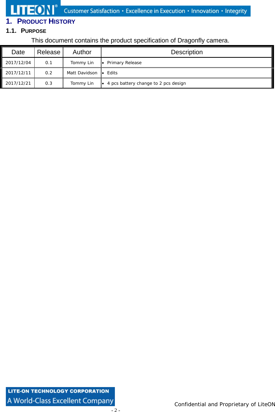                          Confidential and Proprietary of LiteON                         - 2 - 1.  PRODUCT HISTORY 1.1.  PURPOSE This document contains the product specification of Dragonfly camera. Date Release Author Description 2017/12/04 0.1 Tommy Lin • Primary Release 2017/12/11 0.2 Matt Davidson • Edits 2017/12/21 0.3 Tommy Lin • 4 pcs battery change to 2 pcs design      