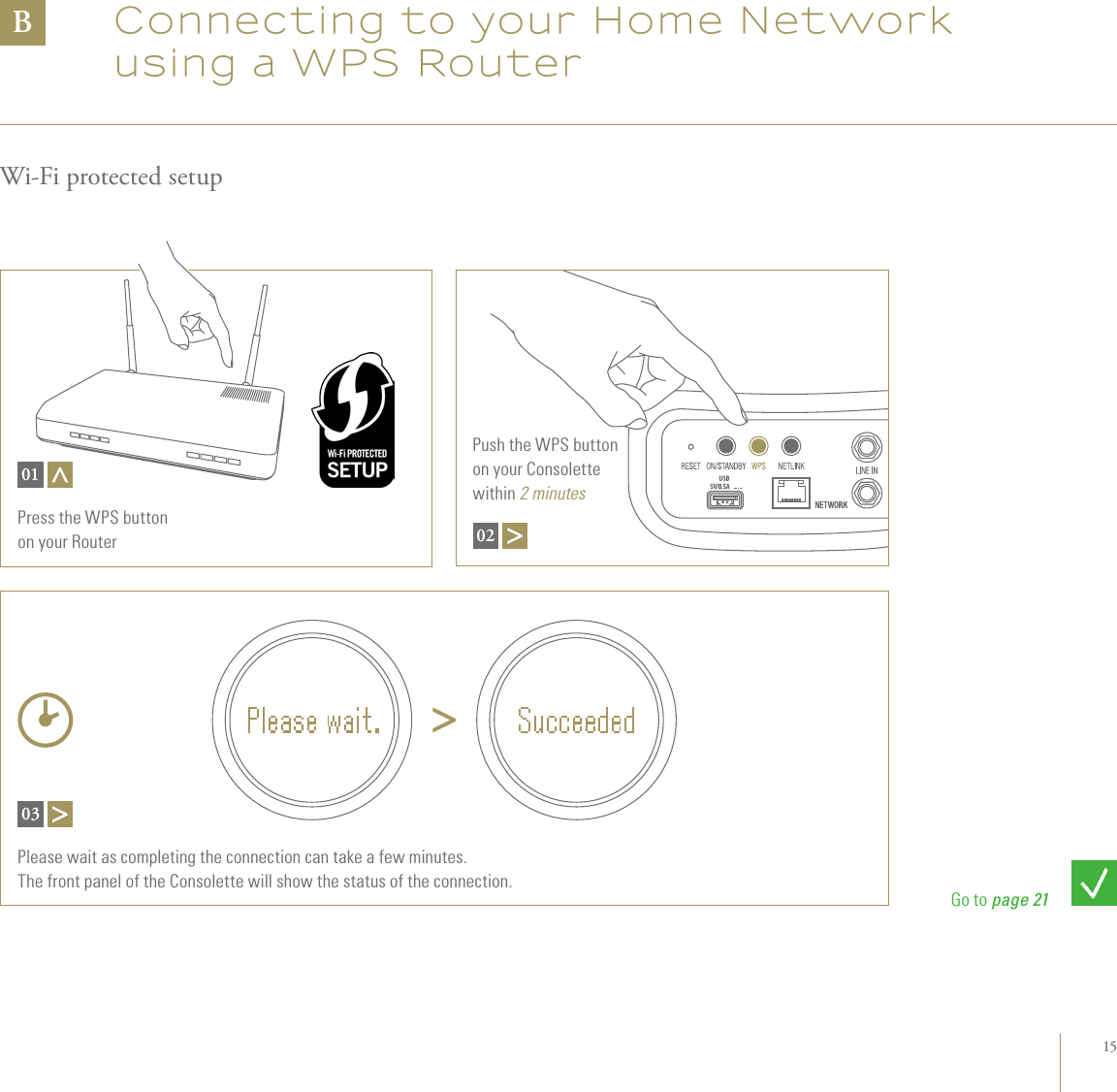 15Connecting to your Home Network using a WPS RouterWi-Fi protected setupBPush the WPS button  on your Consolette within 2 minutes02Please wait as completing the connection can take a few minutes.  The front panel of the Consolette will show the status of the connection.03Press the WPS button  on your Router01Go to page 21