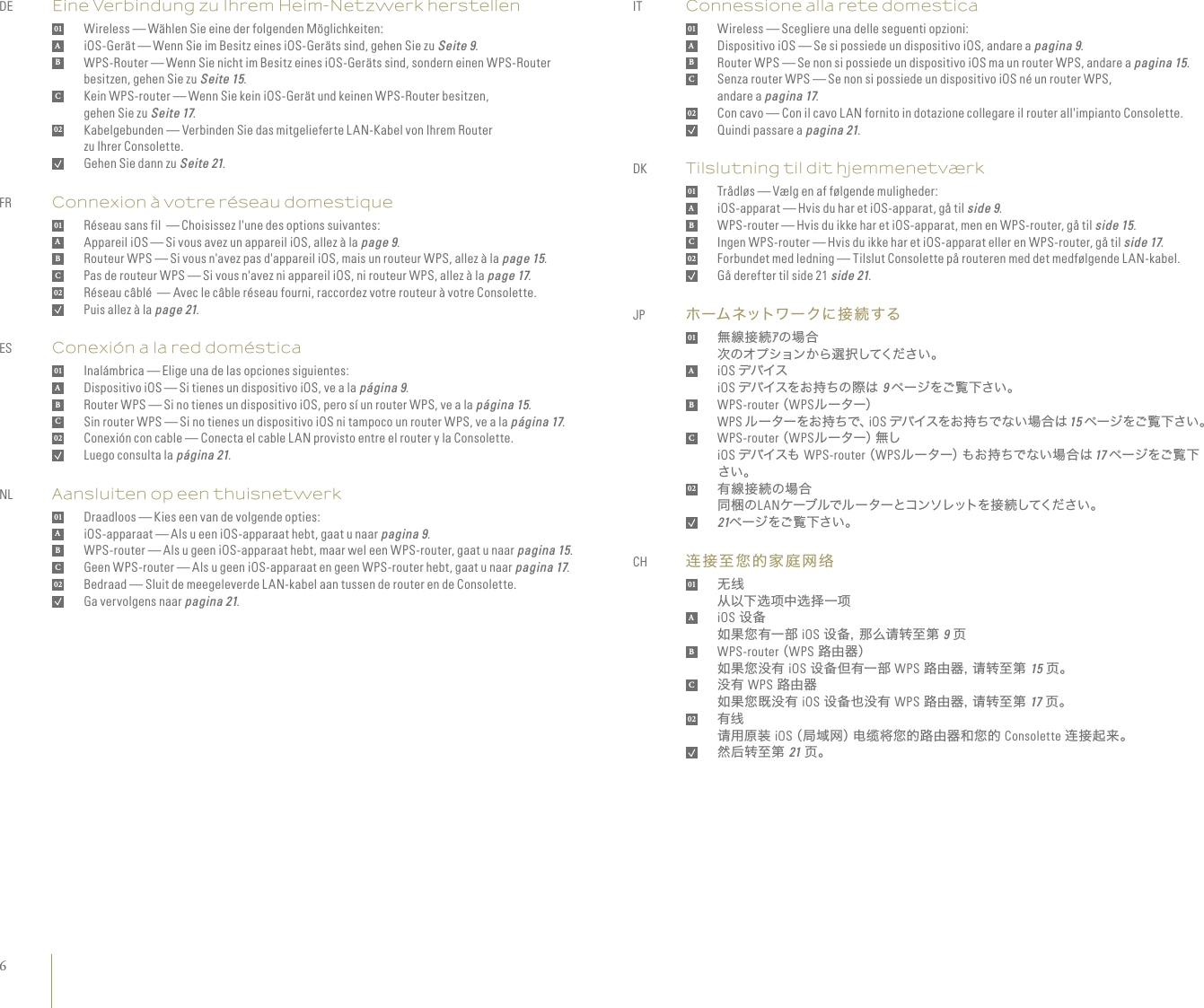 6Eine Verbindung zu Ihrem Heim-Netzwerk herstellen  01     Wireless — Wählen Sie eine der folgenden Möglichkeiten:A   iOS-Gerät — Wenn Sie im Besitz eines iOS-Geräts sind, gehen Sie zu Seite 9. B    WPS-Router — Wenn Sie nicht im Besitz eines iOS-Geräts sind, sondern einen WPS-Router besitzen, gehen Sie zu Seite 15.C   Kein WPS-router — Wenn Sie kein iOS-Gerät und keinen WPS-Router besitzen, gehen Sie zu Seite 17.02     Kabelgebunden — Verbinden Sie das mitgelieferte LAN-Kabel von Ihrem Router zu Ihrer Consolette.   Gehen Sie dann zu Seite 21. Connexion à votre réseau domestique  01    Réseau sans fil  — Choisissez l&apos;une des options suivantes:A   Appareil iOS — Si vous avez un appareil iOS, allez à la page 9.B   Routeur WPS — Si vous n&apos;avez pas d&apos;appareil iOS, mais un routeur WPS, allez à la page 15.C  Pas de routeur WPS — Si vous n&apos;avez ni appareil iOS, ni routeur WPS, allez à la page 17.02    Réseau câblé  — Avec le câble réseau fourni, raccordez votre routeur à votre Consolette.   Puis allez à la page 21. Conexión a la red doméstica  01    Inalámbrica — Elige una de las opciones siguientes:A   Dispositivo iOS — Si tienes un dispositivo iOS, ve a la página 9.B   Router WPS — Si no tienes un dispositivo iOS, pero sí un router WPS, ve a la página 15.C  Sin router WPS — Si no tienes un dispositivo iOS ni tampoco un router WPS, ve a la página 17.02    Conexión con cable — Conecta el cable LAN provisto entre el router y la Consolette.    Luego consulta la página 21. Aansluiten op een thuisnetwerk  01    Draadloos — Kies een van de volgende opties:A   iOS-apparaat — Als u een iOS-apparaat hebt, gaat u naar pagina 9.B   WPS-router — Als u geen iOS-apparaat hebt, maar wel een WPS-router, gaat u naar pagina 15.C  Geen WPS-router — Als u geen iOS-apparaat en geen WPS-router hebt, gaat u naar pagina 17.02    Bedraad — Sluit de meegeleverde LAN-kabel aan tussen de router en de Consolette.   Ga vervolgens naar pagina 21.DE ITFRDKESJPNLCHConnessione alla rete domestica  01     Wireless — Scegliere una delle seguenti opzioni:A   Dispositivo iOS — Se si possiede un dispositivo iOS, andare a pagina 9.B   Router WPS — Se non si possiede un dispositivo iOS ma un router WPS, andare a pagina 15.C   Senza router WPS — Se non si possiede un dispositivo iOS né un router WPS, andare a pagina 17.02    Con cavo — Con il cavo LAN fornito in dotazione collegare il router all&apos;impianto Consolette.   Quindi passare a pagina 21. Tilslutning til dit hjemmenetværk  01    Trådløs — Vælg en af følgende muligheder:A   iOS-apparat — Hvis du har et iOS-apparat, gå til side 9.B   WPS-router — Hvis du ikke har et iOS-apparat, men en WPS-router, gå til side 15.C  Ingen WPS-router — Hvis du ikke har et iOS-apparat eller en WPS-router, gå til side 17.02    Forbundet med ledning — Tilslut Consolette på routeren med det medfølgende LAN-kabel.   Gå derefter til side 21 side 21. ホームネットワークに接 続する   01     無線接続ｱの場合 次のオプションから選択してください。A    iOS デバイス iOS デバイスをお持ちの際は 9 ページをご覧下さい。B    WPS-router（WPSルーター） WPS ルーターをお持ちで、iOS デバイスをお持ちでない場合は 15 ページをご覧下さい。 C   WPS-router（WPSルーター）無し  iOS デバイスも WPS-router（WPSルーター）もお持ちでない場合は 17 ページをご覧下さい。02     有線接続の場合  同梱のLANケーブルでルーターとコンソレットを接続してください。   21ページをご覧下さい。 连接至您的 家 庭网络   01     无线从以下选项中选择一项A    iOS 设备如果您有一部  iOS 设备，那么请转至第  9 页B    WPS-router（WPS 路由器）如果您没有  iOS 设备但有一部 WPS 路由器，请转至第 15 页。 C   没有 WPS 路由器 如果您既没有  iOS 设备也没有 WPS 路由器，请转至第 17 页。02     有线 请用原装 iOS（局域网）电缆将您的路由器和您的 Consolette 连接起来。    然后转至第 21 页。 