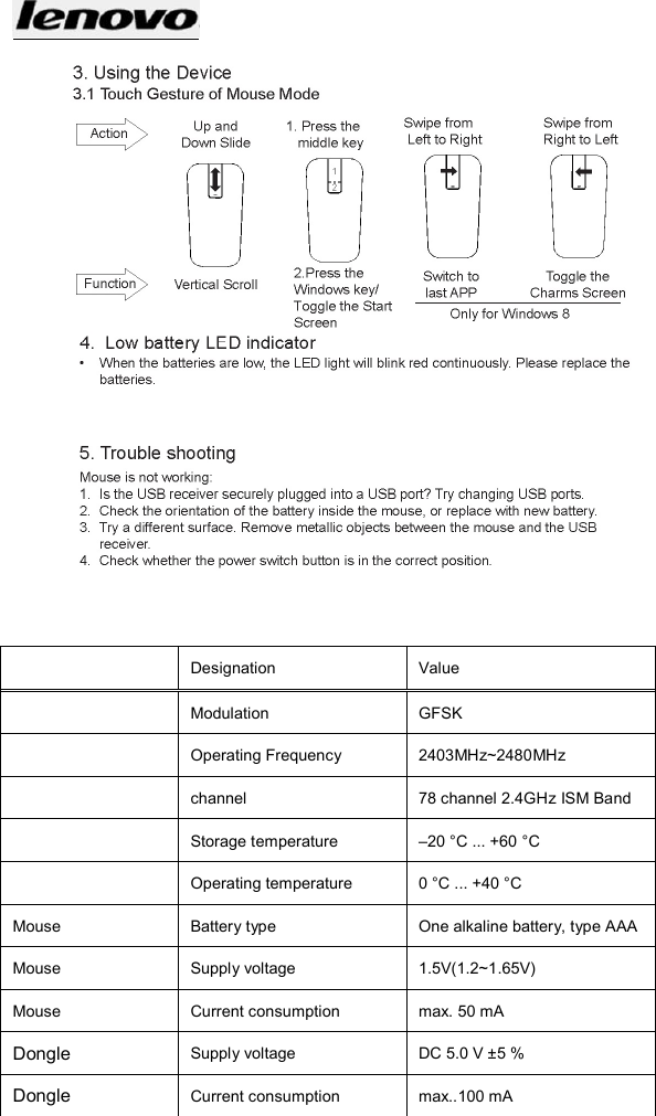     Designation    Value     Modulation  GFSK  Operating Frequency  2403MHz~2480MHz  channel  78 channel 2.4GHz ISM Band  Storage temperature    –20 °C ... +60 °C    Operating temperature    0 °C ... +40 °C   Mouse  Battery type    One alkaline battery, type AAA  Mouse  Supply voltage    1.5V(1.2~1.65V)   Mouse  Current consumption    max. 50 mA   Dongle Supply voltage    DC 5.0 V ±5 %   Dongle Current consumption    max..100 mA            