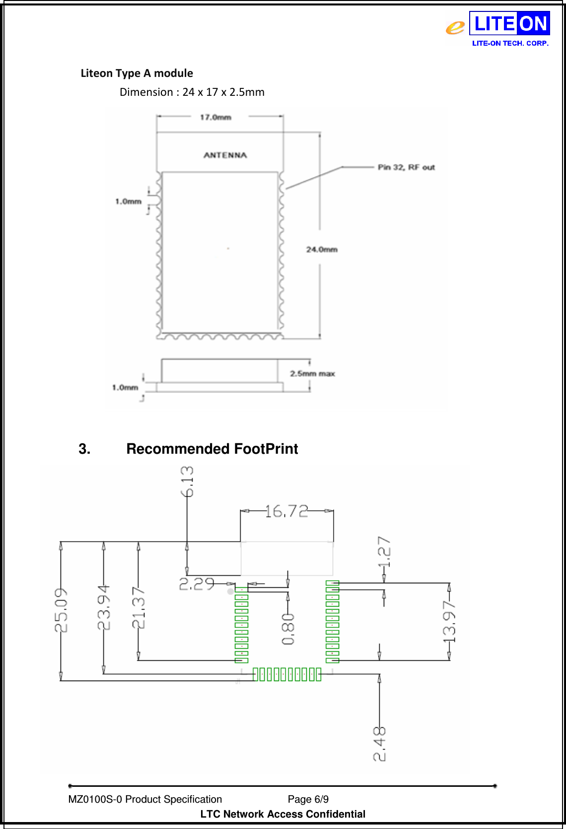   MZ0100S-0 Product Specification                Page 6/9                           LTC Network Access Confidential  Liteon Type A module Dimension : 24 x 17 x 2.5mm   3.  Recommended FootPrint 