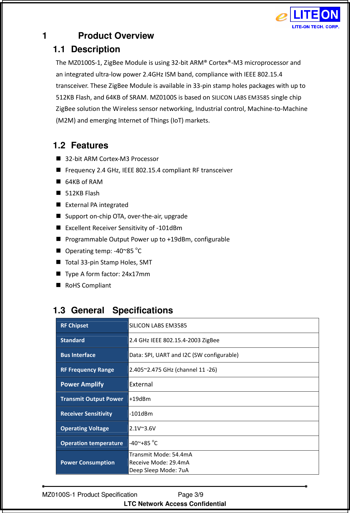 Page 3 of LITE ON TECHNOLOGY MZ0100S-1 Zigbee Module User Manual MZ0100S 1