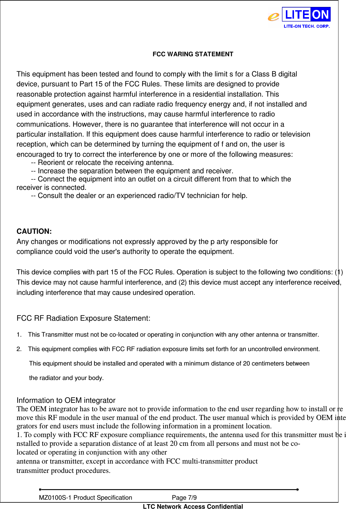 Page 7 of LITE ON TECHNOLOGY MZ0100S-1 Zigbee Module User Manual MZ0100S 1