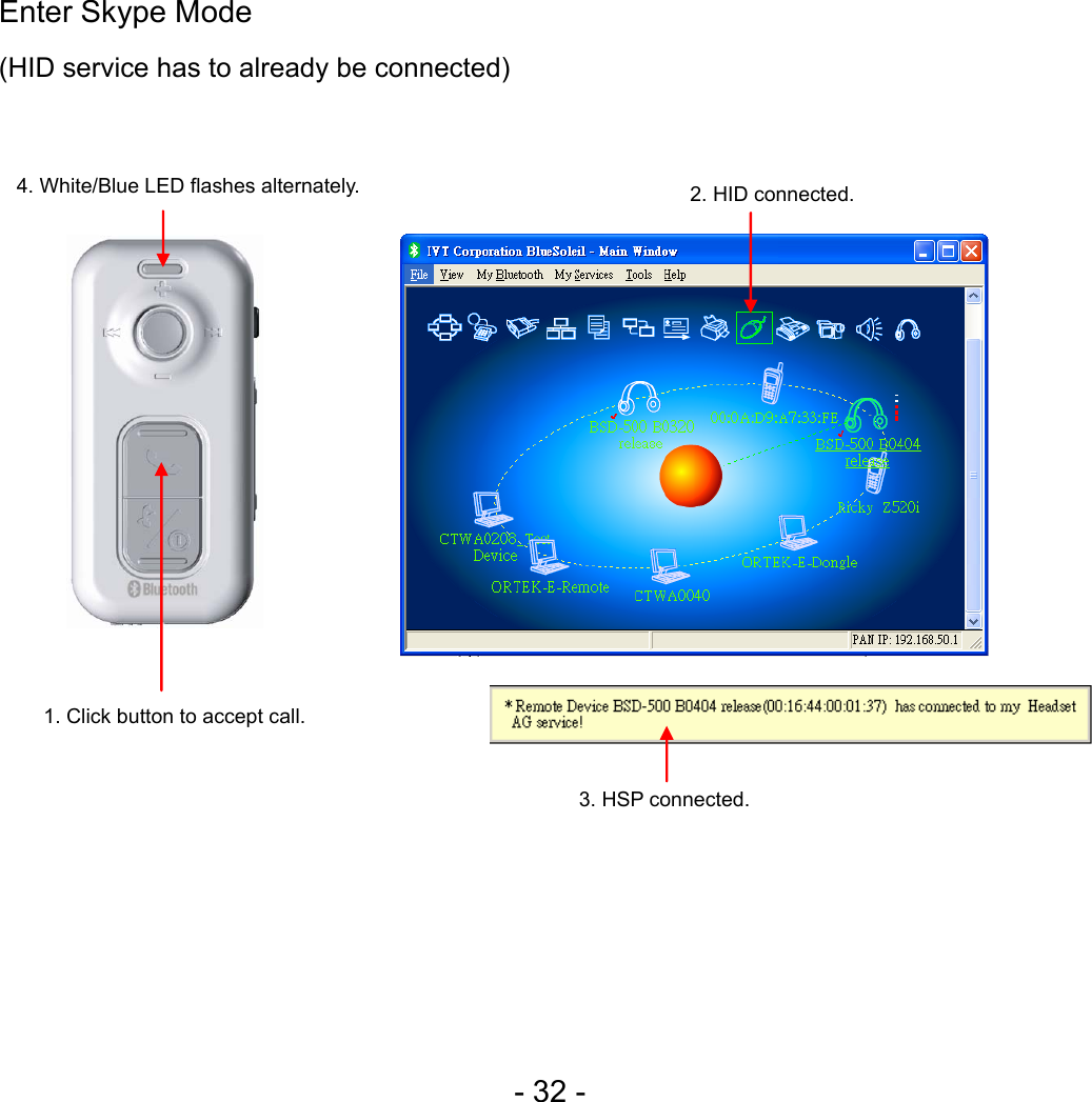  - 32 - Enter Skype Mode (HID service has to already be connected)        4. White/Blue LED flashes alternately. 1. Click button to accept call. 2. HID connected. 3. HSP connected. 