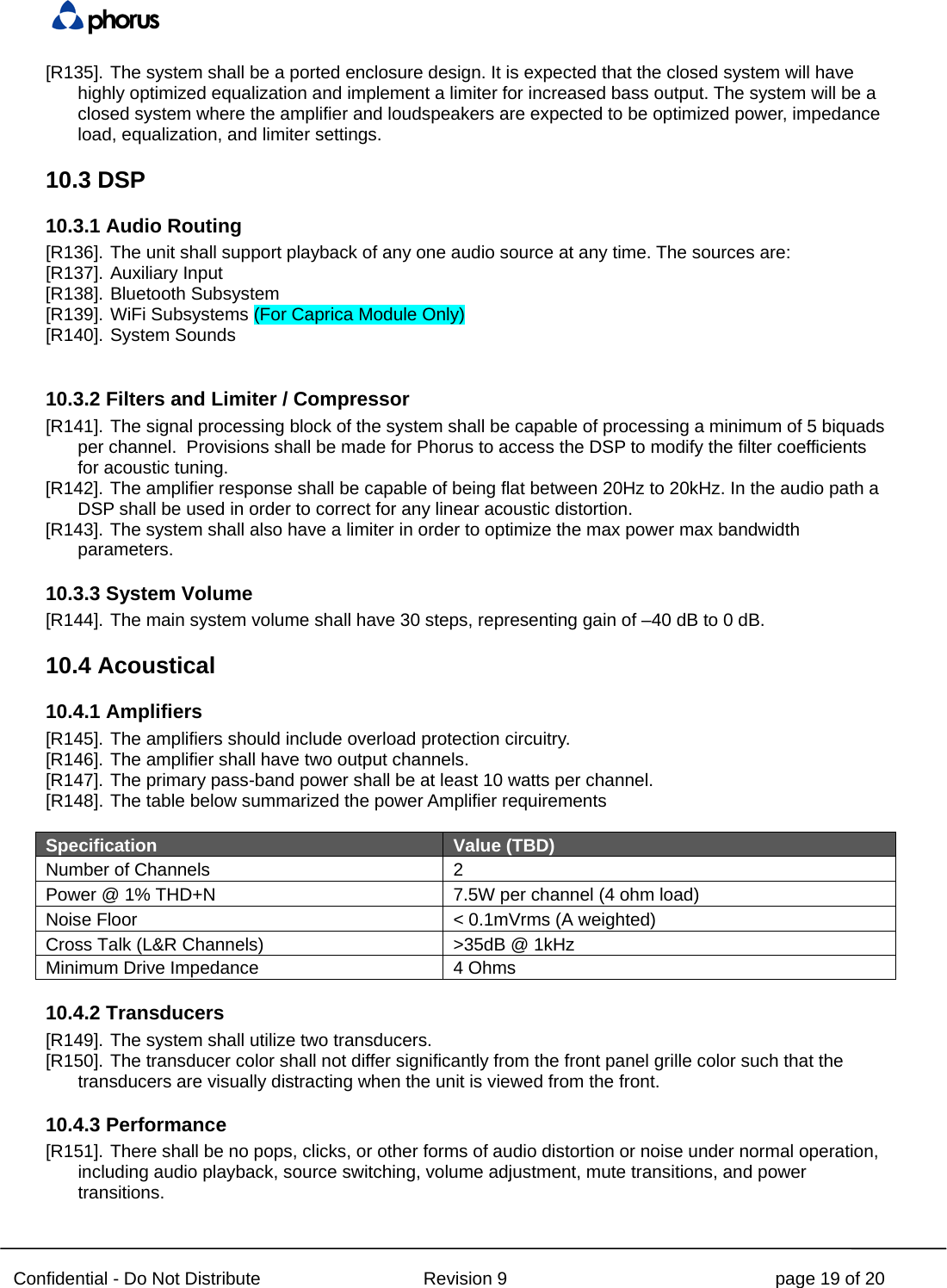  Confidential - Do Not Distribute Revision 9 page 19 of 20 [R135]. The system shall be a ported enclosure design. It is expected that the closed system will have highly optimized equalization and implement a limiter for increased bass output. The system will be a closed system where the amplifier and loudspeakers are expected to be optimized power, impedance load, equalization, and limiter settings. 10.3 DSP 10.3.1 Audio Routing [R136]. The unit shall support playback of any one audio source at any time. The sources are: [R137]. Auxiliary Input [R138]. Bluetooth Subsystem [R139]. WiFi Subsystems (For Caprica Module Only) [R140]. System Sounds  10.3.2 Filters and Limiter / Compressor [R141]. The signal processing block of the system shall be capable of processing a minimum of 5 biquads per channel.  Provisions shall be made for Phorus to access the DSP to modify the filter coefficients for acoustic tuning. [R142]. The amplifier response shall be capable of being flat between 20Hz to 20kHz. In the audio path a DSP shall be used in order to correct for any linear acoustic distortion. [R143]. The system shall also have a limiter in order to optimize the max power max bandwidth parameters. 10.3.3 System Volume [R144]. The main system volume shall have 30 steps, representing gain of –40 dB to 0 dB. 10.4 Acoustical 10.4.1 Amplifiers [R145]. The amplifiers should include overload protection circuitry. [R146]. The amplifier shall have two output channels. [R147]. The primary pass-band power shall be at least 10 watts per channel. [R148]. The table below summarized the power Amplifier requirements  Specification Value (TBD) Number of Channels 2 Power @ 1% THD+N 7.5W per channel (4 ohm load) Noise Floor &lt; 0.1mVrms (A weighted) Cross Talk (L&amp;R Channels) &gt;35dB @ 1kHz Minimum Drive Impedance 4 Ohms 10.4.2 Transducers [R149]. The system shall utilize two transducers. [R150]. The transducer color shall not differ significantly from the front panel grille color such that the transducers are visually distracting when the unit is viewed from the front. 10.4.3 Performance [R151]. There shall be no pops, clicks, or other forms of audio distortion or noise under normal operation, including audio playback, source switching, volume adjustment, mute transitions, and power transitions. 