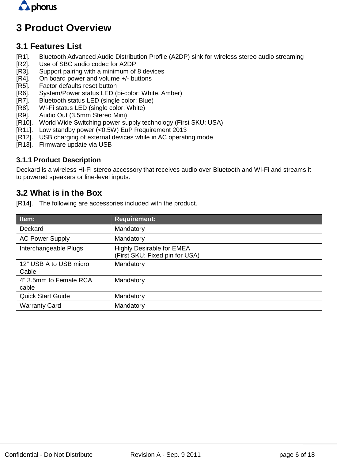  Confidential - Do Not Distribute Revision A - Sep. 9 2011 page 6 of 18 3 Product Overview 3.1 Features List [R1]. Bluetooth Advanced Audio Distribution Profile (A2DP) sink for wireless stereo audio streaming [R2]. Use of SBC audio codec for A2DP [R3]. Support pairing with a minimum of 8 devices [R4]. On board power and volume +/- buttons [R5]. Factor defaults reset button [R6]. System/Power status LED (bi-color: White, Amber) [R7]. Bluetooth status LED (single color: Blue) [R8]. Wi-Fi status LED (single color: White) [R9]. Audio Out (3.5mm Stereo Mini) [R10]. World Wide Switching power supply technology (First SKU: USA) [R11]. Low standby power (&lt;0.5W) EuP Requirement 2013 [R12]. USB charging of external devices while in AC operating mode [R13]. Firmware update via USB 3.1.1 Product Description Deckard is a wireless Hi-Fi stereo accessory that receives audio over Bluetooth and Wi-Fi and streams it to powered speakers or line-level inputs. 3.2 What is in the Box [R14]. The following are accessories included with the product.  Item: Requirement: Deckard Mandatory AC Power Supply Mandatory Interchangeable Plugs Highly Desirable for EMEA (First SKU: Fixed pin for USA) 12” USB A to USB micro Cable Mandatory 4&quot; 3.5mm to Female RCA cable Mandatory Quick Start Guide Mandatory Warranty Card Mandatory    