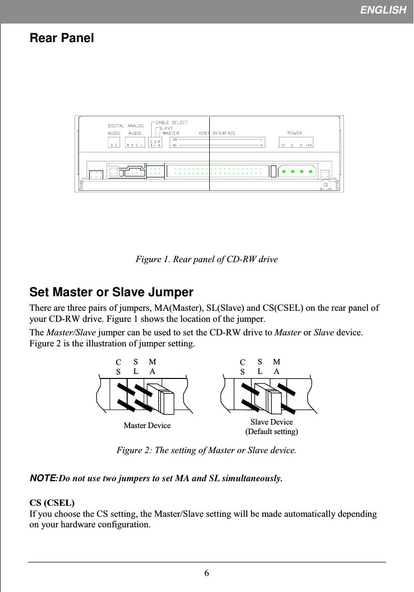 ?ENGLISHRear Panel&apos;(! )*Set Master or Slave Jumper&amp;&quot;.7+.0&quot;@=+@0@+@9=0 !;&amp;+,&amp; !+;1&amp;&apos;-. +!NOTE:Do not use two jumpers to set MA and SL simultaneously.(@&quot;.%@