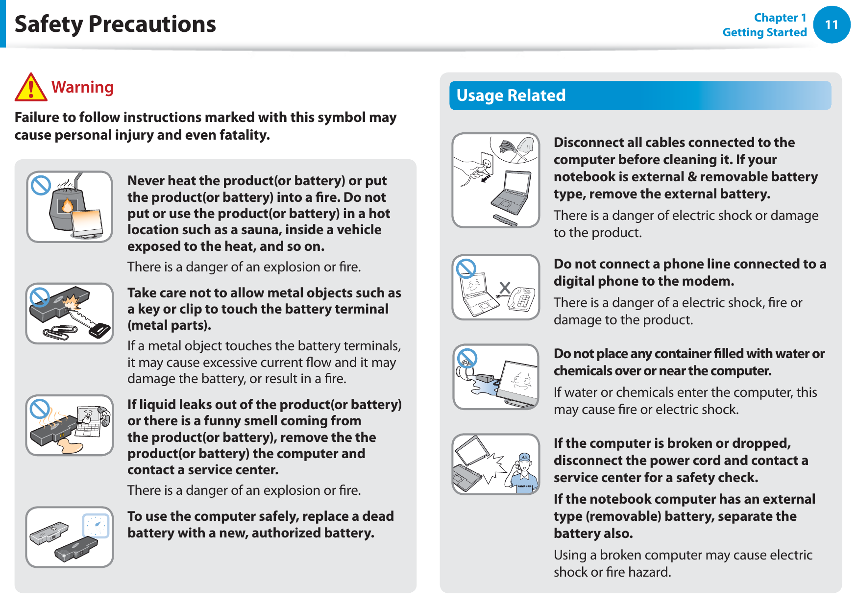 11Chapter 1 Getting StartedUsage RelatedDisconnect all cables connected to the computer before cleaning it. If your notebook is external &amp; removable battery type, remove the external battery.There is a danger of electric shock or damage to the product.Do not connect a phone line connected to a digital phone to the modem.There is a danger of a electric shock, re or damage to the product.Do not place any container lled with water or chemicals over or near the computer.If water or chemicals enter the computer, this may cause re or electric shock.If the computer is broken or dropped, disconnect the power cord and contact a service center for a safety check.If the notebook computer has an external type (removable) battery, separate the battery also.Using a broken computer may cause electric shock or re hazard.Never heat the product(or battery) or put the product(or battery) into a re. Do not put or use the product(or battery) in a hot location such as a sauna, inside a vehicle exposed to the heat, and so on.There is a danger of an explosion or re.Take care not to allow metal objects such as a key or clip to touch the battery terminal (metal parts).If a metal object touches the battery terminals, it may cause excessive current ow and it may damage the battery, or result in a re.If liquid leaks out of the product(or battery) or there is a funny smell coming from the product(or battery), remove the the product(or battery) the computer and contact a service center.There is a danger of an explosion or re.To use the computer safely, replace a dead battery with a new, authorized battery.Safety Precautions WarningFailure to follow instructions marked with this symbol may cause personal injury and even fatality.