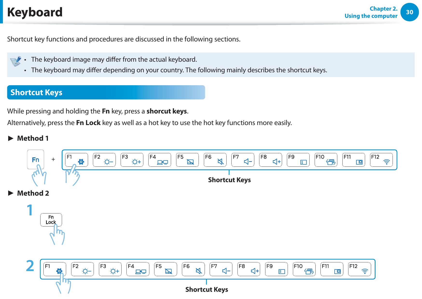 30Chapter 2.  Using the computerKeyboardShortcut key functions and procedures are discussed in the following sections.The keyboard image may dier from the actual keyboard.t The keyboard may dier depending on your country. The following mainly describes the shortcut keys.t Shortcut KeysWhile pressing and holding the Fn key, press a shorcut keys.Alternatively, press the Fn Lock key as well as a hot key to use the hot key functions more easily.► Method 1Shortcut Keys► Method 21   2 Shortcut Keys