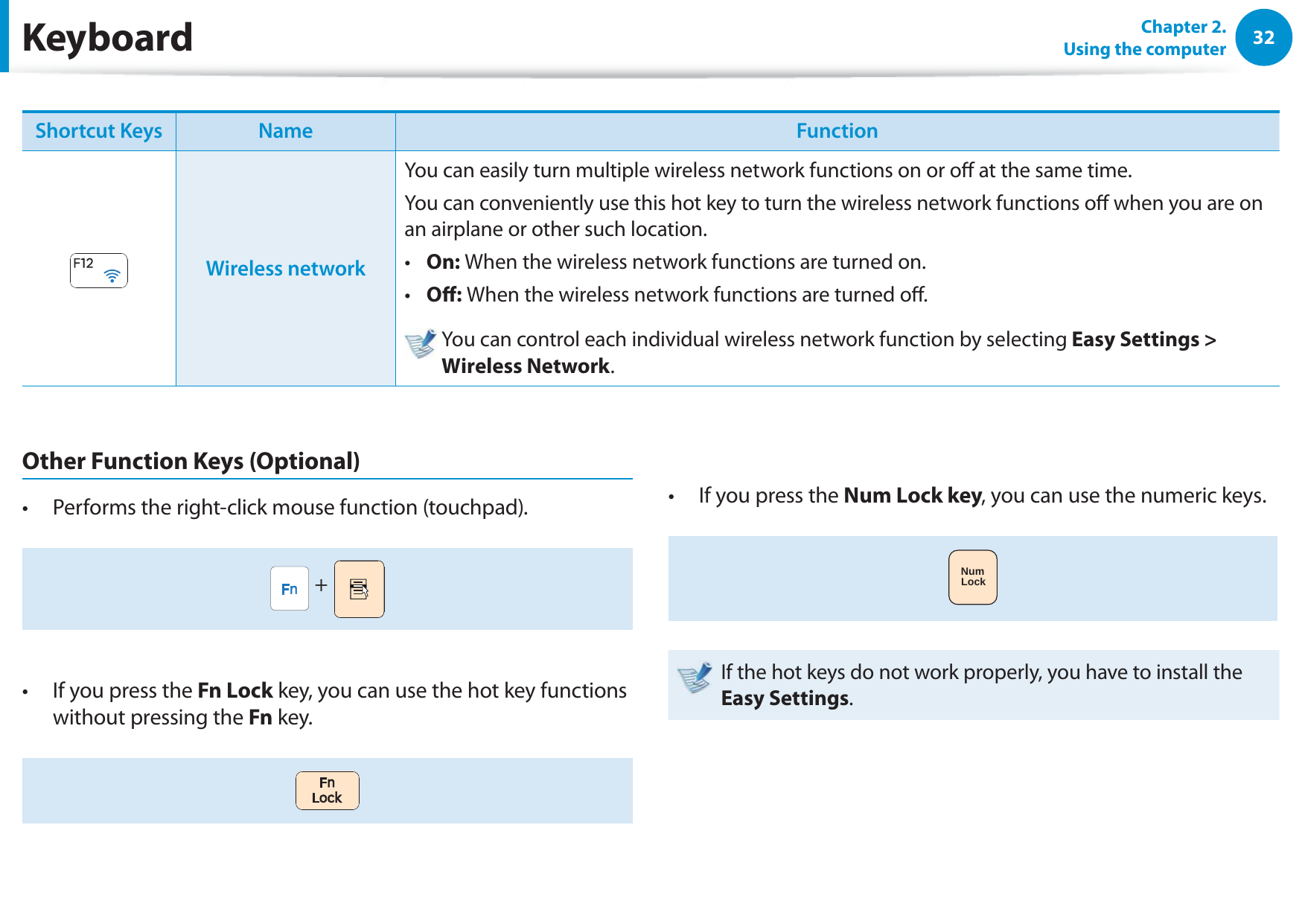 32Chapter 2.  Using the computerShortcut Keys Name FunctionWireless networkYou can easily turn multiple wireless network functions on or o at the same time.You can conveniently use this hot key to turn the wireless network functions o when you are on an airplane or other such location.On:t   When the wireless network functions are turned on.O:t   When the wireless network functions are turned o.  You can control each individual wireless network function by selecting Easy Settings &gt; Wireless Network.KeyboardOther Function Keys (Optional)Performs the right-click mouse function (touchpad).t  + If you press the t Fn Lock key, you can use the hot key functions without pressing the Fn key.If you press the t Num Lock key, you can use the numeric keys.NumLockIf the hot keys do not work properly, you have to install the Easy Settings.