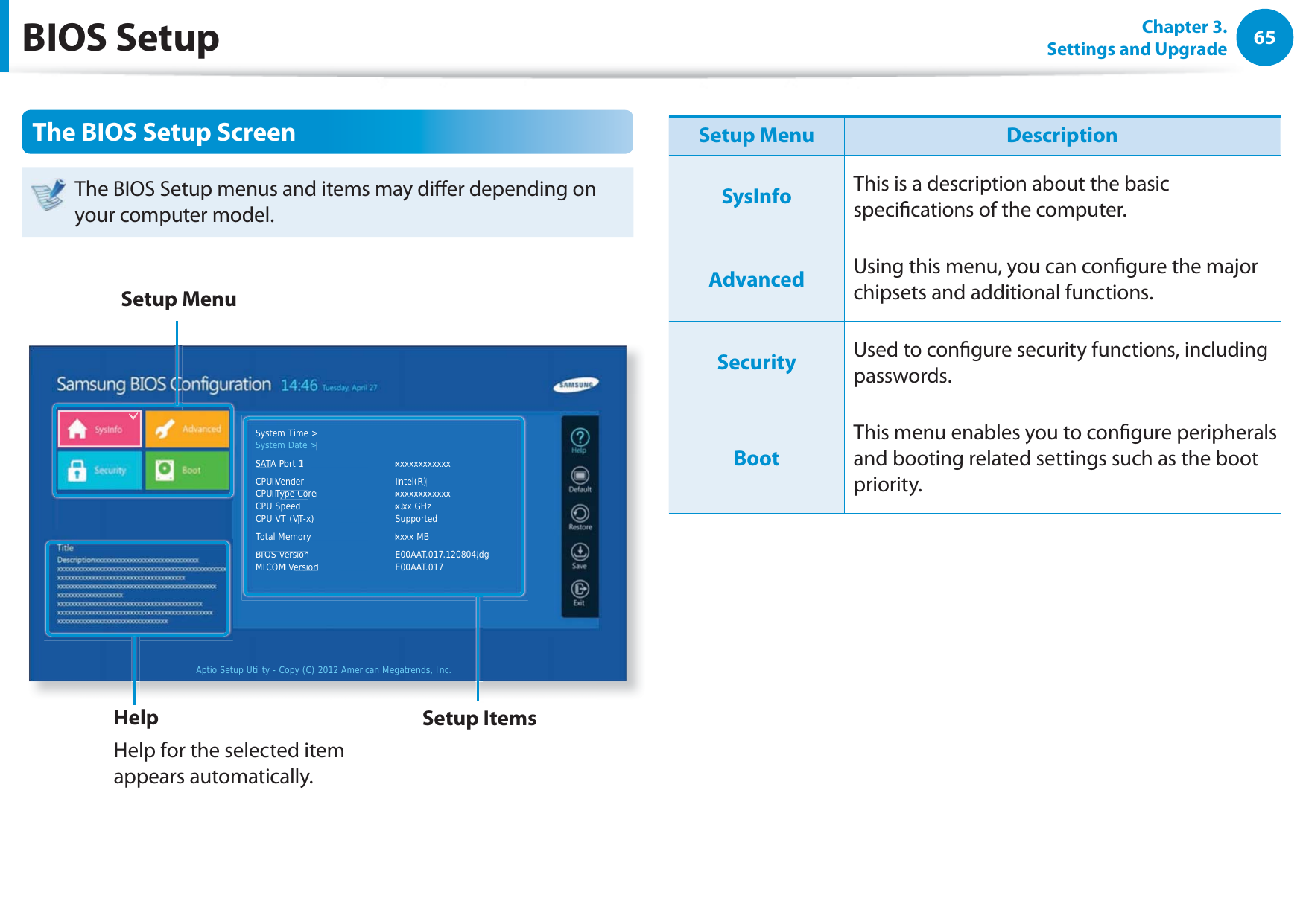 65Chapter 3. Settings and UpgradeThe BIOS Setup ScreenThe BIOS Setup menus and items may dier depending on your computer model.System Time &gt;System Date &gt;SATA Port 1    xxxxxxxxxxxxCPU Vender    Intel(R)CPU Type Core      xxxxxxxxxxxxCPU Speed    x.xx GHzCPU VT (VT-x)      SupportedTotal Memory    xxxx MBBIOS Version    E00AAT.017.120804.dgMICOM Version     E00AAT.017Aptio Setup Utility - Copy (C) 2012 American Megatrends, Inc.System Time &gt;System Date &gt;SATA TTPort 1   xxxxxxxxxxxxCPUVenderVV Intel(R)CPU Type CoTTre   xxxxxxxxxxxxCPU Speed   x.xx GHzCPU VT (VT-x) VV  SupportedTotal Memory    xxxxMBBIOSVersionVV   E00AAT.017.120804.dgMICOMVersionVV  E00AAT.017Setup MenuSetup ItemsHelpHelp for the selected item appears automatically.Setup Menu DescriptionSysInfo This is a description about the basic specications of the computer.Advanced Using this menu, you can congure the major chipsets and additional functions.Security Used to congure security functions, including passwords.BootThis menu enables you to congure peripherals and booting related settings such as the boot priority.BIOS Setup
