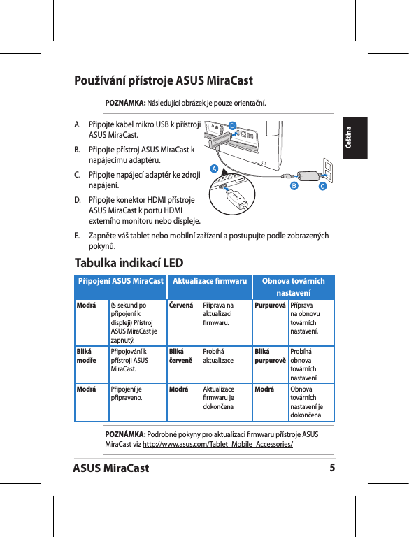 ASUS MiraCast5ČeštinaPoužívání přístroje ASUS MiraCastPOZNÁMKA: Následující obrázek je pouze orientační.A.  Připojte kabel mikro USB k přístroji ASUS MiraCast.B.  Připojte přístroj ASUS MiraCast k napájecímu adaptéru.C.   Připojte napájecí adaptér ke zdroji napájení.D.   Připojte konektor HDMI přístroje ASUS MiraCast k portu HDMI externího monitoru nebo displeje.E.   Zapněte váš tablet nebo mobilní zařízení a postupujte podle zobrazených pokynů.POZNÁMKA: Podrobné pokyny pro aktualizaci rmwaru přístroje ASUS MiraCast viz http://www.asus.com/Tablet_Mobile_Accessories/Připojení ASUS MiraCast Aktualizace rmwaru Obnova továrních nastaveníModrá  (5 sekund po připojení k displeji) Přístroj ASUS MiraCast je zapnutý.Červená Příprava na aktualizaci rmwaru.Purpurová Příprava na obnovu továrních nastavení.Bliká modřePřipojování k přístroji ASUS MiraCast.Bliká červeněProbíhá aktualizaceBliká purpurověProbíhá obnova továrních nastaveníModrá Připojení je připraveno.Modrá Aktualizace rmwaru je dokončenaModrá Obnova továrních nastavení je dokončenaTabulka indikací LED