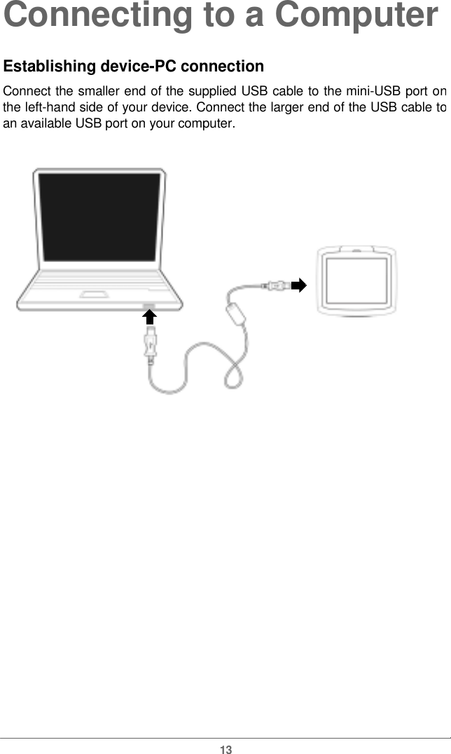  Connecting to a ComputerEstablishing device-PC connection  Connect the smaller end of the supplied USB cable to the mini-USB port onthe left-hand side of your device. Connect the larger end of the USB cable toan available USB port on your computer. 13