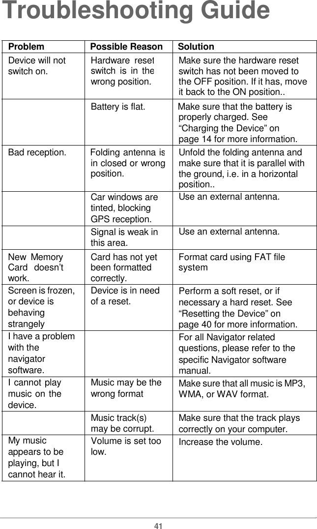  Troubleshooting GuideProblem Possible Reason SolutionDevice will not switch on.  Hardware resetswitch is in thewrongposition.Make sure the hardware reset switch has not been moved to the OFF position. If it has, move it back to the ON position.. Battery is flat.  Make sure that the battery is properly charged. See “Charging the Device” on page 14 for moreinformation.Bad reception.  Folding antenna isin closed or wrongposition.  Car windows are tinted, blocking GPS reception. Signal is weak in this area. Unfold the folding antenna and make sure that it is parallel with the ground, i.e. in a horizontal position.. Use an external antenna.    Use an external antenna. New Memory Card doesn’t work. Screen is frozen, or device is behaving strangely I have a problem with the navigator software. I cannot play music on the device.   My music appears to be playing, but I cannot hear it. Card has not yet been formatted correctly. Device is in need of a reset.        Music may be the wrong format  Music track(s) may be corrupt.Volume is set too low. Format card using FAT file system  Perform a soft reset, or if necessary a hard reset. See “Resetting the Device” on page 40 for more information. For all Navigator related questions, please refer to the specific Navigator software manual. Make sure that all music is MP3, WMA, or WAV format.  Make sure that the track plays correctly on your computer. Increase the volume.41