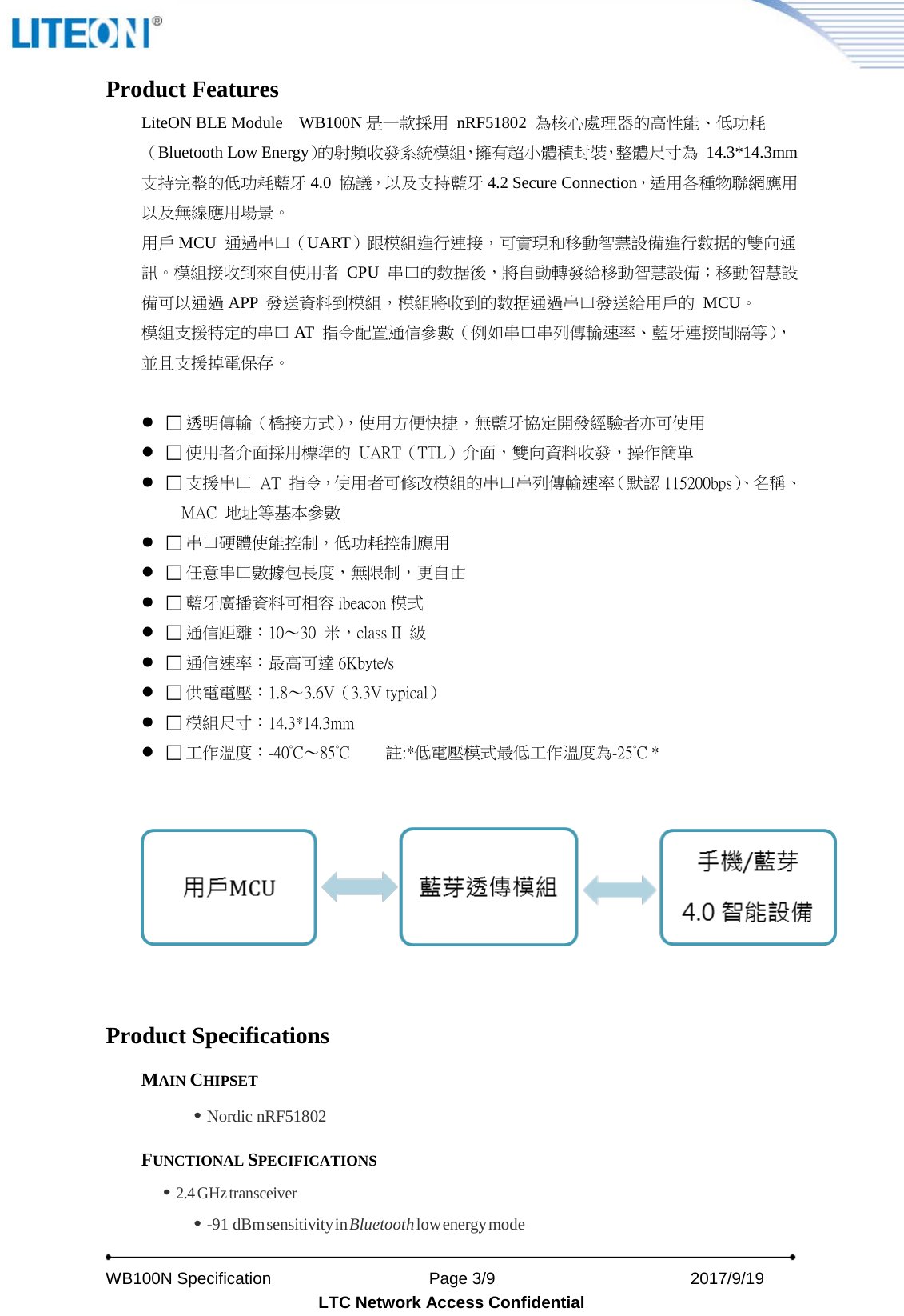   WB100N Specification                    Page 3/9                          2017/9/19   LTC Network Access Confidential Product Features LiteON BLE Module    WB100N 是一款採用 nRF51802  為核心處理器的高性能、低功耗（Bluetooth Low Energy）的射頻收發系統模組，擁有超小體積封裝，整體尺寸為 14.3*14.3mm支持完整的低功耗藍牙 4.0  協議，以及支持藍牙 4.2 Secure Connection，适用各種物聯網應用以及無線應用場景。 用戶 MCU  通過串口（UART）跟模組進行連接，可實現和移動智慧設備進行数据的雙向通訊。模組接收到來自使用者 CPU  串口的数据後，將自動轉發給移動智慧設備；移動智慧設備可以通過 APP  發送資料到模組，模組將收到的数据通過串口發送給用戶的 MCU。 模組支援特定的串口 AT  指令配置通信參數（例如串口串列傳輸速率、藍牙連接間隔等），並且支援掉電保存。     透明傳輸（橋接方式），使用方便快捷，無藍牙協定開發經驗者亦可使用   使用者介面採用標準的 UART（TTL）介面，雙向資料收發，操作簡單   支援串口 AT  指 令，使用者可修改模組的串口串列傳輸速率（默認 115200bps）、 名 稱 、MAC  地址等基本參數   串口硬體使能控制，低功耗控制應用   任意串口數據包長度，無限制，更自由   藍牙廣播資料可相容 ibeacon 模式   通信距離：10～30  米，class II  級   通信速率：最高可達 6Kbyte/s   供電電壓：1.8～3.6V（3.3V typical）   模組尺寸：14.3*14.3mm   工作溫度：-40°C～85°C   註:*低電壓模式最低工作溫度為-25°C *  Product Specifications MAIN CHIPSET • Nordic nRF51802 FUNCTIONAL SPECIFICATIONS • 2.4 GHz transceiver • -91 dBm sensitivity in Bluetooth low energy mode 
