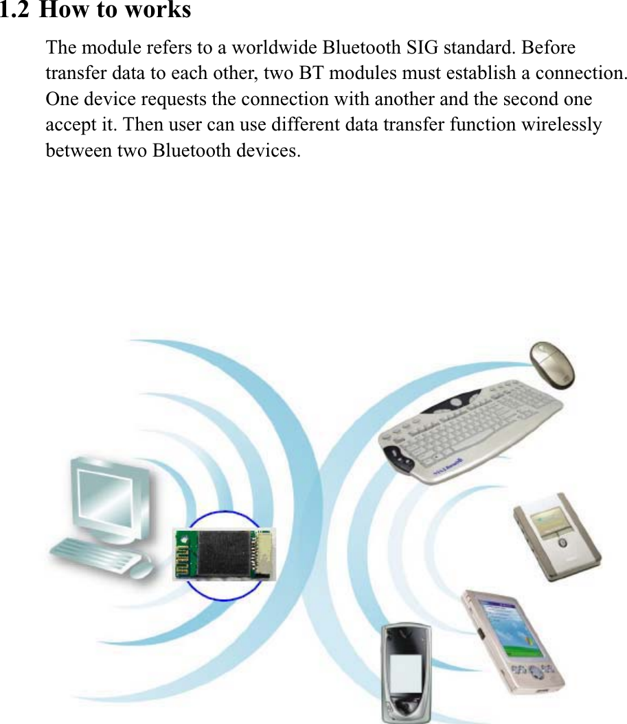 1.2 How to works The module refers to a worldwide Bluetooth SIG standard. Before transfer data to each other, two BT modules must establish a connection. One device requests the connection with another and the second one accept it. Then user can use different data transfer function wirelessly between two Bluetooth devices.   