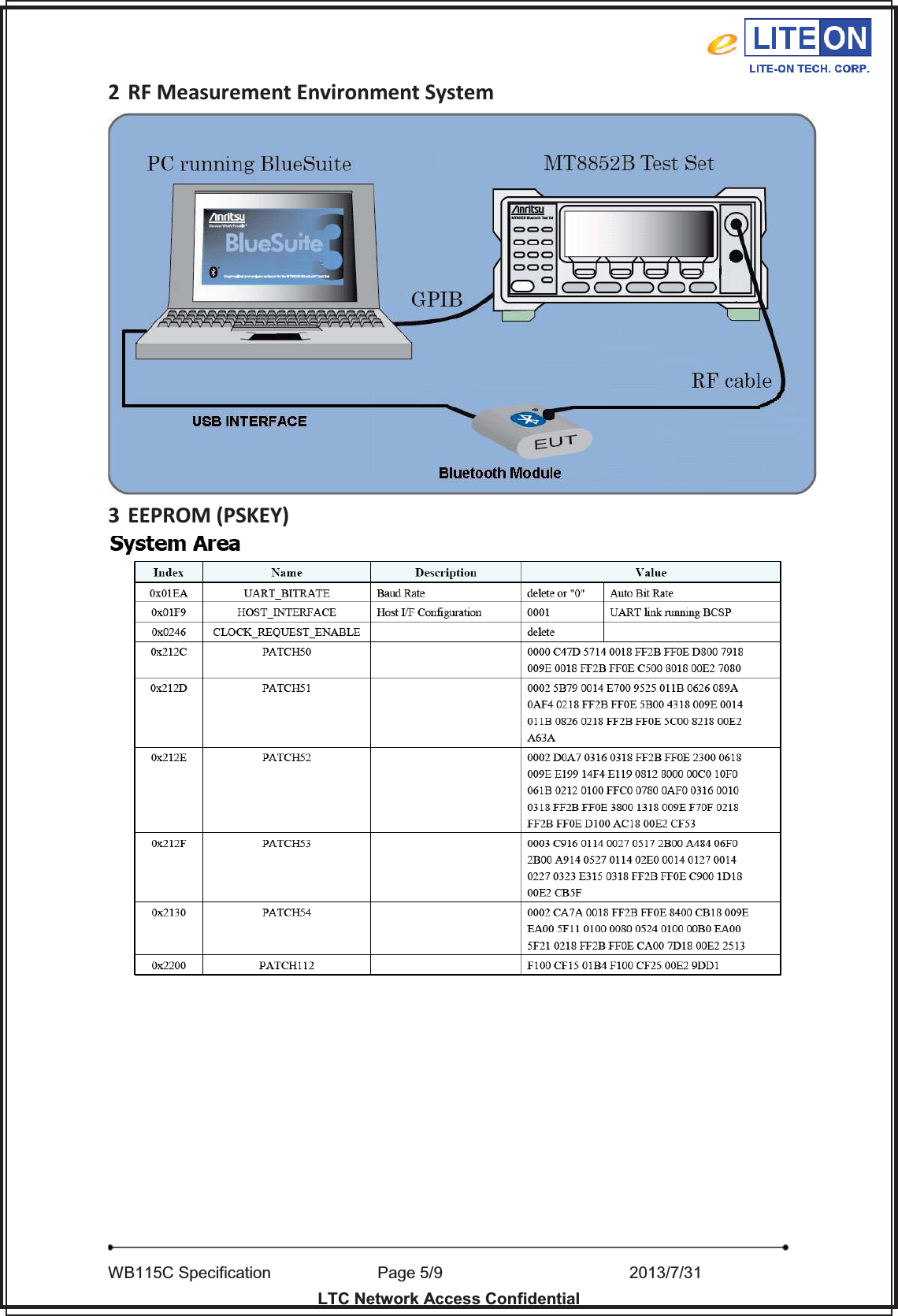   WB115C Specification        Page 5/9                    2013/7/31  LTC Network Access Confidential 2 RF Measurement Environment System 3 EEPROM (PSKEY) 